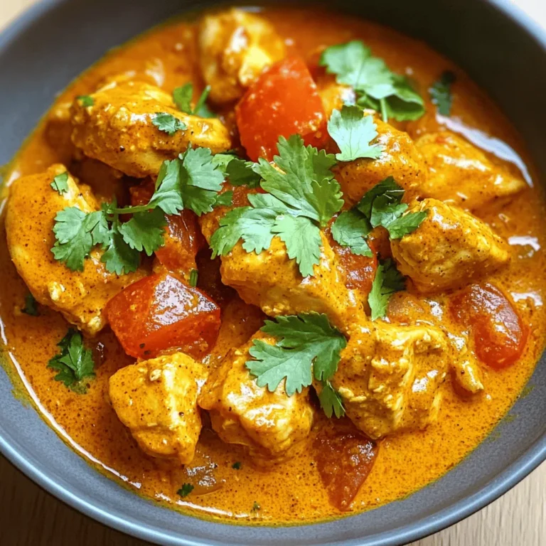- 500g chicken breast, cut into bite-sized pieces - 200g plain yogurt - 2 tablespoons lemon juice - 2 tablespoons garam masala - 1 teaspoon ground cumin - 1 teaspoon ground coriander - 1 teaspoon turmeric powder - 1 teaspoon chili powder - 3 tablespoons vegetable oil - 1 onion, finely chopped - 4 cloves garlic, minced - 1 inch ginger, grated - 1 can (400g) diced tomatoes - 200ml coconut milk - Salt to taste The main ingredients create a bold and rich flavor. The chicken breast provides lean protein, while the yogurt helps tenderize the meat. The spices like garam masala, cumin, and chili powder bring heat and depth. Each ingredient plays a role in making this dish truly special. - Fresh coriander leaves Fresh coriander leaves add a pop of color and a burst of freshness. They balance the richness of the sauce and enhance the dish's aroma. You can sprinkle them on top just before serving. This simple step elevates your presentation and flavor. Using quality ingredients makes a big difference in taste. Fresh and vibrant spices will bring out the best in this Chicken Tikka Masala. Enjoy crafting this dish and savoring the delightful blend of flavors! To make the marinade, you need to mix yogurt, lemon juice, and spices. In a bowl, combine: - 200g plain yogurt - 2 tablespoons lemon juice - 2 tablespoons garam masala - 1 teaspoon ground cumin - 1 teaspoon ground coriander - 1 teaspoon turmeric powder - 1 teaspoon chili powder Stir well until all the spices blend with the yogurt. This mix adds great taste to the chicken. After preparing the marinade, it’s time to marinate the chicken. Take 500g of chicken breast, cut into bite-sized pieces, and add it to your marinade. Make sure each piece is well coated. Cover the bowl with plastic wrap. For the best flavor, let it marinate in the fridge for at least one hour. If you have time, marinate it overnight. This helps the chicken absorb the spices fully. Now, let’s cook! Start by heating 3 tablespoons of vegetable oil in a large pan over medium heat. - Add 1 finely chopped onion and sauté for about 5-7 minutes until it turns golden brown. - Next, stir in 4 minced garlic cloves and 1 inch of grated ginger. Cook for another 2-3 minutes until you smell a lovely aroma. Next, it’s time for the marinated chicken. Add it to the pan, including all the marinade. Cook it for about 10-12 minutes. You want the chicken to be cooked through and start browning. Now, pour in one can of diced tomatoes (400g). Bring this to a simmer and cook for 5-7 minutes until the sauce thickens a bit. Finally, stir in 200ml of coconut milk. Season with salt to taste and let it simmer for another 5 minutes. This creates a rich, creamy sauce that pairs perfectly with the chicken. Now you’re ready to serve and enjoy your Chicken Tikka Masala! To cook chicken perfectly, focus on time and temperature. Aim for a cooking time of 10-12 minutes for bite-sized pieces. Ensure the chicken reaches an internal temperature of 165°F (75°C). This keeps it juicy and safe to eat. If you prefer a slightly charred flavor, increase the heat toward the end. Just watch closely to avoid burning. Want to make your Chicken Tikka Masala unique? Adjust spices to suit your taste. For a milder dish, cut back on chili powder. If you crave more heat, add a pinch of cayenne. You can also experiment with fresh herbs like mint or cilantro. These additions can brighten the dish and add freshness. Taste as you go to find the best balance for you. Serving is just as important as cooking. Consider using a shallow bowl for a modern look. Pour the Chicken Tikka Masala over fluffy basmati rice or alongside warm naan. Add a sprinkle of fresh coriander leaves on top for color. A wedge of lemon on the side can add a splash of brightness. This not only looks great but enhances the meal's flavor too. {{image_2}} You can easily make a vegetarian version of Chicken Tikka Masala. Just swap the chicken for paneer or tofu. Paneer is a soft cheese that holds up well in cooking. Tofu is a great option for a lighter dish. Both absorb flavors well, making your meal tasty. Cut paneer or tofu into bite-sized pieces. Marinate them just like the chicken. Use the same yogurt and spices for flavor. Adjusting the spice level is simple. For a milder dish, cut back on the chili powder. You can also add more coconut milk to tone down the heat. If you like it spicier, add extra chili powder or fresh chilies. Taste as you go, so you find your perfect heat. You can cook Chicken Tikka Masala in different ways. A slow cooker makes it easy. Just add all the ingredients and let it cook for several hours. This method creates deep flavors. If you prefer a stovetop method, follow the recipe. It takes less time and gives you control over the cooking process. Both ways yield delicious results, so choose what fits your schedule. To keep your Chicken Tikka Masala fresh, proper storage matters. First, let the dish cool completely. Then, transfer it to an airtight container. You can refrigerate it for up to three days. If you want to store it longer, freeze it. Place the cooled Chicken Tikka Masala in a freezer-safe container. It can last for up to three months in the freezer. Reheating Chicken Tikka Masala should be done gently to keep its flavor and texture. If you stored it in the fridge, heat it in a pan over medium heat. Stir it occasionally to heat evenly. Add a splash of water or coconut milk if it seems thick. If reheating from frozen, thaw it in the fridge overnight first. Then, follow the same pan method. You can also use a microwave. Heat it in short bursts, stirring in between. This will help keep the chicken juicy and the sauce creamy. Marinate the chicken for at least one hour. For the best flavor, marinate overnight. This allows the spices to soak into the chicken. The yogurt also helps make the meat tender. A longer marination time results in a juicier dish. Yes, you can use chicken thighs. They add more flavor and stay moist. Thighs have a richer taste compared to breasts. This change works well in Chicken Tikka Masala. Just ensure they cook the same way. Serve your Chicken Tikka Masala with rice or naan. Basmati rice is a great choice. It soaks up the sauce well. You can also add a side of cucumber salad. This adds a refreshing crunch. Pairing with yogurt sauce can balance the spice. Enjoy your meal! You can make Chicken Tikka Masala easily with the right ingredients and steps. Use chicken breast, yogurt, and spices for a tasty dish. Marinate your chicken well for full flavor. Cook it just right, and don’t forget garnishes for that fresh touch. You can even try vegetarian options or adjust spice levels to fit your taste. Remember to store it properly for the best experience. Use this guide to enhance your cooking. Enjoy making this dish as much as you enjoy eating it!