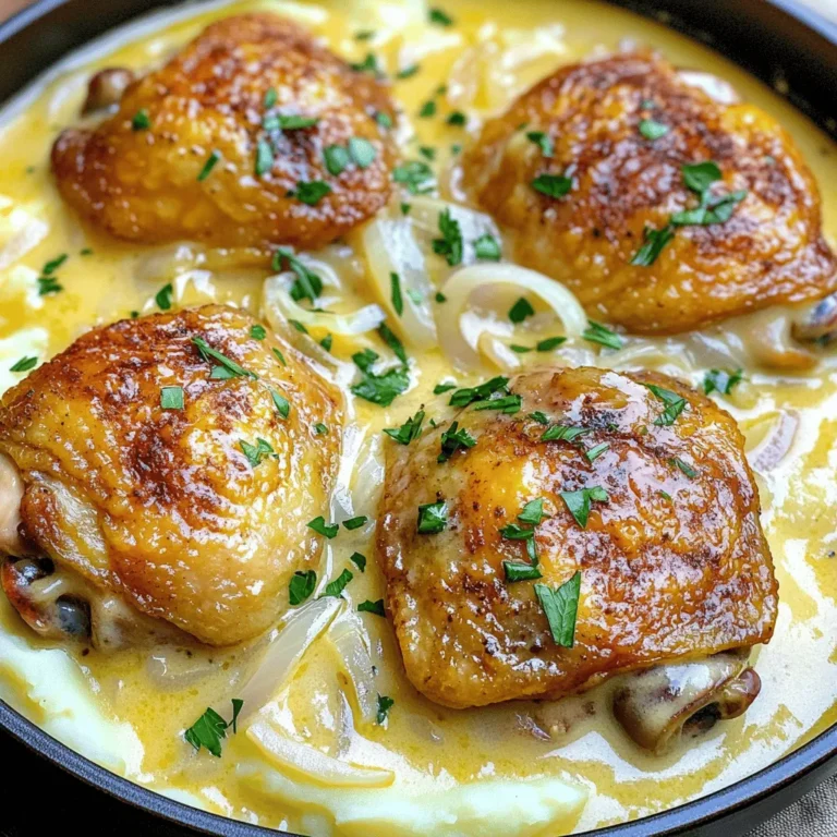 - 4 chicken thighs, skin-on and bone-in - 1 teaspoon salt - 1/2 teaspoon black pepper - 1 teaspoon garlic powder - 1 teaspoon onion powder - 2 tablespoons vegetable oil - 1 medium onion, sliced - 3 cloves garlic, minced - 1 cup chicken broth - 1 cup heavy cream - 1 teaspoon smoked paprika - 1 tablespoon Worcestershire sauce - 1/2 teaspoon cayenne pepper (optional, for heat) - Fresh parsley, chopped (for garnish) Chicken thighs bring rich flavor and tenderness. The skin adds a crunchy bite. Salt and pepper enhance the chicken's taste. Garlic and onion powders give a punch of flavor. Vegetable oil helps achieve a nice sear. Slicing the onion and mincing the garlic makes them cook evenly. Chicken broth adds depth to the sauce. Heavy cream gives the dish its creamy texture. Smoked paprika adds a hint of smokiness. Worcestershire sauce brings umami and balance. Cayenne pepper is optional for those who like heat. Fresh parsley brightens the dish and adds color. If you don't have chicken thighs, try chicken drumsticks. You can also use skinless chicken if you prefer. For a lighter sauce, use half-and-half instead of heavy cream. Vegetable broth can replace chicken broth for a vegetarian option. If you want a different flavor, try adding some Italian seasoning. For a dash of sweetness, a bit of honey works well. If you like it spicy, use hot sauce instead of cayenne. Start by patting the chicken thighs dry with paper towels. This helps the skin get crispy. Next, season both sides of the chicken with salt, black pepper, garlic powder, and onion powder. This mix adds great flavor. Let the seasoned chicken rest while you heat the skillet. In a large skillet, heat the vegetable oil over medium-high heat. When the oil shimmers, add the chicken thighs skin-side down. Sear them for 6 to 7 minutes until golden brown. This step makes the skin crispy and adds flavor. After that, flip the chicken and cook for another 4 to 5 minutes. Remove the chicken from the skillet and set it aside on a plate. Lower the heat to medium in the same skillet. Add the sliced onion and cook for about 5 minutes until they become soft and clear. Then, stir in the minced garlic and sauté for one more minute. This step builds a great base for the sauce. Next, pour in the chicken broth and heavy cream. Add the smoked paprika, Worcestershire sauce, and cayenne pepper if you want heat. Stir well to mix everything. Scrape the brown bits off the bottom of the skillet for extra flavor. Now, return the seared chicken thighs to the skillet, skin-side up. Spoon some sauce over the chicken. Cover the skillet and let it simmer on low heat for 25 to 30 minutes. This cooking time makes the chicken tender and juicy. If you like a thicker sauce, remove the chicken once cooked. Let the sauce boil gently for 5 to 10 minutes to reduce. Stir it occasionally. Finally, return the chicken to the skillet to warm it up before serving. To get tender chicken, start with bone-in thighs. The bone helps keep the meat moist. Pat the chicken dry with paper towels. This step helps the skin crisp up. Season generously with salt, pepper, garlic powder, and onion powder. Searing is key. Cook the chicken skin-side down for a good 6-7 minutes. This golden crust locks in flavor and moisture. After flipping, cook for 4-5 minutes more. Finally, let it rest before serving. This makes each bite juicy and flavorful. The gravy is where the magic happens. Use the same skillet to keep all those tasty bits. After cooking the chicken, lower the heat and add sliced onions. Let them cook until soft and sweet. Then, add minced garlic for a burst of flavor. Pour in chicken broth and heavy cream for richness. Smoked paprika adds depth, while Worcestershire sauce gives a hint of umami. If you like heat, add a dash of cayenne pepper. Scrape any bits from the bottom. This builds a rich, layered sauce. Simmer gently to blend the flavors. One common mistake is not seasoning enough. Remember, seasoning is key to flavor. Be careful not to overcrowd the pan when searing. This can make the chicken steam instead of brown. Also, don’t rush the simmering process. Low and slow makes the chicken tender and allows flavors to meld. If your sauce is too thin, don’t panic. Just remove the chicken and let the sauce boil until thicker. Lastly, always check for doneness. Use a meat thermometer; chicken should reach 165°F. Enjoy the comfort of a well-made Southern smothered chicken! {{image_2}} To add some heat, you can make spicy Southern smothered chicken. Start by adding more cayenne pepper to the sauce. You can also use hot sauce for extra flavor. Try jalapeños or crushed red pepper flakes too. Adjust the spice level to your taste. This variation brings a kick that warms you up. A slow cooker makes this dish easy. Simply season and sear the chicken as usual. Then place it in the slow cooker with the sautéed onions and garlic. Add the sauce ingredients next. Cook on low for six to eight hours. The chicken will be tender and full of flavor. This method is perfect for busy days. If you want a healthier version, swap heavy cream for low-fat milk or almond milk. Using skinless chicken thighs cuts down on fat. You can also add vegetables like bell peppers or mushrooms to the sauce. This adds fiber and nutrients. You’ll still enjoy a comforting meal without the extra calories. To keep your Southern smothered chicken fresh, let it cool first. Place it in an airtight container. Store it in the fridge for up to three days. Always label the container with the date. This helps you keep track of how long it has been stored. When you're ready to enjoy leftovers, reheat the chicken gently. Use a skillet over medium heat. Add a splash of chicken broth or water to keep it moist. Stir often to ensure even heating. You can also use the microwave if you're in a hurry. Just cover it with a damp paper towel to keep it from drying out. If you want to save some for later, freezing is a great option. Place the cooled chicken in a freezer-safe bag or container. Remove as much air as possible to prevent freezer burn. Label it with the date. You can freeze it for up to three months. When you’re ready to eat, thaw it overnight in the fridge. Then, reheat it as mentioned above. Enjoy your delicious meal anytime! You can serve Southern Smothered Chicken with many tasty sides. Here are some great options: - Creamy mashed potatoes - Fluffy white rice - Collard greens - Cornbread - Green beans - Biscuits These sides soak up the delicious sauce and make every bite special. Yes, you can use chicken breast instead of thighs. Chicken breast cooks faster than thighs. Use boneless, skinless breasts for best results. Adjust cooking time, so they don’t dry out. Cooking chicken breast needs about 20-25 minutes on low heat. To check if your chicken is fully cooked, use a meat thermometer. Insert it into the thickest part of the chicken. The internal temperature should reach 165°F (75°C). If you don’t have a thermometer, cut the chicken. The juices should run clear, not pink. This blog post covered the recipe for Southern Smothered Chicken, from ingredients to cooking tips. You learned about key ingredients and their alternatives, and how to prepare and sear chicken perfectly. We also discussed making a rich sauce and common mistakes to avoid. Variations offer new tastes, while storage tips ensure freshness. Remember, cooking is fun, and practice makes perfect. Enjoy your Southern Smothered Chicken and share it with others!
