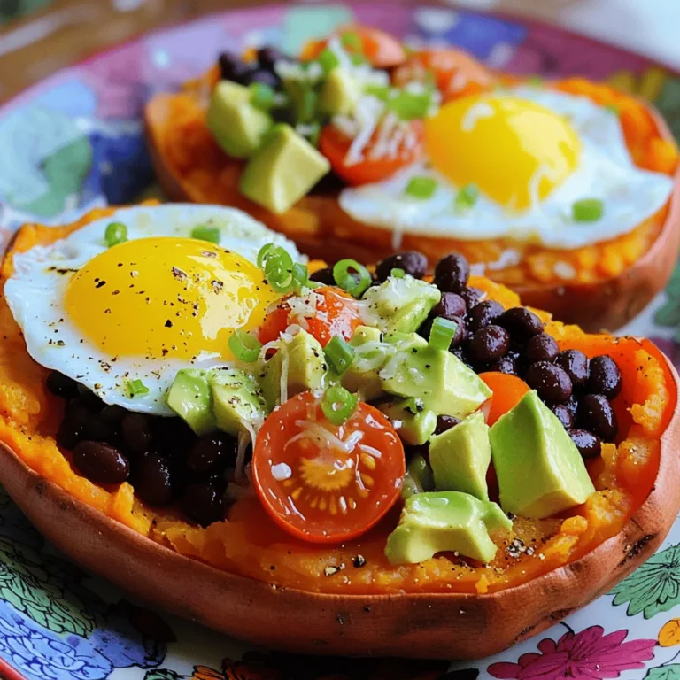 For this tasty breakfast, you need: - 2 medium sweet potatoes - 4 large eggs - 1 cup black beans (canned, rinsed and drained) - 1 avocado, diced - 1/2 cup cherry tomatoes, halved - 1/4 cup green onion, chopped - 1/2 cup shredded cheese (cheddar or your favorite) These ingredients give the sweet potato a hearty and filling base. You will also need: - 1 teaspoon cumin - 1/2 teaspoon smoked paprika - Salt and pepper to taste - Olive oil for drizzling - Hot sauce (optional) These seasonings add depth and flavor to your meal. Feel free to get creative! Consider adding: - Sour cream or Greek yogurt - Fresh herbs like cilantro or parsley - Sliced jalapeños for heat These options let you make the dish your own. Enjoy the fun of mixing flavors! Start by preheating your oven to 425°F (220°C). Scrub the sweet potatoes well. Use a fork to poke holes in them. This step helps the steam escape while baking. Place the sweet potatoes on a baking sheet lined with parchment paper. Bake them for 40-45 minutes. They are ready when a fork goes in easily. Let them cool for a few minutes once they are done. While the sweet potatoes bake, you can cook the eggs. Heat a small amount of olive oil in a non-stick skillet over medium heat. Crack the eggs into the skillet. You can cook them sunny-side up, scrambled, or however you like. Season them with salt and pepper to taste. Remove them from heat when they reach your desired doneness. Now it’s time to put everything together. Cut each sweet potato in half lengthwise. Gently fluff the insides with a fork. Spoon the seasoned black beans over the sweet potato flesh. Next, add the cooked eggs on top. Then, sprinkle diced avocado and halved cherry tomatoes over each half. Finish with shredded cheese and chopped green onions. Drizzle a little olive oil on top. If you like heat, add some hot sauce for extra flavor. Enjoy your delicious loaded breakfast sweet potato! When picking sweet potatoes, look for firm ones. They should feel heavy for their size. Avoid potatoes with dark spots or soft areas. The skin color can vary from orange to purple. But the inside should be bright orange. This shows they are sweet and tasty. For fluffy eggs, start with a non-stick skillet. Heat it on medium-low. Add a little olive oil so they don’t stick. Crack the eggs gently into the pan. Let them cook without stirring for a minute. This helps the egg whites set. Then, gently stir with a spatula. Cook until they’re just set. They will be soft and fluffy. Serve your loaded sweet potatoes on a bright plate. Add a sprinkle of extra green onions on top. A lime wedge adds a pop of color and flavor. Arrange the sweet potatoes in a row for a fun look. You can also add a drizzle of hot sauce on the side. This makes it fun for guests to add their spice. {{image_2}} You can make a delicious vegetarian version of loaded breakfast sweet potatoes. Swap the eggs for tofu, which adds protein. Scramble the tofu with cumin and paprika for flavor. You can also add sautéed spinach or kale for more greens. Black beans are still a great option. They add texture and protein. If you like heat, spice things up! Use a spicy hot sauce on your sweet potatoes. You can also add jalapeños for extra kick. Spice up the black beans by mixing in some cayenne pepper. This will wake up your taste buds. Another option is to use pepper jack cheese instead of cheddar. It melts well and brings the heat! Get creative with your toppings! You can try Greek yogurt instead of cheese for a tangy flavor. Fresh herbs like cilantro or parsley can add brightness. If you want a touch of sweetness, drizzle honey or maple syrup. You can even add nuts or seeds for crunch. The choices are endless, so have fun and mix it up! Once you finish your loaded breakfast sweet potatoes, store any leftovers right away. Place them in an airtight container. This keeps them fresh. You can keep them in the fridge for up to three days. Make sure to separate the toppings from the sweet potatoes. This helps prevent sogginess and keeps flavors bright. When you are ready to eat your leftovers, reheating is simple. You can use the oven or the microwave. For the oven, set it to 350°F (175°C). Place the sweet potatoes on a baking tray. Heat for about 10-15 minutes, or until warm. For the microwave, place the sweet potato halves on a plate. Heat for 1-2 minutes. Check to make sure they are hot all the way through. Add fresh toppings after reheating for a tasty touch. You can freeze loaded sweet potatoes, but it's best to freeze the sweet potatoes and toppings separately. Cook the sweet potatoes and let them cool completely. Wrap each half tightly in plastic wrap, then place them in a freezer bag. They will stay good for up to three months. When ready to eat, thaw them in the fridge overnight. Reheat as described above. Toppings should be added fresh after reheating for the best flavor and texture. Sweet potatoes are packed with nutrients. They are high in fiber, which helps digestion. They also have vitamins A and C, which are good for your skin and eyes. Their natural sweetness makes them a great alternative to regular potatoes. Sweet potatoes can help keep your blood sugar stable. They are low in calories and high in antioxidants, which fight free radicals in your body. Eating sweet potatoes can boost your immune system. Yes, you can make this recipe in advance. You can bake the sweet potatoes a day ahead. Just store them in the fridge after they cool down. You can also prepare the toppings early. Mix the black beans and seasonings, and store them in a separate container. Cook the eggs just before serving. This way, your meal stays fresh and tasty. You can get creative with toppings for loaded sweet potatoes. Here are some great ideas: - Cooked bacon or sausage for a meaty touch - Greek yogurt or sour cream for creaminess - Sautéed spinach or kale for extra greens - Feta cheese or goat cheese for a tangy flavor - Salsa or pico de gallo for a fresh kick - Nuts or seeds for added crunch Feel free to mix and match to suit your taste! This blog post covered how to make Loaded Breakfast Sweet Potatoes. We explored the key ingredients, cooking steps, and toppings to personalize your dish. Remember to pick the right sweet potatoes for best taste. Cooking fluffy eggs adds to the meal’s success. Storage tips help keep your leftovers fresh. Experiment with variations to suit your taste. Enjoy this healthy and delicious breakfast option, and let your creativity shine!
