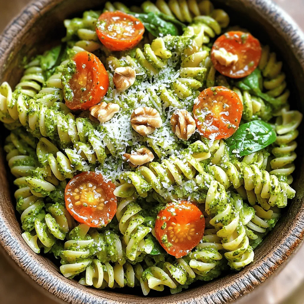 To make this dish, you need some simple items. Here’s what you will need: - 12 oz (340g) pasta (fusilli or penne work well) - 2 cups vegetable broth - 1 cup heavy cream or coconut cream for a dairy-free option - 1 cup pesto (store-bought or homemade) - 1 cup cherry tomatoes, halved - 1 cup spinach leaves - 1/2 cup grated Parmesan cheese (or nutritional yeast for a vegan option) - 2 tablespoons olive oil - Salt and pepper to taste These ingredients come together nicely. The pasta absorbs the broth and cream. The pesto adds a fresh herb flavor. Spinach and tomatoes give color and nutrients. You can add a few extras to make your dish even better. Here are some ideas: - Walnuts or pine nuts for a crunchy topping - Fresh basil leaves for extra flavor - Extra Parmesan cheese for a cheesy finish These garnishes add texture and taste. They make your dish look more appealing too. If you want to change any ingredients, you can! Here are some swaps: - Use coconut cream instead of heavy cream for a dairy-free option. - Nutritional yeast can replace Parmesan cheese for a vegan choice. - Any pasta type works, so feel free to use gluten-free pasta. These swaps help you fit your dietary needs. You still get that creamy, tasty pasta! To start, grab a large pot. Heat 2 tablespoons of olive oil over medium heat. Once hot, add 12 ounces of your favorite pasta, like fusilli or penne. Next, pour in 2 cups of vegetable broth. Stir to combine everything well. Bring the pot to a boil. After that, reduce the heat to a simmer. Cook your pasta for about 8 to 10 minutes. Stir it occasionally until it is al dente. This means it should still have a slight bite to it. When the pasta is done, lower the heat to low. Pour in 1 cup of heavy cream or coconut cream if you want a dairy-free dish. Stir continuously. This helps blend the cream with the pasta. Next, add 1 cup of pesto. Mix it all together until the pasta is coated in that vibrant green sauce. The smell will be amazing! Now, it’s time to add some color and nutrients. Fold in 1 cup of halved cherry tomatoes and 1 cup of fresh spinach leaves. Cook this mixture for an additional 2 to 3 minutes. You want the spinach to wilt slightly. Finally, stir in 1/2 cup of grated Parmesan cheese. Season with salt and pepper to taste. Remove the pot from heat. Let it sit for a couple of minutes to thicken up a bit. Serve warm and enjoy the delightful flavors! To make perfect pasta, start with a large pot. Use plenty of water or broth. This gives the pasta room to cook evenly. Stir the pasta often. This helps prevent sticking. Cook the pasta until it is al dente. This means it should be firm but cooked through. Be careful not to overcook it. Once it is done, drain any excess liquid before adding in the sauce. You can easily customize this dish to fit your taste. Swap the pasta type if you want. Try whole wheat or gluten-free options. For a bolder flavor, use a spicy pesto. You can add extra veggies like bell peppers or zucchini. If you want protein, toss in cooked chicken or shrimp. For a vegan option, use nutritional yeast instead of cheese. The choice is yours! Presentation can make your dish look even better. Serve the pasta in bowls and sprinkle with nuts. Walnuts or pine nuts add a nice crunch. Add extra Parmesan cheese on top for more flavor. A drizzle of olive oil adds richness. You can also garnish with fresh basil leaves. These touches make the dish look great and taste amazing! {{image_2}} You can switch up the pasta for fun. Try using spaghetti, farfalle, or even whole wheat pasta. Each type gives a different taste and texture. Gluten-free pasta works too. Just check the cooking time, as it may differ. Pesto is all about herbs and nuts. Feel free to mix it up! Use basil, cilantro, or arugula for a twist. For nuts, swap pine nuts for almonds or cashews. This change adds unique flavors and textures to your dish. Want to add protein? Grilled chicken or shrimp works great. If you're vegan, try adding tofu or chickpeas. These options will make your meal more filling and tasty. Just cook them separately and add them at the end. After enjoying your creamy pesto pasta, you may have some left. Allow it to cool. Then, place it in an airtight container. This keeps it fresh. Store it in the fridge for up to three days. Make sure to label your container. This helps you remember when you made it. When ready to eat the leftovers, reheat gently. Use a pot or a microwave. If using a pot, add a splash of vegetable broth. This keeps the pasta creamy. Stir often until it is warm. If using a microwave, cover your bowl. Heat it in short bursts, stirring in between. This helps maintain the texture. You can freeze creamy pesto pasta for later use. First, let it cool completely. Then, portion it into freezer-safe bags or containers. Remove as much air as possible before sealing. Label each bag with the date. You can freeze it for up to three months. When you are ready to eat, thaw it in the fridge overnight. Reheat it as described above. Yes, you can make One-Pot Creamy Pesto Pasta ahead of time. Cook the pasta as usual. Let it cool completely after cooking. Store it in an airtight container in the fridge. It will stay fresh for up to three days. When you are ready to eat, reheat it on the stove. Add a splash of broth or cream to bring back the creaminess. To make this recipe gluten-free, choose gluten-free pasta. Many brands offer great options, like rice or quinoa pasta. Just cook it according to the package instructions. The rest of the ingredients, like broth and pesto, are often gluten-free too. Always check labels to be sure. You can add many fun ingredients to this pasta. Here are a few ideas: - Cooked chicken or shrimp for protein - Bell peppers for crunch - Zucchini for extra veggies - Artichokes for a tangy twist - Olives for a briny kick Feel free to mix and match based on what you like! In this blog post, we explored how to make one-pot creamy pesto pasta. We covered key ingredients, cooking steps, and tips for a tasty dish. You can customize this recipe by adding veggies or proteins. Don't forget about storage for leftovers and reheating tips. This dish is easy, fun, and fills your plate with great flavor. I hope you enjoy making this pasta as much as I do!
