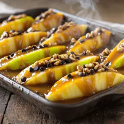 - 4 medium apples (Granny Smith or Fuji) - 1 cup granulated sugar - 1/4 cup unsalted butter - 1/2 cup heavy cream The main ingredients create the base for this treat. Apples give a crisp bite and a fresh taste. I prefer using Granny Smith or Fuji apples. They are tart and hold up well when baked. The caramel sauce is made with sugar, butter, and cream. This mix melts together to create a sweet and creamy topping. The butter adds richness, while the heavy cream gives it a smooth texture. - 1 teaspoon vanilla extract - 1 teaspoon sea salt Vanilla extract adds warmth and depth to the caramel. A touch of sea salt balances the sweetness. It also brings out the caramel flavors, making each bite more exciting. - 1 cup chopped nuts (walnuts or pecans) - 1 cup mini chocolate chips For a crunchy texture, you can add chopped nuts. Walnuts or pecans work well. Mini chocolate chips are fun for drizzling on top. They add a sweet, chocolatey twist that kids love. These ingredients come together to create a fun and tasty dessert. You can customize it to fit your taste and preferences! 1. Preheat your oven to 350°F (175°C). This helps the apples bake evenly. 2. Line a sheet pan with parchment paper. This makes cleaning easy later. 3. Core 4 medium apples like Granny Smith or Fuji. These apples are tart and firm. 4. Slice the apples into wedges. Aim for even pieces for best cooking. 1. In a medium saucepan, combine 1 cup of granulated sugar, 1/4 cup of unsalted butter, and 1/2 cup of heavy cream. 2. Cook over medium heat, stirring constantly. This helps the sugar dissolve well. 3. Bring the mixture to a boil. Let it simmer for 5-7 minutes. Stir until it thickens slightly. 4. Remove the saucepan from the heat. Add 1 teaspoon of vanilla extract and 1 teaspoon of sea salt. Mix well. 1. Arrange the apple wedges in a single layer on the prepared sheet pan. 2. Pour the warm caramel sauce over the apples. Make sure each slice gets coated. 3. Sprinkle 1 cup of chopped nuts over the caramel-coated apples. If you like, add mini chocolate chips too. 4. Place the sheet pan in the oven and bake for 15-20 minutes. The apples should be tender and the caramel bubbly. 5. Remove from the oven and let cool for a few minutes before serving. Enjoy your sweet treat! To avoid grainy caramel, watch the sugar closely. Stir it constantly as it cooks. This helps the sugar dissolve well. If you see clumps, it can lead to graininess. For the best caramel, aim for a temperature of around 240°F (115°C). This is called the soft-ball stage. At this point, the caramel is thick but still pourable. For the best caramel apples, choose tart apples. Granny Smith and Fuji apples work well. They hold their shape and balance the sweetness of the caramel. When slicing, keep your pieces even. Use a sharp knife and cut each apple into wedges of about half an inch thick. This helps them cook evenly and makes them easy to eat. Caramel apples taste great with vanilla ice cream. The cool creaminess pairs well with warm apples. You can also serve them on a platter for parties. Add some sprinkles or extra nuts for a fun touch. Try drizzling a bit of chocolate on top for flair. This makes the dish look even more tempting. {{image_2}} You can make sheet pan caramel apples even more fun! Try adding spices like cinnamon or nutmeg. Just a pinch can give your dish an extra kick. You can also switch up the flavors. Use dark chocolate or even white chocolate for a twist. Mixing these flavors keeps things interesting and tasty. If you need gluten-free or dairy-free options, you can easily adapt this recipe. Choose gluten-free nuts and caramel made without dairy. There are many vegan caramel recipes out there. They use coconut milk or maple syrup. These swaps make the dish friendly for everyone! Feel free to explore seasonal fruits! Instead of apples, use pears or berries. They bring their own unique flavors. For holidays, you can add festive toppings too. Try crushed candy canes for winter or colorful sprinkles for birthdays. This keeps your dessert fresh and relevant all year round. To store leftover caramel apples, place them in an airtight container. Keep them in the fridge. They stay fresh for about three days. Make sure they do not touch each other to avoid sticking. If the apples have nuts or chocolate, they may lose some crunch after a day. To reheat caramel apples, use the microwave. Heat them for about 10-15 seconds. Check to see if the caramel is warm and soft. Avoid overheating, as it may make the caramel too runny. If you want to keep the caramel smooth, heat it gently and serve right away. You can freeze caramel apples, but they may change in texture. To freeze, wrap each apple in plastic wrap. Place them in a freezer bag or container. They can last up to three months in the freezer. To thaw, move them to the fridge overnight. This helps keep the caramel intact. To make caramel stick to apples, start with clean and dry apples. Wipe them with a cloth to remove any wax. This helps the caramel cling better. After slicing the apples, dip them in warm caramel quickly. The heat from the caramel helps it stick. Make sure to coat each wedge evenly for the best taste. If your caramel is too runny, you can cook it longer. Return the pan to medium heat and let it simmer. Stir constantly until it thickens. You can also add a bit more granulated sugar to help it thicken. Keep an eye on it to avoid burning. Yes, you can use pre-made caramel. It saves time and still tastes great. Just warm it up slightly before pouring it over the apples. This helps it spread evenly. Look for a quality brand for the best flavor. You can keep caramel apples in the fridge for about 3 to 5 days. Store them in an airtight container to keep them fresh. If you notice any moisture, eat them right away. The longer they sit, the less crunchy they become. The best apples for caramel apples are tart ones. Granny Smith and Fuji apples work well. They hold their shape and contrast nicely with the sweet caramel. Other good choices include Honeycrisp and Gala apples. Choose firm apples for the best results. In this blog post, we explored making delicious caramel apples. We covered key ingredients, like apples, sugar, and butter. You learned how to prepare the caramel sauce and bake the apples. We shared tips for perfect caramel and ideas for toppings. Remember, you can get creative with flavors and seasonal fruits. Always follow storage tips to keep your treats fresh. Enjoy making this classic dessert!