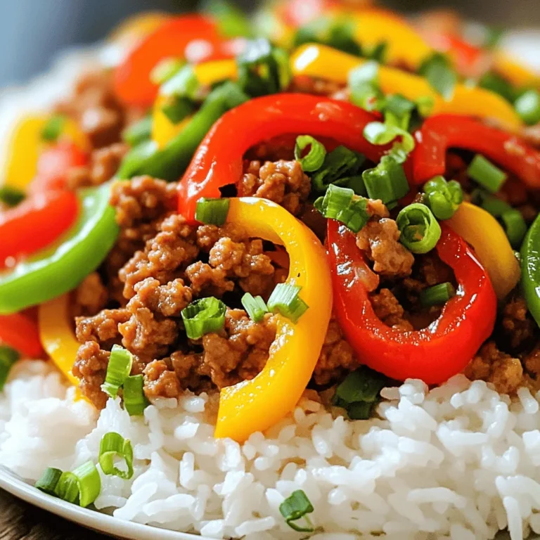 - Ground turkey - 1 cup red bell pepper, sliced - 1 cup yellow bell pepper, sliced - 1 cup green bell pepper, sliced - 1 medium onion, sliced - 3 cloves garlic, minced - 1 tablespoon fresh ginger, grated Ground turkey is lean and rich in protein. It cooks quickly and absorbs flavors well. Bell peppers add color and crunch. They also bring vitamins and antioxidants. Onion, garlic, and ginger add depth and aroma to the dish. - 3 tablespoons soy sauce (low sodium) - 1 tablespoon sesame oil - 1 teaspoon red pepper flakes (optional) Low-sodium soy sauce keeps the dish flavorful without too much salt. Sesame oil gives a nutty taste. Red pepper flakes add heat, making it exciting. You can skip them if you prefer a milder dish. - Cooked rice or quinoa - Garnish ideas: chopped green onions Serve this stir fry over rice or quinoa for a filling meal. The grains soak up the sauce nicely. Green onions add a fresh touch on top. They make your dish look vibrant and appealing. To start, wash and slice your vegetables. Cut the red, yellow, and green bell peppers into thin strips. Slice the onion into thin pieces as well. Mince the garlic and grate the ginger. This makes the flavors pop. For ground turkey, use a good quality brand. Break it apart with your hands or a spatula. This helps it cook evenly. Season it lightly with salt and pepper before cooking. Heat a large skillet or wok over medium-high heat. Add olive oil and let it warm. Once hot, add the ground turkey. Cook for 5-7 minutes until it turns brown. Stir often to break it apart. This keeps it tender. Next, add the sliced onion. Cook for 2-3 minutes until it softens. Then, toss in the bell peppers. Stir-fry them for 3-4 minutes. You want them to be tender but still crisp. Finally, add the garlic and ginger. Cook for 1 more minute, just until they smell great. Add the browned turkey back to the skillet. Pour in the soy sauce and sesame oil. If you like heat, sprinkle in red pepper flakes. Stir everything well and cook for 2 more minutes. Now, taste your stir fry. Adjust the seasoning if needed. You might like a bit more soy sauce or pepper. Serve the stir fry hot over cooked rice or quinoa. For a nice touch, garnish with chopped green onions. This makes the dish look fresh and colorful. Enjoy your meal! To make a great stir fry, you need good heat management. Always preheat your pan. Use medium-high heat to get a nice sear on the turkey. This helps lock in flavors. If your pan is too hot, food may burn. If it’s too cool, it will steam instead of fry. For ingredient substitutions, you can use ground chicken if you like. You can also swap bell peppers with other veggies like broccoli or snap peas. If you need a gluten-free version, use tamari instead of soy sauce. To boost flavor, try adding different sauces. You can mix in teriyaki or hoisin sauce for a sweet twist. If you want more heat, add fresh chili or sriracha. Personalize your stir fry by adding nuts or seeds. Toasted sesame seeds add a nice crunch. You can also mix in fresh herbs like cilantro or basil for a fresh taste. For the best results, use a non-stick skillet or wok. This helps prevent sticking and makes cleanup easier. A wooden spatula works well for stirring without scratching your pan. To maintain your cookware, avoid using metal utensils on non-stick surfaces. Always wash them by hand with mild soap. This keeps them in great shape for years. {{image_2}} You can swap ground turkey with chicken, beef, or tofu. Each option brings its own taste. If using chicken, cook it for about 5-7 minutes. For beef, it may take a bit longer, around 7-10 minutes. Tofu needs about 4-5 minutes if you’re using firm tofu. Just make sure to break it apart into small pieces. This way, it mixes well with the other ingredients. Feel free to add or replace vegetables based on the season. Try broccoli, snap peas, or carrots for a fresh twist. When adding new veggies, keep balance in mind. For example, if you add broccoli, add less bell pepper. You want each flavor to shine. Cook them until they are tender but still crisp. This keeps the dish vibrant and colorful. For gluten-free options, use tamari instead of soy sauce. It gives the same great taste without gluten. To make a low-carb version, skip the rice and use cauliflower rice instead. This change keeps the meal light and healthy. Both options let you enjoy this stir fry while meeting dietary needs. To store leftovers, place your ground turkey and pepper stir fry in an airtight container. Make sure it cools down first before sealing it. This helps keep it fresh. In the refrigerator, your stir fry will last for about 3 to 4 days. Always check for off smells or changes in color before eating. To freeze the stir fry, let it cool completely. Then, divide it into meal-sized portions. Use freezer-safe containers or heavy-duty freezer bags. Be sure to remove as much air as possible to avoid freezer burn. When you want to eat it, thaw it in the fridge overnight. Reheat it in a skillet or microwave until it’s hot all the way through. If you want to prep for the week, make a big batch of this stir fry. Portion it out into containers for easy meals. Use glass or BPA-free plastic containers. They are great for keeping your food fresh. Label each container with the date. This way, you’ll know when to use them. What type of rice or grain is best to serve? I recommend serving this stir fry with cooked rice or quinoa. Both options work well. Rice gives a nice base, while quinoa adds protein. You can use jasmine rice for a fragrant touch or brown rice for more fiber. Can I make this dish ahead of time? Yes, you can make it ahead of time. Store the stir fry in an airtight container in the fridge. It will stay fresh for up to three days. Reheat it in a pan for best results. What's the best way to prevent soggy vegetables? To avoid soggy veggies, cook them over high heat. Stir-fry quickly to keep them crisp. Make sure not to overcrowd the pan. This keeps the heat high and the veggies firm. How do I know when the turkey is fully cooked? Ground turkey is fully cooked at 165°F. Use a meat thermometer for accuracy. The meat should be brown with no pink. This ensures it's safe to eat and tastes great. Can I use frozen peppers instead of fresh? Yes, you can use frozen peppers. They are convenient and save prep time. Just add them directly to the skillet, but cook them a bit longer to heat through. What are good alternatives to soy sauce? If you need a soy sauce alternative, try coconut aminos. It's a great option for gluten-free diets. You can also use tamari for a gluten-free soy sauce. Both add nice flavor. This blog post covered how to make an amazing stir fry with ground turkey and veggies. We explored ingredients like bell peppers and ginger, as well as seasonings like soy sauce. I shared tips for cooking techniques and personalizing flavors. You can even swap proteins or adjust for dietary needs. Remember, stir frying is flexible and fun. Keep experimenting to find what you love. Enjoy your cooking!