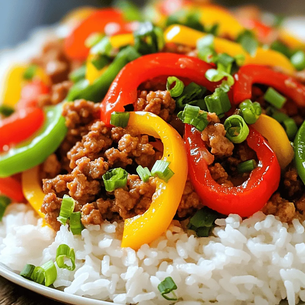 - Ground turkey - 1 cup red bell pepper, sliced - 1 cup yellow bell pepper, sliced - 1 cup green bell pepper, sliced - 1 medium onion, sliced - 3 cloves garlic, minced - 1 tablespoon fresh ginger, grated Ground turkey is lean and rich in protein. It cooks quickly and absorbs flavors well. Bell peppers add color and crunch. They also bring vitamins and antioxidants. Onion, garlic, and ginger add depth and aroma to the dish. - 3 tablespoons soy sauce (low sodium) - 1 tablespoon sesame oil - 1 teaspoon red pepper flakes (optional) Low-sodium soy sauce keeps the dish flavorful without too much salt. Sesame oil gives a nutty taste. Red pepper flakes add heat, making it exciting. You can skip them if you prefer a milder dish. - Cooked rice or quinoa - Garnish ideas: chopped green onions Serve this stir fry over rice or quinoa for a filling meal. The grains soak up the sauce nicely. Green onions add a fresh touch on top. They make your dish look vibrant and appealing. To start, wash and slice your vegetables. Cut the red, yellow, and green bell peppers into thin strips. Slice the onion into thin pieces as well. Mince the garlic and grate the ginger. This makes the flavors pop. For ground turkey, use a good quality brand. Break it apart with your hands or a spatula. This helps it cook evenly. Season it lightly with salt and pepper before cooking. Heat a large skillet or wok over medium-high heat. Add olive oil and let it warm. Once hot, add the ground turkey. Cook for 5-7 minutes until it turns brown. Stir often to break it apart. This keeps it tender. Next, add the sliced onion. Cook for 2-3 minutes until it softens. Then, toss in the bell peppers. Stir-fry them for 3-4 minutes. You want them to be tender but still crisp. Finally, add the garlic and ginger. Cook for 1 more minute, just until they smell great. Add the browned turkey back to the skillet. Pour in the soy sauce and sesame oil. If you like heat, sprinkle in red pepper flakes. Stir everything well and cook for 2 more minutes. Now, taste your stir fry. Adjust the seasoning if needed. You might like a bit more soy sauce or pepper. Serve the stir fry hot over cooked rice or quinoa. For a nice touch, garnish with chopped green onions. This makes the dish look fresh and colorful. Enjoy your meal! To make a great stir fry, you need good heat management. Always preheat your pan. Use medium-high heat to get a nice sear on the turkey. This helps lock in flavors. If your pan is too hot, food may burn. If it’s too cool, it will steam instead of fry. For ingredient substitutions, you can use ground chicken if you like. You can also swap bell peppers with other veggies like broccoli or snap peas. If you need a gluten-free version, use tamari instead of soy sauce. To boost flavor, try adding different sauces. You can mix in teriyaki or hoisin sauce for a sweet twist. If you want more heat, add fresh chili or sriracha. Personalize your stir fry by adding nuts or seeds. Toasted sesame seeds add a nice crunch. You can also mix in fresh herbs like cilantro or basil for a fresh taste. For the best results, use a non-stick skillet or wok. This helps prevent sticking and makes cleanup easier. A wooden spatula works well for stirring without scratching your pan. To maintain your cookware, avoid using metal utensils on non-stick surfaces. Always wash them by hand with mild soap. This keeps them in great shape for years. {{image_2}} You can swap ground turkey with chicken, beef, or tofu. Each option brings its own taste. If using chicken, cook it for about 5-7 minutes. For beef, it may take a bit longer, around 7-10 minutes. Tofu needs about 4-5 minutes if you’re using firm tofu. Just make sure to break it apart into small pieces. This way, it mixes well with the other ingredients. Feel free to add or replace vegetables based on the season. Try broccoli, snap peas, or carrots for a fresh twist. When adding new veggies, keep balance in mind. For example, if you add broccoli, add less bell pepper. You want each flavor to shine. Cook them until they are tender but still crisp. This keeps the dish vibrant and colorful. For gluten-free options, use tamari instead of soy sauce. It gives the same great taste without gluten. To make a low-carb version, skip the rice and use cauliflower rice instead. This change keeps the meal light and healthy. Both options let you enjoy this stir fry while meeting dietary needs. To store leftovers, place your ground turkey and pepper stir fry in an airtight container. Make sure it cools down first before sealing it. This helps keep it fresh. In the refrigerator, your stir fry will last for about 3 to 4 days. Always check for off smells or changes in color before eating. To freeze the stir fry, let it cool completely. Then, divide it into meal-sized portions. Use freezer-safe containers or heavy-duty freezer bags. Be sure to remove as much air as possible to avoid freezer burn. When you want to eat it, thaw it in the fridge overnight. Reheat it in a skillet or microwave until it’s hot all the way through. If you want to prep for the week, make a big batch of this stir fry. Portion it out into containers for easy meals. Use glass or BPA-free plastic containers. They are great for keeping your food fresh. Label each container with the date. This way, you’ll know when to use them. What type of rice or grain is best to serve? I recommend serving this stir fry with cooked rice or quinoa. Both options work well. Rice gives a nice base, while quinoa adds protein. You can use jasmine rice for a fragrant touch or brown rice for more fiber. Can I make this dish ahead of time? Yes, you can make it ahead of time. Store the stir fry in an airtight container in the fridge. It will stay fresh for up to three days. Reheat it in a pan for best results. What's the best way to prevent soggy vegetables? To avoid soggy veggies, cook them over high heat. Stir-fry quickly to keep them crisp. Make sure not to overcrowd the pan. This keeps the heat high and the veggies firm. How do I know when the turkey is fully cooked? Ground turkey is fully cooked at 165°F. Use a meat thermometer for accuracy. The meat should be brown with no pink. This ensures it's safe to eat and tastes great. Can I use frozen peppers instead of fresh? Yes, you can use frozen peppers. They are convenient and save prep time. Just add them directly to the skillet, but cook them a bit longer to heat through. What are good alternatives to soy sauce? If you need a soy sauce alternative, try coconut aminos. It's a great option for gluten-free diets. You can also use tamari for a gluten-free soy sauce. Both add nice flavor. This blog post covered how to make an amazing stir fry with ground turkey and veggies. We explored ingredients like bell peppers and ginger, as well as seasonings like soy sauce. I shared tips for cooking techniques and personalizing flavors. You can even swap proteins or adjust for dietary needs. Remember, stir frying is flexible and fun. Keep experimenting to find what you love. Enjoy your cooking!