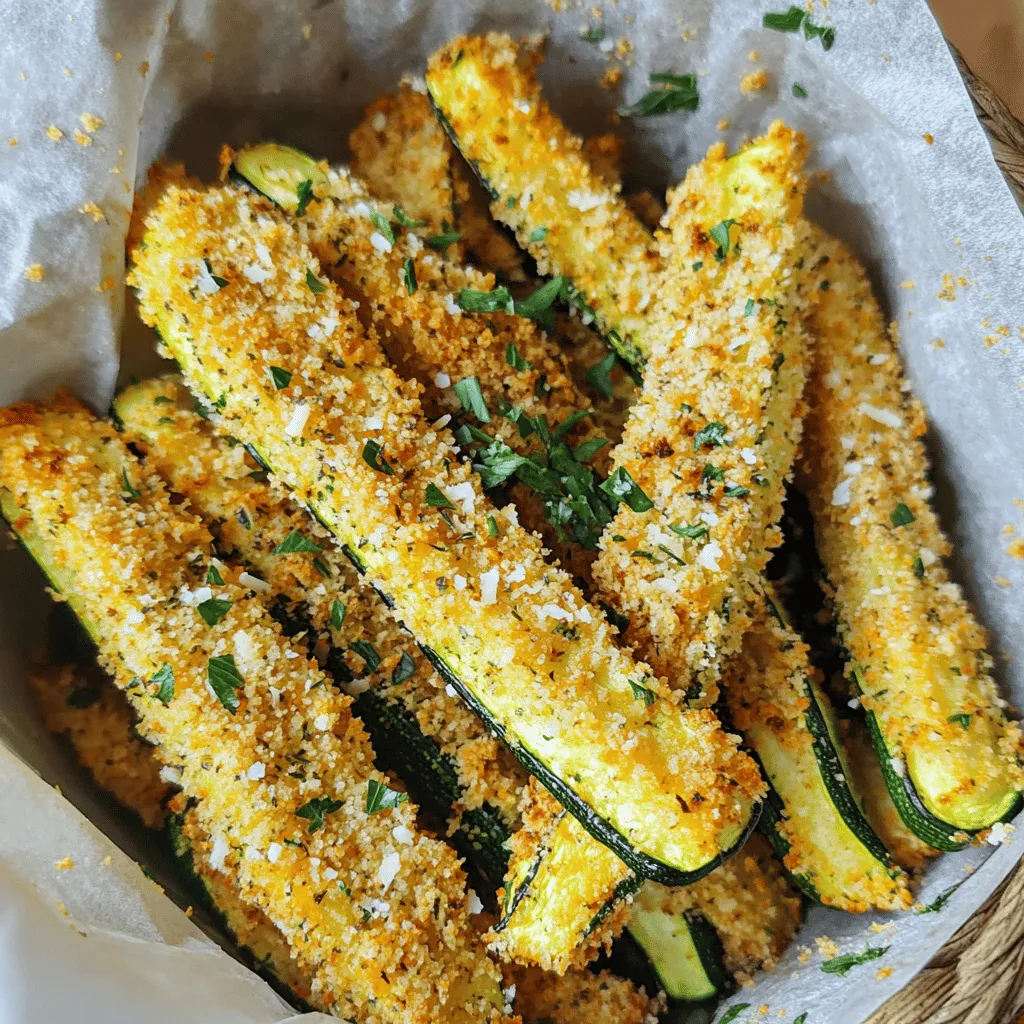 - 2 medium zucchinis, cut into fries - 1/2 cup all-purpose flour - 2 large eggs, beaten - 1 cup breadcrumbs (preferably panko for extra crunch) - 1/2 cup grated Parmesan cheese - 2 teaspoons garlic powder - 1 teaspoon onion powder - 1 teaspoon dried Italian herbs (oregano, basil, thyme) - Salt and black pepper to taste - Olive oil spray For this recipe, you need two medium zucchinis. They should be cut into fry shapes, about 1/4 inch thick. The flour helps the coating stick. You need half a cup of all-purpose flour. Two large eggs, beaten, will help bind everything together. The breadcrumbs provide crunch; one cup is perfect. Grated Parmesan cheese adds a nice flavor, so use half a cup. Garlic powder and onion powder give taste, using two teaspoons of garlic and one teaspoon of onion. One teaspoon of dried Italian herbs will enhance the flavor. Finally, add salt and black pepper to taste. Use olive oil spray for crispiness. If you want to skip flour, use almond flour or gluten-free flour. Instead of eggs, try a flaxseed meal mixed with water as a vegan option. If you can't find panko breadcrumbs, regular breadcrumbs work too, but panko gives a better crunch. For cheese, consider using nutritional yeast for a dairy-free option. You can mix up the herbs as well; try taco seasoning or Cajun spices for a different flavor. First, wash the zucchinis well under cool water. Next, cut them into fry shapes, about 1/4 inch thick. Try to keep the sizes even. This helps them cook at the same time. If they are uneven, some fries may be soft while others are crispy. Set up a breading station with three bowls. In the first bowl, add 1/2 cup of all-purpose flour. Pour 2 beaten eggs into the second bowl. In the third bowl, mix 1 cup of breadcrumbs, 1/2 cup of grated Parmesan cheese, 2 teaspoons of garlic powder, 1 teaspoon of onion powder, 1 teaspoon of dried Italian herbs, salt, and pepper. Now, take each zucchini fry and dip it in the flour. Shake off any extra flour. Next, dip it into the beaten eggs, letting any excess drip off. Finally, coat it with the breadcrumb mix. Press lightly so it sticks well. Repeat this for all the zucchini fries. Before cooking, preheat your air fryer to 400°F (200°C) for about 5 minutes. While it heats, spray the air fryer basket lightly with olive oil. Place the breaded zucchini fries in a single layer, making sure they do not touch. This helps them become crispy. You might need to cook them in batches. Cook the zucchini fries for 10-12 minutes. Flip them halfway through to ensure even cooking. They should be golden brown and crispy when done. If you want, spray them lightly with olive oil again halfway through cooking for extra crispiness. Once cooked, remove them and enjoy! To get your zucchini fries super crispy, follow these steps. First, cut the zucchini into even strips. They should be about 1/4 inch thick. This helps them cook evenly. Make sure to coat each fry well with the flour, eggs, and breadcrumb mix. Press the breadcrumbs onto the zucchini so they stick. This adds a nice crunch. Finally, space the fries apart in the air fryer. This allows air to flow, giving them that perfect crisp. Using olive oil spray is key for great texture. After breading your zucchini fries, lightly spray them with olive oil. This helps the fries brown nicely. You can spray them once more halfway through cooking. Just a light layer works best. Too much oil can make them soggy. A good spray makes them crispy without adding extra calories. If you have leftover zucchini fries, store them properly. Let them cool completely first. Place them in an airtight container. Keep them in the fridge for up to three days. When you're ready to eat, reheat them in the air fryer. This keeps them crispy. Avoid the microwave, as it can make them soft. Enjoy your leftovers just like the first time! {{image_2}} You can make your zucchini fries even more exciting by adding spices. Try paprika for a bit of heat. Cayenne pepper gives it a real kick. For a smoky flavor, add some smoked paprika. You can mix and match spices based on your taste. This keeps your fries fresh and fun each time you make them! While Parmesan cheese is classic, other cheeses work well too. Try using mozzarella for a gooey texture. Cheddar adds a sharp and rich taste. For a more robust flavor, use feta or blue cheese. Each cheese will change the taste and texture of your fries. Feel free to experiment! If you want to switch things up, try other vegetables. Eggplant makes a great alternative with a similar texture. Sweet potatoes give a sweet twist that many enjoy. You can also use carrots for a crunchier bite. Just remember to adjust the cooking time based on the vegetable you choose. Each option offers a new way to enjoy air fryer fries! One serving of these air fryer garlic Parmesan zucchini fries has about 150 calories. Here’s a quick breakdown of the macros: - Protein: 6 grams - Carbohydrates: 20 grams - Fat: 5 grams Each serving contains a good mix of carbs and protein. These fries are low in calories and are a great snack or side dish. Zucchini is packed with nutrients. It has a high water content, which helps keep you hydrated. Here are some benefits of zucchini: - Low in calories: Perfect for weight control. - High in fiber: Supports digestion and keeps you full longer. - Rich in vitamins: Contains vitamin C and potassium, good for your immune system and heart health. Eating zucchini can help you feel great while enjoying tasty fries. These zucchini fries fit well into many diets. Here are some points to consider: - Gluten-free option: Use gluten-free flour and breadcrumbs. - Vegetarian-friendly: This recipe has no meat, so it suits vegetarians. - Low-carb option: Substitute breadcrumbs with almond flour for lower carbs. Feel free to adjust the ingredients to meet your dietary needs! Store leftover zucchini fries in an airtight container. Keep them in the fridge for up to three days. If you want to keep them for longer, freeze them. Place them in a freezer bag, and they can last for two months. When you're ready to eat them, just thaw and reheat. Yes, you can reheat zucchini fries in the air fryer. Set the air fryer to 350°F (175°C) and cook them for about 5 minutes. This method helps them regain their crispiness. Avoid using the microwave, as it can make them soggy. Garlic parmesan zucchini fries pair well with many dips. You can serve them with marinara sauce, ranch dressing, or garlic aioli. They also make a great side for burgers, grilled chicken, or a fresh salad. Enjoy them as a snack or a side dish! Zucchini fries are easy to make and taste great. We covered all the key steps, from gathering ingredients to cooking in the air fryer. You learned how to get the best crunch and how to store leftovers. We also explored fun variations and the health perks of zucchini. Now you can enjoy this tasty treat worry-free. Keep experimenting with spices and cheese! With these tips, you'll always impress your friends and family with your delicious zucchini fries.