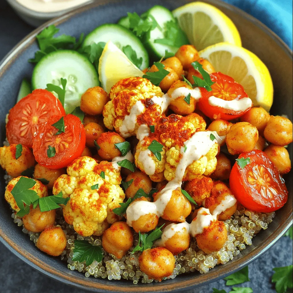 - 1 medium head of cauliflower, cut into florets - 1 can (15 oz) chickpeas, drained and rinsed - 3 tablespoons harissa paste - 2 tablespoons olive oil - 1 teaspoon ground cumin - 1 teaspoon smoked paprika - Salt and black pepper to taste - 2 cups cooked quinoa or couscous - 1 cup cherry tomatoes, halved - ½ cucumber, diced - ¼ cup fresh parsley, chopped - ¼ cup tahini (optional, for drizzling) - Lemon wedges, for serving Each ingredient in this bowl brings its own health perks. - Cauliflower is low in calories and high in fiber. It supports digestion and weight loss. - Chickpeas are great for protein and fiber. They help keep you full and satisfied. - Harissa paste adds flavor and may boost metabolism. It often includes chili peppers, which can help with circulation. - Olive oil is heart-healthy. It provides good fats and can lower the risk of heart disease. - Cumin aids digestion and adds a warm, earthy taste. - Smoked paprika offers antioxidants and enhances flavor without adding calories. - Quinoa or couscous provides complex carbs and protein, keeping energy levels stable. - Cherry tomatoes are rich in vitamins and antioxidants, supporting skin health. - Cucumber is hydrating and low in calories, making it a refreshing addition. - Parsley is packed with vitamins A, C, and K. It can help freshen breath, too. - Tahini (if used) adds creaminess and is a source of healthy fats. - Lemon offers vitamin C and adds a zesty kick, enhancing flavor and nutrients. You can easily swap items based on what you have or your taste. - Instead of cauliflower, try broccoli or sweet potatoes for a different flavor. - If you don’t have chickpeas, black beans or lentils can work well. - Use sriracha or red pepper flakes if harissa is unavailable. - For olive oil, you can use avocado oil or coconut oil. - Instead of quinoa, brown rice or barley are great choices. - Feta cheese can replace tahini if you prefer a cheesy flavor. - If you want more crunch, consider adding bell peppers or carrots. These swaps keep the dish exciting while maintaining nutrition. First, gather all your ingredients. You will need a medium head of cauliflower, a can of chickpeas, and some spices. Preheat your oven to 425°F (220°C). The oven needs to be hot for the best roasting. This temperature helps the cauliflower get crispy and the chickpeas nice and crunchy. In a large mixing bowl, combine the cauliflower florets and drained chickpeas. Add three tablespoons of harissa paste, two tablespoons of olive oil, one teaspoon of ground cumin, and one teaspoon of smoked paprika. Season with salt and black pepper to taste. Toss everything well. You want each piece to be coated in the spices. This step is key to adding flavor. Spread the cauliflower and chickpea mix evenly on a baking sheet lined with parchment paper. Roast in your preheated oven for 25-30 minutes. Stir halfway through to ensure even cooking. Keep an eye on them. You want the cauliflower to be tender and slightly caramelized. Once done, let them cool slightly before serving. This simple method makes for a tasty and healthy bowl. To get the best flavor from harissa paste, use enough to coat all your veggies. The paste packs a spicy and smoky punch. Mix it well with olive oil and spices. This ensures even flavor in each bite. Don't be shy! Your roasted cauliflower and chickpeas will soak up the taste. Both quinoa and couscous cook easily. For quinoa, rinse it first. This helps get rid of bitter flavors. Then, use two cups of water for every cup of quinoa. Bring it to a boil, then reduce heat to simmer for about 15 minutes. For couscous, just add boiling water, cover, and let it sit for five minutes. Both options give a nice base for your bowl. You can make your bowl your own! Try adding extra veggies like bell peppers or spinach. Switch chickpeas for black beans if you like. Want more crunch? Toss in some nuts or seeds. You can also change the sauce. A yogurt sauce or a squeeze of lime can add a fresh twist. The options are endless, so have fun with it! {{image_2}} This recipe is already vegan and gluten-free! You can enjoy it without worries. The chickpeas and quinoa are packed with protein. They help you feel full and satisfied. Make sure to check labels when buying harissa paste. Some brands may add non-vegan ingredients. If you want extra protein, consider adding lentils or edamame. Both options work well with the flavors. You can also swap chickpeas for black beans. They will add a different taste and texture. Another great choice is to add tofu. Just sauté it before adding to the bowl. Feel free to get creative with your veggies! Roasted sweet potatoes or bell peppers add sweetness. You can also mix in spinach or kale for extra greens. For crunch, consider adding radishes. Top your bowl with avocado or nuts for healthy fats. A sprinkle of feta cheese adds creaminess too. To keep your Harissa Roasted Cauliflower Chickpea Bowls fresh, store them in an airtight container. This helps prevent moisture loss and keeps flavors intact. Place the bowls in the fridge within two hours of cooking. They can last for about 3 to 5 days. If you want to store your bowls for longer, freezing is a great option. First, let the roasted cauliflower and chickpeas cool completely. Then, pack them in freezer-safe bags or containers. Make sure to remove as much air as possible. These bowls can stay frozen for up to 2 months. However, I recommend adding fresh veggies like tomatoes and cucumber after reheating. This keeps them crisp and tasty. To reheat, use your oven or a skillet for the best results. Preheat your oven to 350°F (175°C). Spread the contents on a baking sheet and heat for about 10-15 minutes. This method helps keep the cauliflower and chickpeas crispy. If you use a microwave, heat in short bursts and stir between to avoid sogginess. Add a squeeze of lemon juice before serving to enhance the flavor! Harissa is a spicy North African chili paste. It packs a punch with flavors from chili peppers, garlic, and spices. You can find harissa in most grocery stores. Check the international aisle or the spice section. You can also buy it online. If you can't find it, make your own with roasted peppers, spices, and oil. Yes, you can! Feel free to swap cauliflower for other veggies. Broccoli, bell peppers, or sweet potatoes work well. Just cut them into bite-sized pieces. Adjust roasting time based on the vegetable. Thinner veggies, like bell peppers, roast faster. Hearty ones, like sweet potatoes, may take longer. This recipe takes about 45 minutes in total. Prep time is around 15 minutes. You will spend 25-30 minutes roasting the cauliflower and chickpeas. While they roast, you can cook quinoa or couscous. This multitasking helps you save time and enjoy your meal faster. This blog covered how to make a delicious dish using simple ingredients. We explored the health benefits of each item and discussed easy swaps. I shared step-by-step instructions for roasting cauliflower and chickpeas. Tips for enhancing flavor and customizing your bowl made cooking fun. In the end, you can create a healthy meal with lots of tasty options. Enjoy experimenting with different flavors and storage methods to fit your needs. Happy cooking!