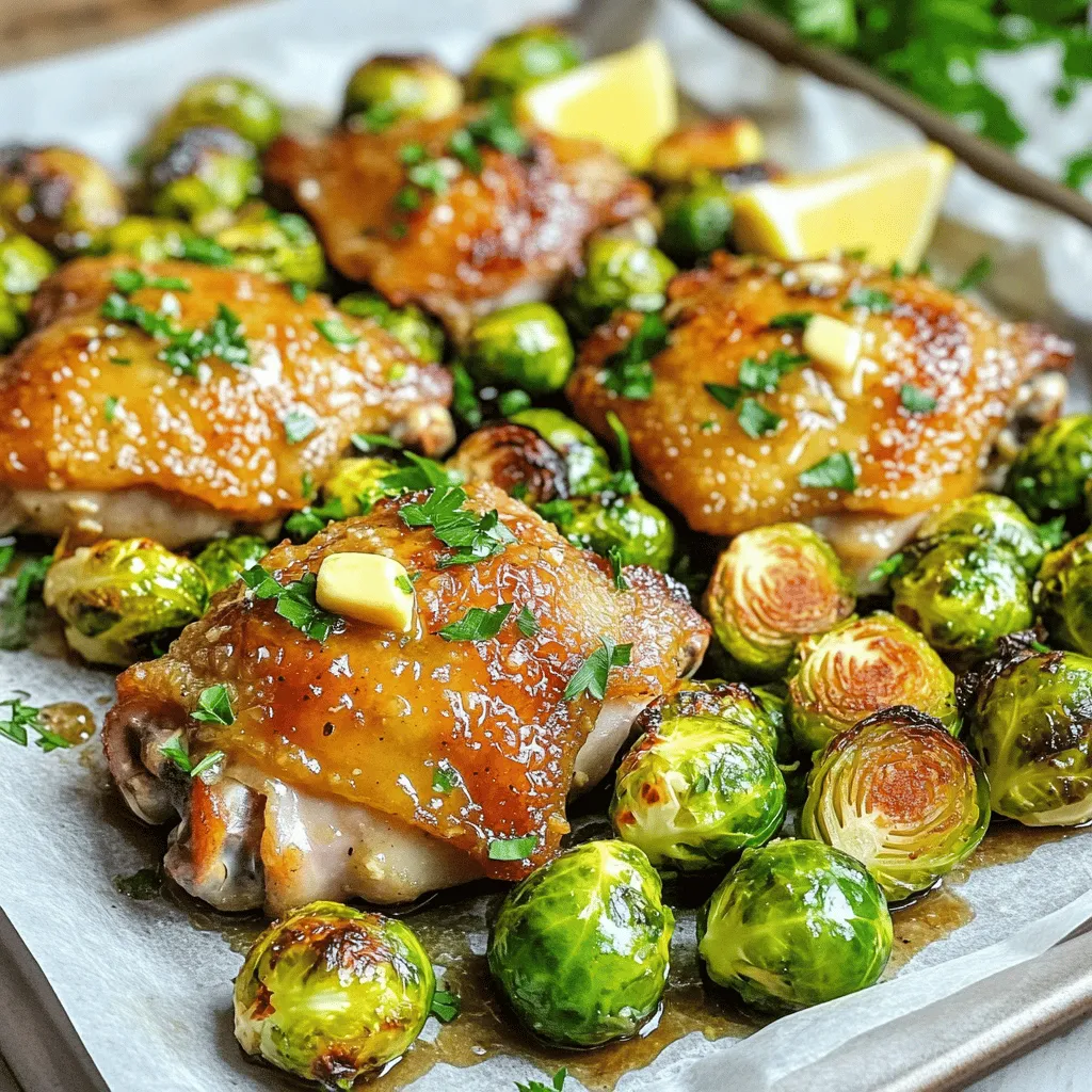 - Chicken: 4 boneless, skinless chicken thighs - Vegetables: 1 pound Brussels sprouts, trimmed and halved - Flavorings: 6 tablespoons unsalted butter, 6 cloves garlic, spices - Fresh Herbs: 1 tablespoon fresh rosemary, 1 tablespoon fresh thyme - Seasonings: Salt and pepper to taste, lemon zest and juice, olive oil - Garnish: Fresh parsley, lemon wedges I love using simple, fresh ingredients for this garlic butter chicken and Brussels sprouts dish. The chicken thighs are juicy and packed with flavor. They cook up tender and are easy to work with. The Brussels sprouts add a slight crunch and a hint of sweetness when roasted. I use unsalted butter for the garlic butter sauce. This gives you control over the salt level. I always add minced garlic to the butter. It makes a big difference in taste. Fresh rosemary and thyme add a nice touch. They bring out the flavors in both the chicken and the sprouts. For seasonings, I keep it simple with salt and pepper. The lemon zest and juice brighten the dish. Olive oil helps the Brussels sprouts roast well without burning. Finally, I like to garnish with fresh parsley. It adds color and freshness. Lemon wedges on the side offer a zesty kick when serving. This dish is fun to make and perfect for any night. The ingredients work together to create a delightful meal. Enjoy the vibrant flavors and simple prep! 1. Preheat the oven and prepare the sheet pan: Set your oven to 400°F (200°C). Line a large sheet pan with parchment paper for easy cleanup. 2. Make the garlic butter mixture: In a small bowl, whisk together 6 tablespoons of melted butter, 6 minced garlic cloves, 1 tablespoon of fresh rosemary, 1 tablespoon of fresh thyme, lemon zest, and lemon juice. Set this aside. 1. Toss Brussels sprouts in olive oil and season: Place 1 pound of trimmed and halved Brussels sprouts on one side of the sheet pan. Drizzle them with 1 tablespoon of olive oil. Season with salt and pepper, then toss them well to coat evenly. 2. Place chicken thighs and season: On the other side of the sheet pan, arrange 4 boneless, skinless chicken thighs. Season both sides with salt and pepper to taste. 1. Cook time and temperature: Pour the garlic butter mixture evenly over both the chicken and Brussels sprouts. Bake everything in the preheated oven for 25-30 minutes. Check that the chicken reaches an internal temperature of 165°F (75°C) and the Brussels sprouts are tender. 2. Optional broiling for added crispiness: For a crispy finish, broil the dish for an additional 2-3 minutes. This will give your chicken and Brussels sprouts a nice golden-brown color. To ensure your chicken is juicy and tender, follow these steps: - Use thighs: Boneless, skinless chicken thighs stay moist better than breasts. - Room temperature: Let the chicken sit out for 20 minutes before cooking. This helps it cook evenly. - Butter bath: Pour the garlic butter mix over the chicken before baking. It locks in moisture. To achieve perfectly caramelized Brussels sprouts, try these tips: - Cut evenly: Halve the sprouts so they cook at the same rate. - Space them out: Place sprouts in a single layer on the pan. Crowding leads to steaming, not roasting. - High heat: Bake at 400°F (200°C). This temperature helps the sprouts brown nicely. For plating and presentation, consider these ideas: - Sheet pan serving: Serve directly from the pan for a rustic look. - Garnish: Add fresh parsley and lemon wedges on the side. This adds color and freshness. - Add a drizzle: A light drizzle of olive oil or balsamic glaze can enhance the dish’s appeal. For side dishes, I recommend: - Rice or quinoa: These grains soak up the garlic butter and balance the meal. - Simple salad: A fresh green salad with a light vinaigrette complements the rich flavors. - Crusty bread: Serve with warm bread to soak up the tasty sauce. To change things up, try these herbs and spices: - Thyme and rosemary: Keep these for a classic flavor. - Paprika: Adds a nice smoky touch. - Parmesan cheese: Sprinkle on the sprouts before broiling for added richness. For adding heat or sweetness, consider these suggestions: - Red pepper flakes: Sprinkle on chicken before baking for a spicy kick. - Honey or maple syrup: Drizzle on Brussels sprouts for a sweet contrast to the garlic. - Citrus zest: Add orange or lime zest for a bright flavor twist. {{image_2}} You can change the protein in this dish. Try chicken breasts or turkey instead of thighs. Each option offers a different taste and texture. For veggies, you can swap Brussels sprouts for carrots or asparagus. Both vegetables add color and flavor. Switching up the butter can add new flavors. Try garlic herb butter for a delightful twist. You can also add sauces or marinades. A splash of soy sauce or balsamic vinegar can enhance the taste. Want to cook this dish faster? Use an air fryer. It cooks the chicken and Brussels sprouts quickly while keeping them crispy. If you prefer slow cooking, try a slow cooker. Cook on low for 6-8 hours for tender chicken and veggies. To keep your garlic butter chicken and Brussels sprouts fresh, cool them first. Let the dish sit at room temperature for about 30 minutes. Once cooled, transfer the leftovers to a clean, airtight container. This step helps prevent moisture loss. Store them in the fridge for up to three days. Make sure to label the container with the date you made it. When you want to enjoy your leftovers, reheating them correctly is key. Preheat your oven to 350°F (175°C). Place the chicken and Brussels sprouts on a baking sheet. Cover the dish with aluminum foil. This cover helps keep the food moist while it heats. Bake for about 15-20 minutes or until everything is warm. If you like crispy skin, remove the foil for the last few minutes. If you want to save some for later, freezing is a great option. First, make sure the dish is completely cool. Then, portion the chicken and Brussels sprouts into freezer-safe containers. You can also use freezer bags, squeezing out as much air as possible. Label each bag with the date. This dish can last up to three months in the freezer. When ready to eat, thaw it in the fridge overnight. Reheat as mentioned above for the best results. How long does it take to cook chicken thighs? It takes about 25-30 minutes to cook chicken thighs in the oven at 400°F. Make sure the internal temperature is 165°F for safety. This ensures the meat is juicy and tender. I always check with a meat thermometer for best results. Can I use frozen Brussels sprouts? Yes, you can use frozen Brussels sprouts. Just toss them directly onto the pan. No need to thaw them first. However, they might release extra moisture. This can make the dish a bit less crispy. What can I substitute for unsalted butter? You can use salted butter if that's what you have. Just reduce the added salt in the recipe. Another option is olive oil or coconut oil for a dairy-free version. Both will add nice flavor. Is it necessary to use fresh herbs? Fresh herbs add great taste, but dried herbs work too. Use one teaspoon of dried herbs for each tablespoon of fresh. Keep in mind that fresh herbs bring brighter flavors, making the dish shine. Can this recipe be made in advance? Yes, you can prepare this dish in advance. Marinate the chicken and Brussels sprouts with the garlic butter mixture. Cover and store in the fridge for up to 24 hours before cooking. This makes dinner time easier and tastier. How to adjust cooking times for batch cooking? If you double the recipe, the cooking time may increase slightly. Keep an eye on the chicken's temperature. It should still reach 165°F. You might need to rotate the sheet pan halfway through for even cooking. This blog post outlined a simple, tasty sheet pan meal using chicken thighs and Brussels sprouts. We covered the key ingredients, step-by-step instructions, and helpful tips. I hope you feel ready to try this dish. It’s easy to make and offers delicious flavors. Remember, you can swap out ingredients or even change cooking methods to fit your needs. Enjoy experimenting in the kitchen, and I’m sure you’ll impress your family or friends with this meal. Happy cooking!