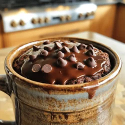 - 4 tablespoons all-purpose flour - 4 tablespoons granulated sugar - 2 tablespoons unsweetened cocoa powder - 1/8 teaspoon baking powder - 1/8 teaspoon salt - 3 tablespoons milk - 2 tablespoons vegetable oil - 1/2 teaspoon vanilla extract - 1 tablespoon chocolate chips (plus extra for melting) To make this chocolate lava mug cake, gather these ingredients. Each one plays a key role in creating that rich, molten center. I love using all-purpose flour for its versatility. Granulated sugar adds sweetness, while cocoa powder brings that deep chocolate flavor. The baking powder helps the cake rise. Salt enhances all the flavors. Milk keeps the cake moist, and vegetable oil gives it a tender crumb. Vanilla extract adds a nice touch of warmth. Finally, the chocolate chips create that gooey center that makes this cake a true delight. Once you have everything ready, you can move on to making this quick and easy treat. - Combine 4 tablespoons of flour, 4 tablespoons of sugar, 2 tablespoons of cocoa powder, 1/8 teaspoon of baking powder, and 1/8 teaspoon of salt in a microwave-safe mug. - Mix well until you see no lumps. This step is key to a smooth cake. - Next, add 3 tablespoons of milk, 2 tablespoons of vegetable oil, and 1/2 teaspoon of vanilla extract to the dry mix. - Stir until the mixture is smooth and well combined. This ensures even blending of flavors. - Gently fold in 1 tablespoon of chocolate chips into the batter. Make sure they spread evenly. - Then, create a small indent in the center of the batter. Place a few extra chocolate chips into this indent. - Microwave the mug on high for 40-60 seconds. Watch closely as it cooks. The edges should look set, but the center should stay soft. - Let the mug cake cool for about 1 minute before serving. This helps the molten center to set slightly for the best lava effect. To get the best texture in your mug cake, avoid overcooking. The goal is a soft center that flows like lava. Microwaves vary a lot, so timing is key. For most microwaves, 40 to 60 seconds works well. Start with 40 seconds. Check if the edges are set, but the center is still soft. If it needs more time, add 10 seconds. Keep an eye on it! You can switch up the vanilla if you want. Almond extract gives a nice twist. You could also use flavored syrups for a different taste. For toppings, think about adding a scoop of ice cream or whipped cream. Fresh berries add a fun pop of flavor and color. You can even mix in nuts or peanut butter for extra crunch. Each choice can make your mug cake special! {{image_2}} You can make this chocolate lava mug cake healthier. Try using whole wheat flour instead of white flour. Whole wheat adds fiber and nutrients. You can also swap granulated sugar for a sugar substitute. Options like stevia or monk fruit work well. If you need dairy-free choices, almond milk or oat milk are great. They keep the cake moist and tasty. To give your cake a gourmet touch, consider adding espresso powder. It brings out the chocolate flavor. Just a pinch will make your cake taste like a rich mocha. You can also mix in fruits or nuts. Chopped walnuts or raspberries add texture and flavor. Just fold them into the batter before microwaving. These twists make your mug cake special and fun to enjoy! If you have leftover batter, you can store it in the fridge for up to two days. Make sure to cover the mug with plastic wrap or a lid. This keeps the batter fresh and ready for later. If you bake the cake and have leftovers, let it cool first. Then, place it in an airtight container. You can keep it in the fridge for about three days. Want to enjoy it later? You can freeze the mug cake too! Wrap it tightly in plastic wrap. Then, place it in a freezer bag. It will stay good for about a month. When you want to eat it, just thaw it in the fridge overnight. To reheat your mug cake, use the microwave. Place the mug cake in the microwave for about 10 to 15 seconds. Check the cake to see if it is warm enough. If it needs more heat, add a few more seconds. Make sure to not overheat it. This keeps the soft, molten center nice and gooey. If you freeze the mug cake, let it thaw first. After thawing, reheat it the same way. Enjoy that warm, chocolaty goodness! You can tell your mug cake is done when it rises well. The edges should be firm. The center should look soft and slightly wet. Be careful not to overcook it. If you microwave it too long, you lose the lava effect. Yes, you can make a larger batch. Just multiply the ingredients by how many servings you want. Use a larger bowl instead of a mug. You will need to adjust the cooking time. Start with one minute and check if it is done. You can add many tasty toppings. Ice cream is a great choice. It melts into the warm cake. Whipped cream adds a light touch. Fresh fruits like berries or bananas taste amazing too. Try mixing and matching for fun flavors! You learned how to make a chocolate lava mug cake. We covered the needed ingredients, step-by-step instructions, and tips for perfecting your cake. You can try variations for a healthier or gourmet treat. Proper storage and reheating can keep your cake tasty. Enjoy experimenting with this easy recipe! A warm mug cake is quick and fun to make. It’s a great dessert for any time. Treat yourself or share it with friends. Happy baking!