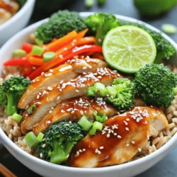 To make a tasty Teriyaki Chicken Rice Bowl, you need these key items: - 2 boneless, skinless chicken breasts, sliced - 1 cup brown rice - 1 cup broccoli florets - 1 red bell pepper, sliced - 1 carrot, julienned - ½ cup teriyaki sauce (store-bought or homemade) - 1 tablespoon sesame oil - 1 tablespoon olive oil - 2 green onions, chopped - Sesame seeds for garnish - Salt and pepper to taste You can add your favorite ingredients to make this dish your own: - Sliced mushrooms for an earthy flavor - Snap peas for a sweet crunch - Cooked edamame for extra protein - Chopped cilantro to brighten the taste - Chili flakes for a spicy kick Here are the tools that make cooking this dish easier: - A large skillet to cook the chicken and veggies - A pot for boiling the rice - A cutting board and sharp knife for prep work - Measuring cups and spoons for accuracy - A spatula or wooden spoon for stirring - Bowls for serving and assembling your meal Start by rinsing 1 cup of brown rice. This removes excess starch. Next, in a pot, mix the rice with 2 cups of water. Bring it to a boil on high heat. Once boiling, lower the heat to low. Cover the pot and let it simmer for 45-50 minutes. The rice should absorb all the water. After cooking, remove it from heat and let it sit covered for 10 minutes. Fluff the rice with a fork before serving. Take 2 boneless, skinless chicken breasts. Slice them into thin pieces. Season the chicken with salt and pepper for flavor. In a large skillet, heat 1 tablespoon of olive oil over medium heat. Once the oil is hot, add the chicken slices. Cook them for about 5-7 minutes. Stir occasionally until the chicken is browned and cooked through. Now it’s time for the veggies! Add 1 cup of broccoli florets, 1 sliced red bell pepper, and 1 julienned carrot to the skillet. Stir-fry these for about 5 minutes. The goal is to cook them until they are tender-crisp. This keeps the colors bright and flavors fresh. Once the veggies are ready, pour in ½ cup of teriyaki sauce. Stir well to coat the chicken and vegetables evenly. Let the mixture simmer for 2-3 minutes. This allows the sauce to thicken slightly and soak into the chicken and veggies. To serve, take a bowl and add a base of brown rice. Top it with the teriyaki chicken and vegetable mix. Finish it off by drizzling 1 tablespoon of sesame oil over the top. Sprinkle with chopped green onions and sesame seeds for a lovely garnish. Enjoy your meal! To make teriyaki chicken juicy, start with fresh chicken. Slice the chicken breasts thinly for quick cooking. Season them well with salt and pepper before cooking. Use medium heat in a skillet, so the chicken cooks evenly. Stir it often to avoid burning. Add the teriyaki sauce only after the chicken is cooked. This keeps the chicken tender and flavorful. Let it simmer for a few minutes to thicken the sauce. Rinsing brown rice is key. It removes excess starch and prevents stickiness. Use a pot with a tight lid for cooking. Combine one cup of rice with two cups of water. Bring it to a boil, then lower the heat. Cover and let it simmer for about 45 minutes. After cooking, let it sit for ten minutes. Fluff the rice gently with a fork for a perfect texture. To serve your teriyaki chicken rice bowls, start with a base of fluffy brown rice. Spoon the chicken and veggies on top. For a pop of color, sprinkle chopped green onions over the dish. Add a dash of sesame seeds for crunch. A slice of lime on the side adds freshness and zing. This makes the meal look inviting and fun to eat! {{image_2}} You can easily make this dish vegetarian or vegan. Instead of chicken, use tofu or tempeh. Both options soak up flavors well. Press and cube the tofu for best results. Cook it in the same way as chicken. For a lighter feel, add more veggies like mushrooms or zucchini. Use a plant-based teriyaki sauce to keep it vegan. You can switch the chicken for other proteins too. Try beef, shrimp, or pork. For beef, use thinly sliced flank steak. For shrimp, cook until pink and firm. For pork, use tenderloin, sliced thinly. Each protein gives a new taste and texture. This makes your rice bowl fun and exciting. You can play with flavors by changing sauces and spices. If you like heat, add sriracha to your teriyaki sauce. For a sweet touch, mix in honey or maple syrup. You can also try hoisin sauce or soy sauce for a different taste. Adding fresh ginger or garlic can boost the flavor too. Each change makes your teriyaki chicken rice bowl unique and delicious. To keep your teriyaki chicken rice bowls fresh, start by letting them cool. Place the leftovers in an airtight container. Store them in the fridge for up to three days. If you want to keep them longer, consider freezing. When you are ready to eat, you can reheat leftovers in the microwave. Heat for about 1-2 minutes. Stir halfway through to warm evenly. You can also use a skillet over medium heat. Add a splash of water to keep the dish moist. Serve with extra sesame seeds and green onions for a fresh touch. If you want to freeze teriyaki chicken rice bowls, package them in freezer-safe containers. Be sure to leave some space for expansion. They can last up to three months in the freezer. When you’re ready to eat, thaw in the fridge overnight. Reheat as mentioned above for a quick meal. Teriyaki sauce has a simple mix of soy sauce, mirin, and sugar. Some recipes add garlic, ginger, or sesame oil for extra flavor. You can buy teriyaki sauce or make it at home. The sweet and salty taste makes it perfect for chicken. Yes! You can switch out vegetables based on your taste. Try snap peas, zucchini, or bell peppers. Just remember to keep them crunchy. This flexibility lets you use what you have on hand. To add heat, mix in red pepper flakes or sriracha. You can also use spicy teriyaki sauce if you want. Start with small amounts, and taste as you go. This way, you can find your perfect spice level. Teriyaki chicken rice bowls are packed with nutrients. Chicken provides protein, while brown rice gives fiber. Broccoli and carrots add vitamins and minerals. This meal supports a healthy diet and keeps you full. These rice bowls can last three to four days in the fridge. Make sure to store them in an airtight container. When you’re ready to eat, just reheat in the microwave. Enjoy your tasty meal again! This article guides you through making tasty teriyaki chicken rice bowls. We covered essential and optional ingredients, cooking tools, and step-by-step prep. You learned tips for perfect results and ways to customize your dish. Don’t forget to try vegetarian options or different proteins. Store leftovers well and enjoy them later. With these tips, you can create delicious meals for any occasion. Enjoy your tasty creations and share them with friends and family.