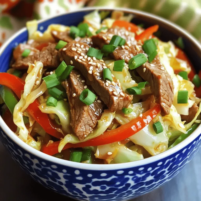 - 1 lb (450g) beef sirloin, thinly sliced - 4 cups green cabbage, shredded - 1 red bell pepper, thinly sliced - 2 green onions, chopped - 3 cloves garlic, minced - 1 tablespoon fresh ginger, minced - 3 tablespoons soy sauce - 1 tablespoon sesame oil - 1 tablespoon vegetable oil - 1 teaspoon red pepper flakes (adjust to taste) - Salt and pepper to taste - Optional: Sesame seeds for garnish - Preparation Time: 10 minutes - Cooking Time: 15 minutes - Total Time: 25 minutes - Servings: 4 Gathering the right ingredients is key for a tasty Minute Beef and Cabbage Stir Fry. Start with beef sirloin. Thin slices cook fast and stay tender. You need about one pound. Cabbage adds crunch. I use four cups of shredded green cabbage. For color, slice one red bell pepper. It brightens the dish and adds sweetness. Green onions bring a mild flavor. Chop two and mix them in. Garlic and ginger are essential too. I use three cloves of garlic and one tablespoon of fresh ginger to make the dish fragrant. For the seasoning, soy sauce is a must. Three tablespoons add depth. I also use one tablespoon of sesame oil for richness. Vegetable oil helps with frying. Lastly, add red pepper flakes for heat. You can adjust this based on your spice level. Don’t forget salt and pepper to taste. If you like, sprinkle sesame seeds on top for garnish. This simple mix of fresh ingredients makes a meal that is both quick and delicious. - Marinate the beef with soy sauce, salt, and pepper. - Let it rest for 10 minutes while prepping vegetables. To start, take 1 pound of beef sirloin and slice it thinly. Place it in a bowl and add 3 tablespoons of soy sauce with a pinch of salt and pepper. Stir this well to coat the beef. Allow it to marinate for about 10 minutes. This waiting time lets the beef soak up the flavors while you chop the vegetables. - Heat vegetable oil and stir-fry marinated beef for 2-3 minutes. - Remove beef and sauté garlic and ginger until fragrant. Next, heat 1 tablespoon of vegetable oil in a large skillet over medium-high heat. Once the oil is hot, add the marinated beef. Stir-fry for 2 to 3 minutes until the beef turns brown. Then, take the beef out and set it aside. In the same skillet, add 3 minced garlic cloves and 1 tablespoon of fresh minced ginger. Stir-fry these for about 30 seconds until they smell great. - Add cabbage, bell pepper, and green onions, stir-fry for 3-4 minutes. - Add beef back to the skillet with remaining soy sauce and sesame oil. - Toss everything together for an additional 2-3 minutes until heated through. Now, add 4 cups of shredded cabbage, 1 thinly sliced red bell pepper, and 2 chopped green onions to the skillet. Stir-fry these veggies for about 3 to 4 minutes. You want the cabbage to wilt but still have some crunch. After that, return the beef to the pan. Pour in the remaining soy sauce and 1 tablespoon of sesame oil, along with a sprinkle of red pepper flakes. Toss everything together for another 2 to 3 minutes until heated through. Enjoy the mix of flavors! To make your dish pop, adjust the red pepper flakes. Add more for extra heat or reduce them for a milder taste. Always taste before serving. If it needs more seasoning, don’t hesitate to add salt, pepper, or soy sauce. Balancing flavors makes a big difference. For the best stir-fry, cook over high heat. This keeps the beef tender and the veggies crunchy. If you have a wok, use it! Woks heat evenly and allow for easy tossing. This method gives your dish that classic stir-fry texture. Drizzle extra soy sauce or sesame oil on top before serving. This adds flavor and richness. Consider garnishing with sesame seeds. They provide a nice crunch and a touch of elegance. Serve your stir-fry in bowls for a cozy meal. {{image_2}} - Substitute beef with chicken or tofu for a different protein. - Add other vegetables like carrots or broccoli for extra nutrition. Switching up proteins or veggies keeps this dish exciting. If you want something lighter, try chicken. Tofu brings a nice plant-based touch. Feel free to toss in colorful veggies like carrots or broccoli. They not only add nutrition but also make the dish look vibrant. - Incorporate a splash of rice vinegar for tanginess. - Mix in a tablespoon of hoisin sauce for sweetness. For a tangy twist, add a splash of rice vinegar. It brightens the flavors and makes each bite exciting. If you enjoy a touch of sweetness, hoisin sauce is your friend. Just a tablespoon can elevate the dish and add depth. - Make it gluten-free by using tamari instead of soy sauce. - Low-carb option: use cauliflower rice instead of serving with rice. If you need a gluten-free option, tamari works just as well as soy sauce. It keeps the flavor while meeting dietary needs. For those watching carbs, swap rice for cauliflower rice. It’s a great way to enjoy the dish without extra carbs. Store leftovers in an airtight container in the fridge. This keeps them fresh and tasty. I recommend eating them within 3 days for the best flavor. After that, the veggies may lose their crunch, and the beef might not taste as good. To freeze, pack the dish in freezer-safe containers. Make sure to leave some space at the top for expansion. I suggest using it within 1 month for the best quality. After that, the taste and texture could change. Reheat on the stove over medium heat for the best results. This helps to keep the beef tender and the vegetables crisp. Add a splash of water to the pan while reheating. This prevents drying out and keeps your stir fry juicy and enjoyable. - Follow these steps for a quick recipe: 1. Mix beef with soy sauce, salt, and pepper. 2. Let it marinate for 10 minutes while prepping. 3. Heat vegetable oil in a skillet over medium-high heat. 4. Stir-fry beef for 2-3 minutes until browned. 5. Remove beef and sauté garlic and ginger for 30 seconds. 6. Add cabbage, bell pepper, and green onions. Stir-fry for 3-4 minutes. 7. Return beef to the skillet, add remaining soy sauce and sesame oil. 8. Toss everything for an additional 2-3 minutes. 9. Taste and adjust seasoning if needed. 10. Serve hot, garnished with sesame seeds if desired. - Yes, you can substitute frozen vegetables. Just adjust cooking time accordingly. Frozen veggies cook faster, so check them often. This will help keep a nice crunch. - Consider pairing it with steamed rice, quinoa, or noodles for a complete meal. These options will soak up the tasty sauce well. You can also add a side salad for freshness. This blog post covered a simple recipe for Minute Beef and Cabbage Stir Fry. It shared all the key ingredients and easy steps needed to make it. I also offered tips to enhance flavor and suggested ingredient swaps for variety. Remember to store leftovers properly to keep them fresh. Try this dish and mix it up as you like. You’ll enjoy a tasty meal that’s quick and satisfying. Cooking should be fun and easy, so grab those ingredients and get started!