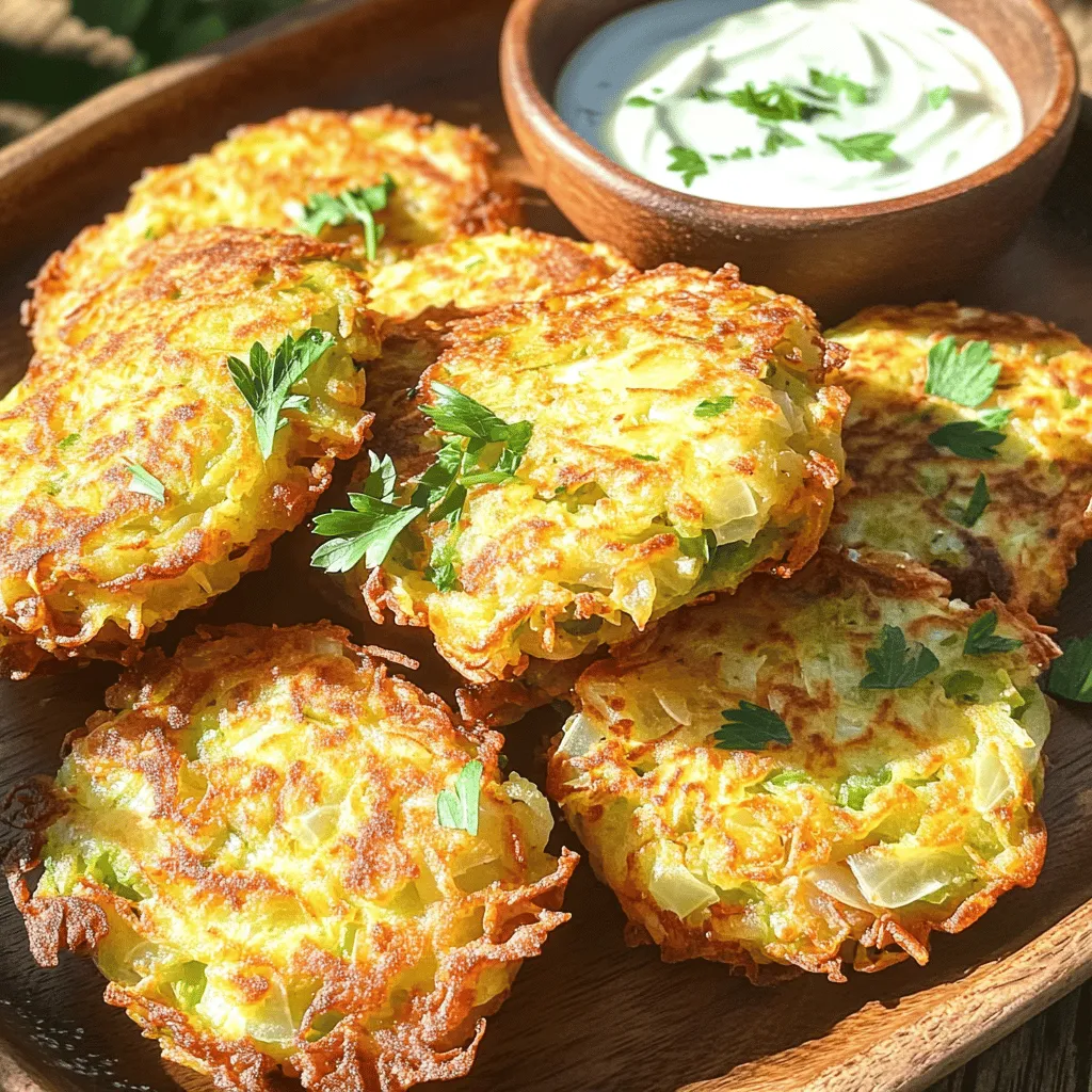 To make these tasty fritters, you will need: - 2 cups of green cabbage, finely shredded - 1 medium onion, finely chopped - 1/2 cup all-purpose flour - 1/4 cup cornmeal - 1 teaspoon baking powder - 1 teaspoon turmeric powder - 1 teaspoon cumin seeds - 1 teaspoon salt (or to taste) - 1/2 teaspoon black pepper - 1/4 cup fresh parsley or cilantro, chopped - 1 large egg, beaten - 1/2 cup water (as needed) - Oil for frying These ingredients create a crisp and flavorful treat. The cabbage gives a nice crunch. The onion adds sweetness, while spices bring warmth and depth. You can add a few more items to boost taste: - 1-2 cloves of garlic, minced - 1 small chili pepper, finely chopped - 1 tablespoon lemon juice - 1 teaspoon smoked paprika These extras can add layers of flavor. Garlic and chili can bring heat, while lemon juice brightens the dish. Smoked paprika gives a nice smokiness. If you have dietary needs, here are some swaps: - Gluten-Free: Replace all-purpose flour with a gluten-free blend. - Vegan: Use a flax egg (1 tablespoon flaxseed meal mixed with 2.5 tablespoons water) instead of the egg. - Low-Carb: Substitute flour with almond flour or coconut flour. These substitutions keep the fritters delicious while adapting to your diet. You do not have to compromise on taste. Start with fresh green cabbage. Take 2 cups and shred it finely. Then, grab 1 medium onion and chop it into small pieces. Combine the cabbage and onion in a large bowl. Add 1 teaspoon of salt to the mix. Let it sit for about 10 minutes. This draws out moisture from the veggies. After 10 minutes, squeeze the mixture to remove excess water. This step is key to getting crispy fritters. Transfer the drained mixture to a clean bowl. In a separate bowl, gather your dry ingredients. You will need 1/2 cup of all-purpose flour and 1/4 cup of cornmeal. Then, add 1 teaspoon of baking powder, 1 teaspoon of turmeric powder, and 1 teaspoon of cumin seeds. These spices add flavor and color. Sprinkle in 1/2 teaspoon of black pepper and salt to taste. Lastly, chop 1/4 cup of fresh parsley or cilantro and mix it in. Stir all these dry ingredients well. This mix gives your fritters a solid base. Now it's time to combine everything. Gradually add the dry mixture to the bowl with cabbage and onion. Then, crack 1 large egg into the bowl and beat it before adding. Stir until well combined. If the batter feels too thick, slowly add 1/2 cup of water. You want a thick, but smooth batter. This will hold the fritters together while cooking. Heat a non-stick skillet over medium heat. Pour enough oil to cover the bottom of the skillet. Once the oil is hot, drop spoonfuls of the fritter batter into the skillet. Flatten each one slightly with the back of the spoon. Cook for about 3-4 minutes on each side. You want them golden brown and crispy. Adjust the heat to prevent burning. After cooking, place the fritters on a paper towel-lined plate. This helps remove any extra oil. Enjoy your delicious, homemade fritters! To make your fritters extra crispy, squeeze out moisture from the cabbage and onion. After mixing, let the batter sit for a couple of minutes. This helps it thicken. When frying, ensure the oil is hot enough. If the oil is too cool, the fritters will absorb it and become soggy. Fry them for 3-4 minutes on each side until they turn golden brown. This gives them that nice crunch you want. The right oil makes a big difference in flavor and texture. I prefer using vegetable oil or canola oil for frying. They have high smoke points, which means they won’t burn easily. Peanut oil is another great choice for its rich flavor. Avoid oils with strong flavors, like olive oil, as they can overpower the fritters. To save time, chop your vegetables ahead of time. You can also prepare the dry mix in advance. This way, when you are ready to cook, you just combine everything. Keep your frying oil hot by cooking in batches. This lets you make more fritters without waiting too long. Lastly, use a food processor to shred cabbage quickly, making your prep even faster! {{image_2}} You can change the taste of your fritters by adding spices. Try smoked paprika for a smoky flavor. You can add chili powder for a spicy kick. If you enjoy warmth, cinnamon adds a nice touch. Experimentation is key. Just start with a small amount and taste as you mix. This way, you control the flavor. If you want to make these fritters vegan, simply replace the egg. Use 1/4 cup of mashed banana or unsweetened applesauce instead. Both work well and keep the texture nice. You can also try flaxseed meal mixed with water. This creates a binding effect similar to eggs. Adjust your recipe to fit your needs. Feel free to mix in other veggies for added flavor and nutrition. Grated carrots add sweetness and color. Zucchini can make the fritters moist. Spinach or kale gives a healthy green boost. Just remember to squeeze out excess moisture before mixing. This keeps your fritters from getting soggy. Each veggie brings something new to the table. Enjoy the process of creating your own unique fritters! To keep your leftover fritters fresh, let them cool first. Place them in a single layer on a plate. Cover them with plastic wrap or foil. This helps keep them from getting soggy. You can also use an airtight container, but make sure to separate layers with paper towels. This absorbs moisture and maintains crispiness. Store them in the refrigerator for up to three days. Reheating fritters can be tricky. To keep them crispy, heat a skillet over medium heat. Add a small amount of oil, then place the fritters in the pan. Cook for about 2-3 minutes on each side. This method revives their crunch. Alternatively, you can use an oven. Preheat it to 375°F (190°C). Place fritters on a baking sheet for 10-15 minutes until warm and crisp. If you want to freeze your fritters, start by letting them cool completely. Arrange them in a single layer on a baking sheet. Freeze them for about an hour. Once frozen, transfer them to a freezer bag or container. They can last up to three months in the freezer. When ready to eat, reheat them from frozen, following the skillet method. Enjoy your fritters as if they were freshly made! Cabbage is low in calories. It is high in vitamins C and K. These vitamins help boost your immune system and strengthen bones. Cabbage also has fiber, which aids digestion. This can help keep you feeling full longer. Eating cabbage may lower the risk of certain cancers too. It has antioxidants that fight free radicals in your body. Overall, cabbage is a great addition to your diet. Yes, you can make fritters without eggs. Try using a flaxseed meal or chia seeds mixed with water. This will help bind the ingredients. Use one tablespoon of flaxseed meal with three tablespoons of water for one egg. Let it sit for a few minutes until it thickens. You can also use mashed bananas or unsweetened applesauce as substitutes. These fritters pair well with a variety of dips. I recommend serving them with a tangy yogurt dip. You can mix yogurt with lemon juice and herbs for extra flavor. Fresh salsa or a spicy chutney also works well. For a complete meal, serve them with a side salad or steamed veggies. They can also be a great snack on their own. To keep fritters from falling apart, squeeze out excess water from the cabbage and onion. This helps the batter stick together. Use enough flour and cornmeal to bind the mixture. Make sure the oil is hot before adding the batter. This creates a crispy shell that holds everything in place. Flip them gently to avoid breaking them apart. In this post, we explored how to make Golden Cabbage & Onion Fritters. We covered the main and optional ingredients, plus dietary substitutions. I shared step-by-step cooking instructions and tips for achieving perfect crispiness. You learned about flavor variations and how to store leftovers effectively. These fritters are simple and delicious. You can easily adapt the recipe to fit your needs. Enjoy experimenting with flavors and sharing them with friends and family. Happy cooking!