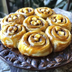 - 2 cups all-purpose flour - 1/2 cup granulated sugar - 1 teaspoon active dry yeast - 1/2 teaspoon salt - 1/2 cup whole milk, warmed - 1/4 cup unsalted butter, melted - 1 large egg - 1 teaspoon vanilla extract - 1 teaspoon ground cinnamon - 1 medium apple, peeled and diced - 1/4 cup brown sugar, packed - 1/4 cup caramel sauce These ingredients create a soft and sweet base for the rolls. The flour adds structure, while the sugar adds sweetness. Yeast helps the dough rise, making it fluffy. The apple gives a nice fruity flavor. Caramel sauce adds gooey goodness. - 4 oz cream cheese, softened - 1 cup powdered sugar - 2 tablespoons milk - 1 teaspoon vanilla extract This glaze tops the rolls with a rich and creamy layer. Cream cheese gives it a tangy taste. The powdered sugar makes it sweet, while milk helps it smooth out. Vanilla adds extra flavor. - Large mixing bowl - Whisk - Rolling pin - Baking dish - Knife - Measuring cups and spoons - Damp cloth These tools help you mix, shape, and bake the rolls. A mixing bowl is key for combining ingredients. A whisk blends well, and a rolling pin flattens the dough. A baking dish holds the rolls while they bake. A knife helps slice the dough into rolls. Start by taking a large bowl. Pour in the warmed milk, melted butter, sugar, yeast, and vanilla extract. Mix these well and let the mixture sit for about 5 minutes. You should see bubbles forming on top. This means the yeast is alive and ready to rise! In another bowl, mix the flour, salt, and cinnamon together. This combines the dry ingredients for your rolls. Once they are well mixed, gradually add this blend to your wet mixture. Stir until a soft dough forms. Now, turn the dough out onto a lightly floured surface. Knead it for 5 to 7 minutes. You want it to become smooth and elastic. This step is key to getting that perfect texture in your rolls. Once the dough is ready, place it in a greased bowl. Cover it with a damp cloth and let it rise in a warm spot for about 1 hour. It should double in size. After it has risen, roll the dough out into a rectangle about 1/4 inch thick. Spread the caramel sauce evenly over the dough. Then, sprinkle brown sugar, diced apples, and a little more cinnamon over the top. These flavors will create a delicious filling. Roll the dough tightly from one end to the other and slice it into 12 equal rolls. Place the rolls in a greased baking dish. Cover them again and let them rise for another 30 minutes. This second rise will make the rolls fluffy and light. Preheat your oven to 350°F (175°C). Once the rolls have risen, bake them for 20 to 25 minutes. They should turn golden brown. Keep an eye on them to avoid overbaking. Enjoy the amazing smell that fills your kitchen! To make the best dough, start with warm milk. This helps the yeast wake up. Mix your wet and dry ingredients well. Knead the dough for 5-7 minutes until it feels smooth. If it sticks to your hands, sprinkle a little flour. Cover the dough and let it rise in a warm spot. It should double in size. Add spices to boost flavor. Ground cinnamon is a must, but you can also try nutmeg. Use fresh apples; they add moisture and taste. Choose sweet apples like Fuji or Honeycrisp. You can even toss in some nuts for crunch. A pinch of salt in the glaze balances the sweetness. Serve these rolls warm on a pretty platter. Drizzle with extra caramel sauce for a sweet touch. Top with chopped nuts or more diced apples for texture. A scoop of vanilla ice cream on the side makes it special. Let your guests enjoy these rolls with their choice of coffee or tea. {{image_2}} You can make these caramel apple cinnamon rolls even more exciting by changing the filling. - Nut Options: Add chopped walnuts or pecans for a nice crunch. Nuts add flavor and texture. Just sprinkle them over the caramel and apple mixture before rolling. - Seasonal Fruit Variations: Use pears, peaches, or berries instead of apples. Each fruit brings its own taste. This keeps your rolls fresh and fun for each season. The cream cheese glaze is a classic, but you can switch it up if you want. - Chocolate Drizzle: Melt some chocolate and drizzle it over the warm rolls. It adds a rich taste that pairs well with the apples. - Maple Syrup Glaze: Mix maple syrup with powdered sugar for a sweet twist. This glaze brings a lovely autumn vibe to your rolls. Want to make your rolls a bit healthier? Here are some ideas. - Whole Wheat Flour Option: Swap half or all of the all-purpose flour for whole wheat flour. This adds fiber and nutrients. Your rolls will be heartier and still taste great. - Sugar Alternatives: Use honey or agave syrup instead of granulated sugar. These options can lower the glycemic index and add different flavors to your rolls. Feel free to mix and match these variations to find your favorite combination! To keep your caramel apple cinnamon rolls fresh, place them in an airtight container. You can also wrap them tightly in plastic wrap. Store them at room temperature for up to three days. If you want to keep them longer, refrigeration is a good choice. Just remember that the rolls may dry out a bit in the fridge. If you want to freeze these rolls, allow them to cool completely first. Then, wrap each roll in plastic wrap and place them in a freezer bag. Make sure to remove as much air as possible. You can freeze them for up to three months. When you want to enjoy them, just thaw them in the fridge overnight. To reheat your cinnamon rolls, preheat the oven to 350°F (175°C). Place the rolls on a baking sheet. Cover them with aluminum foil to keep them from drying out. Heat them for about 10-15 minutes, or until warm. If you want, you can also microwave them for about 20-30 seconds. Just be careful not to overheat, or they may become tough. Yes, you can prepare these rolls in advance. Make the dough and fill it as directed. After slicing the rolls, place them in the baking dish. Cover them and store in the fridge overnight. In the morning, take them out and let them rise for 30 minutes to an hour. Then, bake as usual. This makes mornings simpler and keeps the rolls fresh. I recommend using firm apples like Granny Smith or Honeycrisp. They hold their shape well when baked. Granny Smith adds a nice tartness, while Honeycrisp brings sweetness. You can mix varieties for extra flavor and texture. Just remember to peel and dice them before adding them to the filling. To make gluten-free caramel apple cinnamon rolls, use a gluten-free flour blend. Look for one that includes xanthan gum for better texture. Follow the same mixing and kneading steps. The dough may feel different, but it should still rise. Just keep an eye on the baking time, as it may vary. If you want an alternative to cream cheese, try mascarpone cheese or Greek yogurt. Both options give a creamy texture. You can also use a simple powdered sugar glaze made with milk and vanilla. Just adjust the amounts to reach your desired consistency. Enjoy the flexibility! This blog post covered how to make delicious rolls from start to finish. You learned about key ingredients, step-by-step methods, and useful tips. We explored fun variations and storage options, making this recipe flexible. In my experience, these rolls are a treat for any occasion. Try them with different fillings or glazes to find your favorite. Enjoy the process and happy baking!