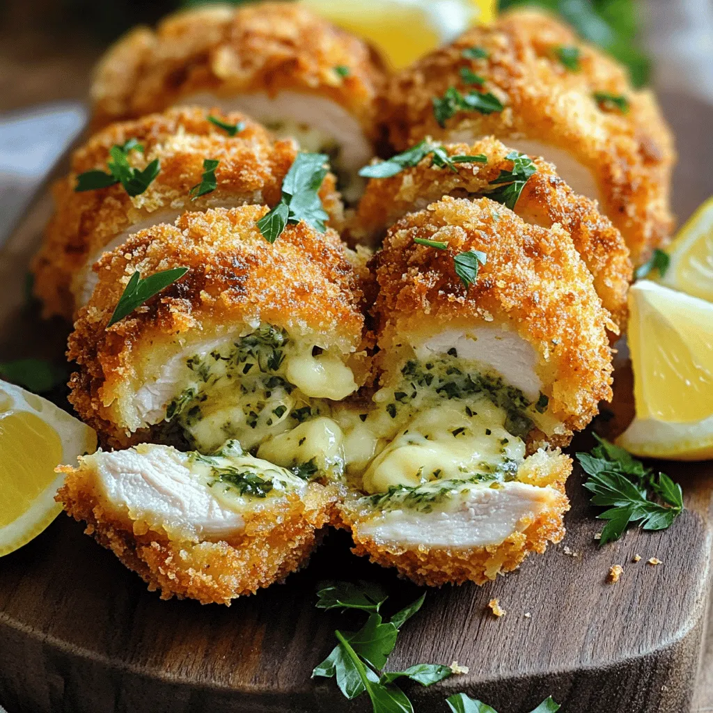 - 4 boneless, skinless chicken breasts - 100g unsalted butter, softened - Salt and pepper to taste - 2 tablespoons fresh parsley, finely chopped - 1 tablespoon fresh dill, finely chopped - 2 cloves garlic, minced - 1 teaspoon lemon juice - 1 cup all-purpose flour - 2 large eggs, beaten - 2 cups breadcrumbs (panko for extra crunch) - Oil for frying In this recipe, we focus on fresh ingredients. The chicken serves as a blank canvas. The unsalted butter adds richness. Fresh herbs elevate the dish with bright flavors. I love using parsley and dill together. Garlic gives a punch, while lemon juice brightens it all. For the breading, I recommend panko breadcrumbs. They create a crispier texture than regular breadcrumbs. The flour and eggs help the coating stick well. Oil is essential for frying. It creates a golden and crunchy crust. When I prepare this dish, I make sure to have everything ready. This way, I can cook smoothly and enjoy the process. Each ingredient plays a key role in making this Chicken Kiev flavorful and delightful. 1. In a bowl, mix the softened butter, parsley, dill, minced garlic, lemon juice, salt, and pepper. 2. Make sure everything is well blended. 3. Place the mixture on plastic wrap. Roll it into a log shape, about 1 inch wide. 4. Twist the ends to seal it. Freeze for 30 minutes until firm. 1. While the butter freezes, take the chicken breasts and lay them flat. 2. Cover the chicken with plastic wrap. 3. Use a meat mallet to pound each breast to about ½ inch thick. 4. This makes them cook evenly. 5. Cut a pocket in the thickest part of each breast. Be careful not to cut through the sides. 1. Remove the herb butter from the freezer. 2. Take a piece of the frozen butter and insert it into each chicken pocket. 3. Fold the chicken over to seal the butter in. Use toothpicks to hold it together if needed. 4. Set up three shallow dishes: one with flour, one with beaten eggs, and one with breadcrumbs. 5. First, dredge the stuffed chicken in flour. Shake off any extra. 6. Next, dip each piece into the egg, coating it well. 7. Finally, roll the chicken in breadcrumbs. Press gently to make sure they stick. 1. In a large skillet, heat about ½ inch of oil over medium-high heat. 2. Once the oil is hot, carefully add the breaded chicken. 3. Fry each piece for about 5-6 minutes on each side. 4. Cook until golden brown and the inside reaches 165°F (75°C). 1. Once cooked, transfer the chicken to a plate lined with paper towels. 2. Let the chicken rest for about 5 minutes before serving. 3. This helps the herb butter set and prevents spills when you cut into it. To make juicy Chicken Kiev, pound the chicken evenly. This step helps the meat cook at the same rate. You want it to be about ½ inch thick. This way, the chicken stays tender and juicy inside. After cooking, check the internal temperature. It should reach 165°F (75°C) to ensure safety and perfect doneness. Use a meat thermometer for accuracy. For a crispy coating, use panko breadcrumbs. They add a nice crunch that regular breadcrumbs can’t match. Heat your oil to the right temperature. If it’s too hot, the coating burns. If it’s too cool, the chicken gets greasy. Aim for medium-high heat, around 350°F (175°C). This keeps the coating golden and crisp. Serve your Chicken Kiev with fresh herbs and lemon wedges. This adds color and freshness to your plate. When you slice the chicken, do it diagonally. This way, you show off the melted herb butter inside. The warm butter will ooze out, making the dish look even more delicious. Enjoy your beautifully presented meal! {{image_2}} You can change the herbs in your Chicken Kiev. Try using thyme or chives. These herbs add unique tastes. You can also add spices for extra flavor. A pinch of paprika or cayenne can make it spicy. For a fresh twist, consider lemon zest. This brightens the dish and adds zing. Feel free to mix and match herbs based on what you like. If you need to go gluten-free, replace regular breadcrumbs with gluten-free options. You can use almond flour or crushed cornflakes. These add a nice crunch too. For dairy-free cooking, try using plant-based butter. This keeps the herb butter rich and tasty without dairy. You can also use a dairy-free milk in the egg wash. It helps the breadcrumbs stick well. You can cook Chicken Kiev in different ways. If you want a healthier option, bake it in the oven. Preheat the oven to 375°F (190°C). Place the breaded chicken on a baking sheet. Bake for about 25-30 minutes. This makes for a crispy outside and juicy inside without frying. Another option is to use an air fryer. Set it to 380°F (193°C). Cook it for about 15-20 minutes. This method uses less oil but still gives a great crunch. Either method works well and keeps the chicken flavorful and juicy. To keep your cooked Chicken Kiev fresh, store it in the fridge. Place the chicken in an airtight container. This helps lock in moisture and flavor. Cooked Chicken Kiev stays good for about 3 to 4 days in the refrigerator. If you want to enjoy it later, freezing is a great option. You can freeze both cooked and uncooked Chicken Kiev. To freeze cooked Chicken Kiev, let it cool first. Wrap each piece tightly in plastic wrap. Then, place the wrapped chicken in a freezer bag. This way, it can last up to 3 months in the freezer. For uncooked chicken, follow the same wrapping method. Make sure to label the bags with the date. When you're ready to eat, thaw chicken in the fridge overnight. This keeps it safe and tasty. To reheat Chicken Kiev and keep it crispy, use the oven. Preheat your oven to 375°F (190°C). Place the chicken on a baking sheet. Heat for about 15-20 minutes until hot and crispy. If you prefer the microwave, do so with care. Place the chicken on a microwave-safe plate. Cover it with a paper towel to keep it moist. Heat on low power for 1-2 minutes. This method can make it softer, so the oven is best for crunch. Yes, you can prep Chicken Kiev in advance. Here are some tips to make meal planning easier: - Prepare the herb butter and freeze it. You can make it a few days ahead. - Stuff the chicken and coat it with breadcrumbs. This can be done a day before cooking. - Store the chicken in the fridge. Keep it in an airtight container to stay fresh. Making Chicken Kiev ahead saves time on busy nights. Just fry it when you’re ready to eat. Chicken Kiev pairs well with many side dishes. Here are some tasty ideas: - Mashed potatoes: Creamy and buttery, they balance the crispy chicken. - Steamed vegetables: Broccoli or green beans add color and nutrients. - Rice pilaf: A light side that soaks up any herb butter. - Salad: A fresh green salad with a light dressing helps cleanse your palate. These sides make a complete meal and enhance the Chicken Kiev experience. To check if your chicken is done, use these simple tips: - Use a meat thermometer: Insert it into the thickest part of the chicken. It should read 165°F (75°C). - Check the juices: Cut into the chicken. If the juices run clear, it’s cooked. - Look for color: The meat should no longer be pink inside. These methods help you ensure a safe and delicious meal. This blog post showed you how to make tasty Chicken Kiev. You learned about key ingredients like chicken and fresh herbs. I provided step-by-step instructions for preparing, stuffing, and frying. You also got tips for juicy chicken and crispy coating. In the end, Chicken Kiev can impress at any meal. Try different herbs or cooking methods. Enjoy your cooking journey, and wow your friends and family with this dish!