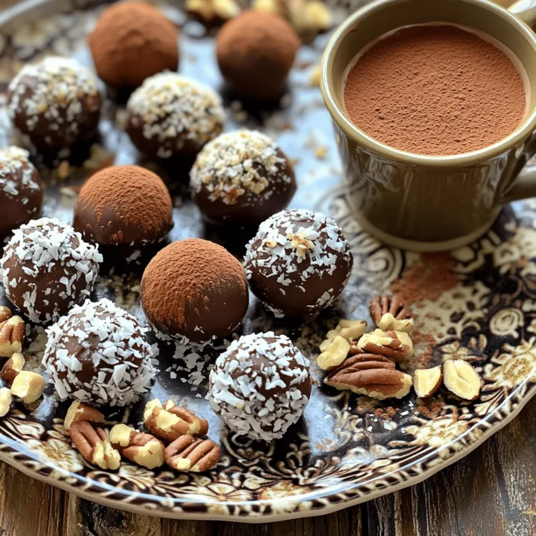To make these truffles, you need the following main ingredients: - 8 oz (225g) dark chocolate, finely chopped - 1/2 cup (120ml) heavy cream - 1 tablespoon instant espresso powder - 2 tablespoons unsweetened cocoa powder - 1 teaspoon vanilla extract - A pinch of sea salt These ingredients create a rich and smooth chocolate truffle. The dark chocolate gives a deep flavor that pairs well with espresso. The heavy cream makes the truffles creamy and soft. The instant espresso powder adds a strong coffee taste, boosting the overall flavor. The cocoa powder, vanilla, and salt enhance the chocolate taste. You can roll the truffles in different coatings to add texture and flavor. Here are some great options: - Cocoa powder - Chopped nuts - Shredded coconut Choosing a coating can make your truffles unique. Cocoa powder adds a classic touch. Chopped nuts give a nice crunch, while shredded coconut adds a tropical twist. You can mix and match these coatings to suit your taste! If you want to make some swaps, here are a few ideas: - Use milk chocolate instead of dark chocolate for a sweeter taste. - Coconut cream can replace heavy cream for a dairy-free option. - Try using flavored extracts, like almond or hazelnut, for a fun twist. These substitutions help you customize the truffles to fit your needs. Always choose quality ingredients for the best flavor. With these options, you can enjoy the truffles your way! To make the base for your truffles, start with a small saucepan. Pour in the heavy cream and add the instant espresso powder and a pinch of sea salt. Heat this mixture over medium heat. Stir it gently and wait until it warms up. This should take about 2-3 minutes. Make sure the mixture does not boil; we just want it warm. Once warm, take the saucepan off the heat. Now, add the finely chopped dark chocolate into the cream mix. Let it sit for about 3-4 minutes. This allows the chocolate to melt gently. After the time is up, grab a spatula and stir the mix until it becomes smooth and shiny. Lastly, add the vanilla extract and mix it well. Now that your espresso chocolate mixture is ready, it’s time to form the truffles. First, transfer the mixture to a bowl. Cover the bowl with plastic wrap and pop it into the fridge. Let it chill for about 1-2 hours. This helps the mixture firm up. Once it is firm, use a teaspoon or a small scoop to take some chocolate mix. Roll it into a ball with your hands. Each ball should be about the size of a small marble. This step is fun, and you can involve the kids if you like! After forming the balls, it’s time for the fun part: coating them! Pick your favorite coating options. You can use cocoa powder, chopped nuts, or shredded coconut. Roll each truffle ball in your chosen coating until it is fully covered. Once coated, place the truffles on a plate or tray lined with parchment paper. Now, put them back in the fridge for another 30 minutes. This helps the coating set and makes them easier to handle. After that, your no-bake espresso chocolate truffles are ready. Enjoy them chilled or at room temperature! To get a smooth texture, use high-quality dark chocolate. The chocolate should be finely chopped before mixing. This helps it melt evenly. When heating the cream, do not let it boil. Boiling changes the texture and taste. Stir the mixture gently. This keeps it smooth and prevents air bubbles. After chilling, the mixture should be firm but not hard. One common mistake is using too much heat when melting chocolate. This can cause the chocolate to seize or become grainy. Always heat the cream slowly and stir well. Another mistake is not letting the mixture chill enough. If it’s too soft, rolling will be hard. Make sure to cover the bowl while chilling to prevent drying out. For a richer flavor, try adding a pinch of sea salt to the chocolate mix. This enhances the taste and balances sweetness. You can also add a splash of coffee liqueur for depth. To make your truffles look nice, roll them in cocoa powder or chopped nuts. Arrange them on a decorative plate. A small espresso cup on the side adds a nice touch. {{image_2}} You can change the flavor of your truffles easily. Try adding different extracts, like almond or hazelnut. A pinch of cinnamon gives a warm touch. For a fruity twist, mix in orange or raspberry zest. You can even replace the espresso with matcha for a green tea flavor. Each variation makes a unique treat! The coating can change your truffles' look and taste. You can roll them in cocoa powder for a classic touch. Chopped nuts add a nice crunch. Try using shredded coconut for a tropical vibe. If you want a sweet finish, dip them in melted chocolate. The options are endless! Making these truffles vegan is simple. Use coconut cream instead of heavy cream. Swap dark chocolate for vegan chocolate. For gluten-free truffles, just ensure all your ingredients are gluten-free. These changes keep the flavor while meeting dietary needs. Enjoy the rich taste without worry! To keep your no-bake espresso chocolate truffles fresh, store them in an airtight container. Use parchment paper between layers to prevent sticking. Place the container in the fridge. This method keeps them cool and tasty. When stored properly, these truffles last about one week in the fridge. After a week, they may lose flavor and texture. Always check for any signs of spoilage before enjoying. If you want to save truffles for later, freezing works well. Place them on a baking sheet and freeze for about an hour. Once they are firm, transfer them to an airtight container. They can stay frozen for up to three months. When ready to eat, let them thaw in the fridge for a few hours. Yes, you can make these truffles ahead of time. They stay fresh in the fridge for up to a week. Just store them in an airtight container. This makes them great for parties or gifts. You can prepare them a day or two in advance. Just remember to let them chill before serving. It gives the flavors time to blend and improves the taste. Customizing your truffles is easy and fun! You can change flavors or coatings to suit your taste. Try using flavored extracts, like almond or hazelnut, instead of vanilla. Add a touch of spice with cinnamon or chili powder for a kick. For coatings, options are endless. Roll them in crushed nuts, shredded coconut, or even colorful sprinkles. You can also mix in different types of chocolate for variety. The possibilities are truly limited only by your imagination! Serving these truffles is simple and delightful. Arrange them on a pretty plate for a nice display. You can sprinkle some cocoa powder on top for a touch of elegance. Pair them with a small cup of espresso or coffee for a perfect match. This enhances the coffee flavor and adds a cozy vibe. Serve them chilled or at room temperature, based on your preference. These truffles make great treats for gatherings or a sweet snack anytime! You learned how to make No-Bake Espresso Chocolate Truffles with simple steps. We covered key ingredients, techniques, and fun variations. Remember to avoid common mistakes for the best texture. You can customize flavors and coatings to fit your taste, too. Store them well to keep them fresh. Feel free to make these truffles in advance for later. Enjoy making and sharing these tasty treats!