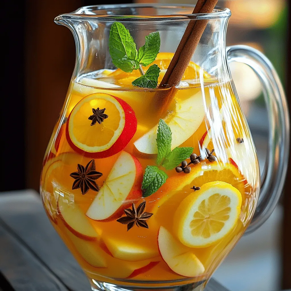 To make this tangy apple cider sangria, you need some key ingredients. Here’s what you’ll need: - 4 cups apple cider - 1 cup sparkling water - 1 orange, sliced - 1 lemon, sliced - 1 apple, cored and diced - 1 stick of cinnamon - 1 teaspoon whole cloves - 1 teaspoon star anise - 1/4 cup honey or maple syrup (to taste) - Ice cubes These ingredients combine to create a refreshing drink. The apple cider gives a nice base. The fruits add color and flavor. The spices bring warmth and depth. You can elevate your sangria with a few optional ingredients. Here are some ideas: - Additional fruits like pears or berries - A splash of brandy or rum for a kick - Ginger slices for a zesty twist - Other sweeteners like agave syrup These extras can make your sangria unique. Mix and match to find your favorite flavor. Don’t forget to garnish your sangria! Here are some fun ideas: - Fresh mint leaves - Extra slices of orange or lemon - A sprinkle of cinnamon on top Garnishes add a nice touch. They make your drink look pretty and inviting. Plus, they can enhance the flavor too! To make your tangy apple cider sangria, start with a large pitcher. Pour in 4 cups of apple cider. Add 1/4 cup of honey or maple syrup. This sweetens the drink. Toss in 1 stick of cinnamon for a warm flavor. Stir the mixture well to dissolve the sweetener. Next, slice 1 orange and 1 lemon. Core and dice 1 apple. Add these fruits to the pitcher. They bring freshness and color. Then, add 1 teaspoon of whole cloves and 1 teaspoon of star anise. These spices add depth to your sangria. Now, it’s time to let the flavors blend. Cover the pitcher and place it in the fridge. Let it sit for at least 1 hour. If you have time, let it chill longer. The longer it sits, the better it tastes. You will notice the aromatic spices and fruits mixing well. Before serving, take the pitcher out of the fridge. Add 1 cup of sparkling water for a fizzy kick. Stir it gently to mix. Grab some glasses and fill them with ice cubes. Pour the sangria over the ice. For a nice touch, garnish with fresh mint leaves. Feel free to add extra slices of fruit if you want. Enjoy your refreshing, tangy apple cider sangria! To boost the flavor of your sangria, try these simple tips: - Use fresh, seasonal fruits like pears or berries. They add a fun twist. - Add a splash of your favorite spirit, like rum or brandy, for extra warmth. - Experiment with different spices, such as nutmeg or cardamom, for unique notes. - Let the sangria sit longer in the fridge. This helps the flavors mix well. If you have leftover sangria, store it wisely. Here’s how: - Keep it in a sealed pitcher in the fridge. This helps it stay fresh. - Avoid adding sparkling water until you serve. It goes flat quickly. - Consume the sangria within 3 days. After that, the taste may change. You can switch up the ingredients for a personal touch. Here are some ideas: - Replace apple cider with pear or cranberry juice for different flavors. - Use lime or grapefruit slices instead of orange for a zesty kick. - Swap honey for agave syrup to change the sweetness level. - Try different herbs, like basil or rosemary, in place of mint for unique aromas. {{image_2}} You can add many fruits to your sangria for a fun twist. Try using fresh berries, like strawberries or blueberries. They add a burst of color and flavor. You can also use pineapple or peaches for a tropical touch. For a more citrusy taste, add grapefruit or lime slices. Each fruit brings its own flavor, making your drink unique and tasty. If you want to enjoy sangria without alcohol, it’s easy! Simply replace the sparkling water with a mix of ginger ale and apple juice. This gives you a sweet and fizzy drink. You can also skip the honey or maple syrup. The apple cider is naturally sweet and works well alone. This version is great for kids or anyone avoiding alcohol. Autumn is the perfect time to spice things up! Add nutmeg or allspice to your sangria for a warm flavor. You can also include fresh cranberries for a festive touch. They add a nice pop of color and tartness. If you're feeling adventurous, try adding a splash of pumpkin spice. This will give your drink a cozy fall vibe. Making these small changes can turn your sangria into a seasonal delight. To keep your sangria fresh, store it in the fridge. Use a pitcher with a lid. This helps keep the flavors strong and the drink cold. If you have leftovers, pour the sangria into a clean bottle. Seal it tightly before placing it back in the fridge. Avoid leaving it out at room temperature. Before you make your sangria, store your fruits and spices right. Keep fresh fruits in the fridge. This keeps them crisp and ready to use. For spices like cinnamon and cloves, store them in airtight containers. Keep these containers in a cool, dry place. This way, they stay flavorful and fresh. Once you make the sangria, it’s best to drink it within two days. After this time, the fruits can become mushy. The flavors might also fade. If you store it correctly in the fridge, it may last up to three days. But for the best taste, enjoy it fresh! Yes, you can make this sangria in advance. I recommend preparing it a few hours before your event. The flavors blend better when it sits. Just remember to add the sparkling water right before serving. This keeps the fizz fresh and lively. For apple cider sangria, I prefer using a dry white wine. Sauvignon Blanc or Pinot Grigio works great. These wines balance the sweetness of the cider well. Avoid sweet wines, as they can make the drink too sugary. You can also use a light red wine like Pinot Noir if you want a twist. Absolutely, you can use other fruits! Try adding berries, pears, or even peaches. Each fruit brings its own flavor to the sangria. Just make sure they are fresh and in season for the best taste. Mix and match based on what you like! In this post, we explored how to make a great sangria. We covered the main and optional ingredients, from fresh fruits to perfect garnishes. I shared step-by-step instructions for preparation and serving, plus tips for better flavor. We looked at fun variations like fruity twists and non-alcoholic options. Lastly, I provided storage tips to keep your sangria fresh. By following these steps, you can create a delicious drink that everyone will enjoy. Enjoy crafting your perfect sangria!