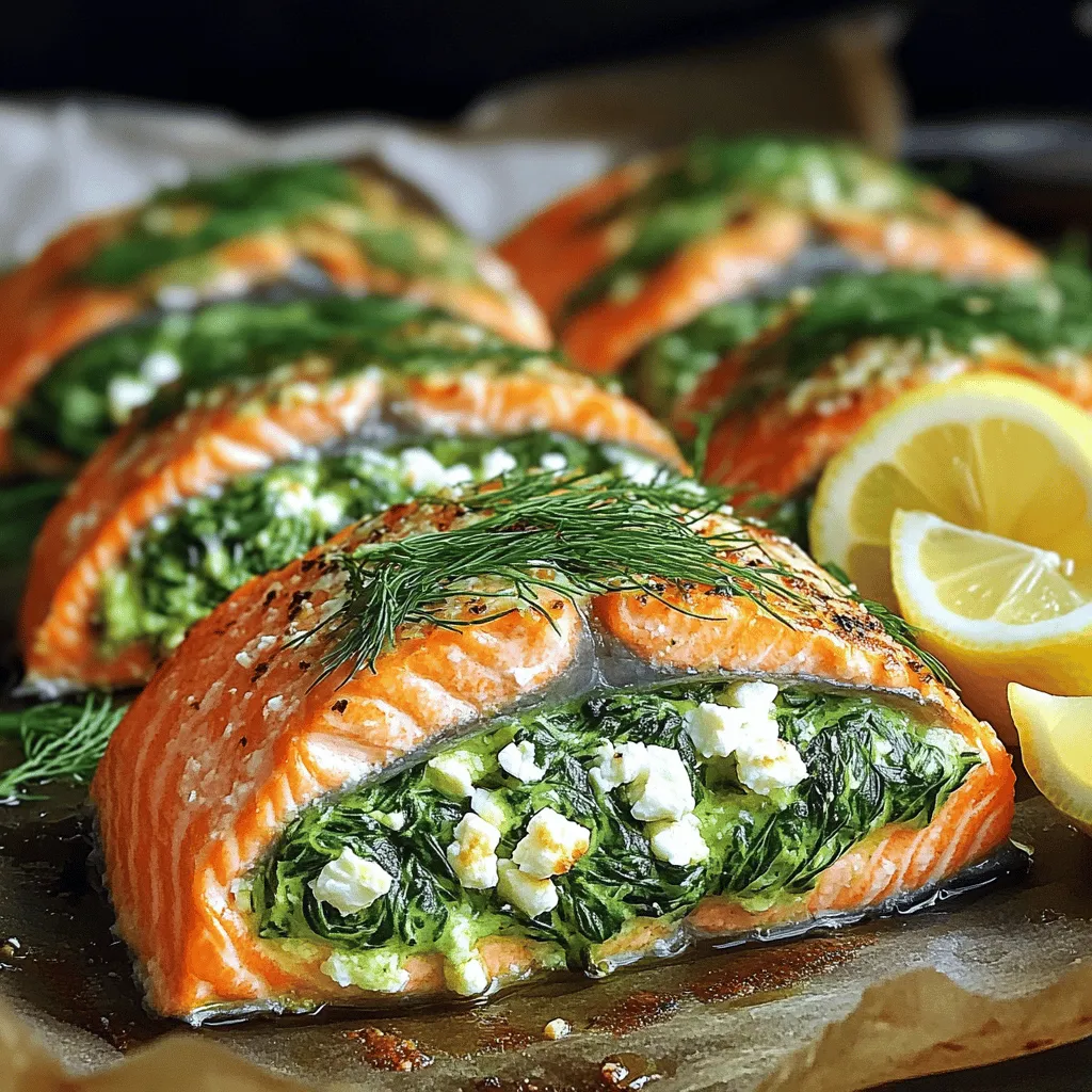 Spinach feta stuffed baked salmon is a tasty and healthy dish. It combines fresh salmon with a creamy spinach and cheese filling. This meal is simple to make and packed with flavor. You can have it ready in just 30 minutes. - Salmon fillets: You need 4 salmon fillets, each about 6 oz. Choose fresh, high-quality fillets for the best taste. - Spinach and dairy components: Use 2 cups of fresh chopped spinach. You will also need 1 cup of crumbled feta cheese and 1/4 cup of softened cream cheese. These ingredients make the filling creamy and rich. - Seasonings and additional elements: Add 2 cloves of minced garlic for flavor. You can use 1/2 teaspoon of lemon zest for brightness. Season with salt and pepper to your taste. Finally, include 1 tablespoon of olive oil and 1 tablespoon of chopped fresh dill, or 1 teaspoon of dried dill for extra flavor. Serve with lemon wedges for a fresh touch. Preheating the Oven Start by preheating your oven to 375°F (190°C). This step is crucial. A hot oven helps the salmon cook evenly. Sautéing Spinach and Garlic Next, heat a pan over medium heat. Add 1 tablespoon of olive oil. Once hot, toss in 2 cloves of minced garlic. Cook until you smell the garlic, about 1 minute. Then, add 2 cups of chopped spinach. Stir it often and cook until it wilts, which takes about 2-3 minutes. Once done, remove the pan from heat and place the spinach and garlic mixture in a bowl. Creating Pockets in Fillets Take your 4 salmon fillets and place them skin-side down on a baking sheet. Use a sharp knife to carefully slice each fillet horizontally. Make a pocket, but do not cut all the way through. This pocket will hold the stuffing. Filling with Spinach Feta Mixture In the bowl from earlier, mix in 1 cup of crumbled feta cheese, 1/4 cup of softened cream cheese, and 1/2 teaspoon of lemon zest. If you have fresh dill, add 1 tablespoon; if not, use 1 teaspoon of dried dill. Season the mixture with salt and pepper. Now, stuff each salmon pocket generously with this creamy filling. Correct Baking Temperature Place the stuffed salmon in your preheated oven. Bake for 18-20 minutes. The salmon should turn opaque and be firm to the touch. Checking for Doneness To check if it's done, use a fork. The salmon should flake easily. If it does, your dish is ready to serve hot with lemon wedges on the side. Enjoy your tasty meal! To take your spinach feta stuffed baked salmon to the next level, try adding fresh herbs. Basil, parsley, or chives can brighten the dish. You can also mix in a pinch of crushed red pepper for heat. For marinades, I recommend using lemon juice and olive oil. This will give your salmon a tangy kick. You might also try a simple mix of soy sauce and honey for a sweet touch. Cooking salmon can be simple if you use the right methods. Baking is great for this dish, as it keeps the fish moist. You can also grill the salmon for a nice smoky flavor. For perfect doneness, aim for an internal temperature of 145°F (63°C). The salmon should flake easily with a fork. Use a meat thermometer to check, so you don’t overcook it. Pair your stuffed salmon with light side dishes. A fresh salad or roasted vegetables make great companions. You can also serve it with fluffy rice or quinoa for a filling meal. When serving, arrange the salmon on a plate with lemon wedges. This adds a pop of color and a fresh aroma. A sprinkle of extra dill or parsley on top can make it look even more appealing. {{image_2}} You can change the cheese in this dish. Use goat cheese instead of feta. It gives a creamy and tangy taste. You can also try mozzarella for a milder flavor. Feel free to add more veggies, like sun-dried tomatoes or roasted peppers. These add color and extra flavor. If you prefer meat, add cooked crab or shrimp for a seafood twist. Grilling is a great way to cook salmon. It gives a nice smoky flavor. To grill, preheat your grill to medium heat. Cook the stuffed salmon for about 6-8 minutes per side. Keep the lid closed for even cooking. If you want to use an air fryer, it works well too. Set your air fryer to 375°F. Cook the salmon for about 10-12 minutes. Check for doneness to make sure it’s flaky. This recipe is easy to make gluten-free. Just check the cream cheese label to ensure it's gluten-free. For a vegetarian option, try using a portobello mushroom. Remove the gills and stuff it like the salmon. You can also use a firm tofu block for a protein-rich choice. Just press the tofu to remove excess water before stuffing. To keep your Spinach Feta Stuffed Baked Salmon fresh, follow these tips: - Refrigeration: Store leftovers in the fridge within two hours after cooking. Keep them in a cool place to prevent spoilage. - Container types: Use airtight glass or plastic containers. These help keep the salmon moist and prevent odors from mixing. If you want to save some stuffed salmon for later, freezing works well: - How to freeze stuffed salmon: Wrap each piece tightly in plastic wrap. Then, place them in a freezer-safe bag. Squeeze out as much air as possible to avoid freezer burn. - Thawing and reheating tips: When ready to eat, thaw in the fridge overnight. To reheat, bake at 350°F (175°C) for 15-20 minutes. This keeps the salmon juicy and tasty. How long to bake salmon at 375°F? You should bake salmon at 375°F for 18 to 20 minutes. The salmon will be done when it flakes easily with a fork. It’s best to check it a minute or two before the timer goes off. Can I make this recipe ahead of time? Yes, you can make this dish ahead of time. Prepare the spinach and feta mixture, and stuff the salmon fillets. Cover and chill them in the fridge. Bake them just before serving for the best taste. Calories per serving Each serving has about 400 calories. This can vary based on the size of the salmon and any added sides. Health benefits of salmon and spinach Salmon is rich in omega-3 fatty acids. These fats support heart health and brain function. Spinach is high in vitamins and minerals. It helps with digestion and boosts immunity. Together, they make a nutritious meal. What to look for when buying salmon When picking salmon, look for bright, moist fillets. The color should be vibrant and free from browning. The flesh should feel firm and bounce back when pressed. Sustainability considerations Choose salmon that is wild-caught or farmed sustainably. Look for certifications like the Marine Stewardship Council (MSC) label. This ensures you support healthy fish populations and ecosystems. In this post, we covered how to make stuffed salmon. We detailed the ingredients, with salmon, spinach, and cheese front and center. I shared step-by-step instructions, tips for flavor, and ways to vary the dish. Remember, cooking should be fun and simple. Use fresh ingredients and enjoy the process. Now, go ahead and make a meal that delights your taste buds!