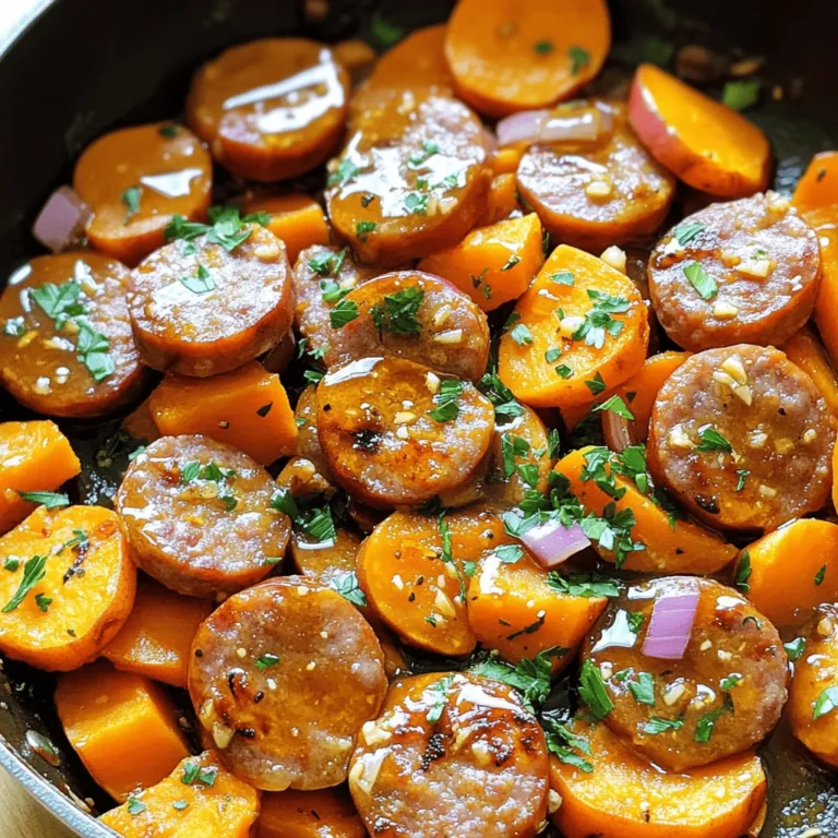 - 1 lb sweet Italian chicken sausage, sliced - 2 medium sweet potatoes, peeled and diced - 4 cloves garlic, minced - 1 medium red onion, diced The main ingredients create the heart of this dish. Sweet Italian chicken sausage adds rich flavor and protein. Sweet potatoes bring a natural sweetness and creamy texture. Garlic and red onion provide essential aromatics that boost the overall flavor. - 1 tablespoon honey - 2 tablespoons soy sauce (or tamari for gluten-free) - 1 tablespoon olive oil - 1 teaspoon smoked paprika - ½ teaspoon black pepper - ¼ teaspoon salt The seasoning transforms the dish. Honey adds a lovely sweetness that pairs well with the sausage. Soy sauce gives depth and umami. Smoked paprika adds warmth and a hint of smoke, while black pepper and salt enhance all the flavors. - Fresh parsley, chopped While optional, fresh parsley brightens the dish. It adds a pop of color and a fresh taste. Sprinkle it on top before serving for that extra touch. To start, let's cook the sweet potatoes until they are tender. First, heat one tablespoon of olive oil in a large skillet over medium heat. Add the diced sweet potatoes. Season them with salt and smoked paprika. Cook for about 10 to 15 minutes, stirring occasionally. You want them to be lightly browned and soft. Once done, remove them from the skillet and set them aside. Next, we will cook the sausage. In the same skillet, add the sliced sweet Italian chicken sausage. Cook it on medium-high heat. You want to brown the sausage for about 5 to 7 minutes. Make sure it’s cooked all the way through. The edges should be crispy and golden. Now, let's add in some flavor. Start by adding the diced red onion to the skillet. Cook it for 3 to 4 minutes until it is soft. Next, add the minced garlic and cook for another minute. The garlic will smell amazing! After that, return the cooked sweet potatoes to the skillet. Drizzle one tablespoon of honey and two tablespoons of soy sauce over everything. Stir well to mix all the ingredients together. For the final step, continue to cook everything together for an additional 3 to 5 minutes. This will let the flavors meld beautifully. You’ll notice the sauce starting to thicken, which is perfect. Now your dish will be ready to serve! - Ideal cooking temperatures and times: Start by heating the olive oil over medium heat. Cook the sweet potatoes for about 10-15 minutes. They should be tender and lightly browned. For the sausage, cook on medium-high for 5-7 minutes until browned. - Keeping sweet potatoes from burning: Stir the sweet potatoes often. This helps them cook evenly and prevents burning. If they start to brown too quickly, lower the heat slightly. - Balancing sweetness and savory: The honey adds sweetness, while soy sauce brings in savory notes. Adjust honey and soy sauce to find the right balance for your taste. - Opting for different types of sausages: Try turkey sausage for a leaner option or spicy Italian sausage for more heat. Each type adds its own unique flavor. - Presentation styles for serving: Serve the dish in a large skillet for a rustic feel. You can also plate it individually, adding a sprinkle of fresh parsley for color. - Suggestions for side dishes: Pair this dish with a fresh green salad or steamed broccoli. The freshness complements the rich flavors well. {{image_2}} You can swap the Italian chicken sausage for turkey sausage. Turkey sausage is leaner and a bit healthier. It keeps the flavor but cuts down on fat. If you want a meat-free option, try vegetarian sausage. This adds great taste without any meat. There are many brands that offer tasty vegetarian varieties. If you don’t have honey, maple syrup works well as a sweetener. You can also use agave syrup for a lighter taste. When it comes to veggies, feel free to get creative. Carrots, bell peppers, or zucchini can replace sweet potatoes. Each choice brings a new twist to this dish. You can cook this dish in different ways. For a crispy finish, try oven-baking. Spread the sweet potatoes and sausage on a baking sheet. Roast them in a preheated oven at 400°F for about 25-30 minutes. This gives a nice caramelization. For a more hands-off approach, use a slow cooker. Just add all the ingredients into the pot. Cook on low for 6-8 hours. This method allows flavors to blend beautifully. Both methods keep the meal simple and delicious. To keep your leftovers fresh, store them in airtight containers. This helps keep the flavors intact. Make sure to let the dish cool down before sealing it. You can use glass or plastic containers. Glass is great for reheating. Label the container with the date to track freshness. When reheating, aim for the best texture. Use a skillet for even heating. Add a splash of water or broth to keep moisture. This helps avoid dryness. If you need to use a microwave, cover the dish with a lid. Heat in short bursts to ensure even warming. Stir in between to help heat it evenly. If you want to save this meal for later, freezing works well. Place cooled leftovers in freezer-safe containers. This keeps them safe and fresh for about three months. When ready to eat, thaw in the fridge overnight. To reheat, use a skillet or microwave. If using the skillet, add a little water to help steam it. Enjoy your meal just as delicious as the first time! It takes about 30 minutes to cook this dish. You need 10 minutes to prep and 20 minutes to cook. Start with the sweet potatoes, then add the sausage and aromatics. This timing helps everything cook evenly and taste great. Yes, you can easily make this dish gluten-free. Just swap regular soy sauce for tamari. Tamari has no wheat and keeps the flavor intact. Always check labels on sausage to ensure it is gluten-free. This dish pairs well with a simple green salad. You can also serve it with crusty bread or steamed veggies. For drinks, try a light white wine or sparkling water with lemon. These sides enhance the meal and keep it balanced. Store leftovers in an airtight container. They last in the fridge for up to three days. For longer storage, freeze them in a freezer-safe container for up to three months. Be sure to label your containers with dates for easy tracking. In this blog post, we explored a delicious dish made with sweet Italian chicken sausage and sweet potatoes. I shared tips on cooking and seasoning, plus ideas for variations and storage. With these steps, you can create a tasty meal that is fun to customize. Enjoy making it your own! Remember, cooking should be enjoyable. Happy cooking!
