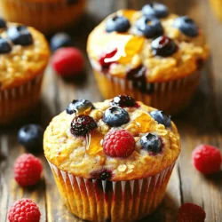 To make these fluffy berry oatmeal breakfast muffins, gather the following: - 1 cup rolled oats - 1 cup Greek yogurt (plain or vanilla) - 2 large eggs - 1/2 cup honey or maple syrup - 1/2 cup milk (dairy or non-dairy) - 1 teaspoon vanilla extract - 1 teaspoon baking powder - 1/2 teaspoon baking soda - 1/4 teaspoon salt - 1 cup mixed berries (blueberries, raspberries, or chopped strawberries) - Optional: 1/4 cup chopped nuts (e.g., walnuts or almonds) Each muffin offers a good balance of nutrients. Here’s what you get per muffin: - Calories: 130 - Protein: 5g - Carbohydrates: 20g - Fat: 4g - Fiber: 2g - Sugar: 5g These muffins are a tasty and healthy choice for breakfast! You can easily adapt this recipe to fit your needs: - Dairy-Free: Use coconut yogurt in place of Greek yogurt and almond milk instead of regular milk. - Nut-Free: Skip the nuts or use seeds like sunflower or pumpkin seeds for crunch. These swaps keep the muffins delicious while meeting dietary needs! Start by preheating your oven to 350°F (175°C). This step is key for even baking. Next, take a muffin tin and line it with paper liners. If you don’t have liners, lightly grease the tin with oil or butter. This helps the muffins come out easily after baking. In a large mixing bowl, combine the rolled oats, Greek yogurt, and eggs. Then add honey or maple syrup, milk, and vanilla extract. Mix these well until they blend together. In a separate bowl, whisk together the baking powder, baking soda, and salt. This helps to evenly distribute the leavening agents. Gradually fold this dry mix into the wet ingredients. Be gentle here. Overmixing can make the muffins tough. Finally, add in the mixed berries and nuts if you choose. Stir carefully to keep the berries intact. Spoon the batter into the prepared muffin tin, filling each cup about two-thirds full. This gives them room to rise without spilling over. Bake the muffins for 18 to 20 minutes. To check if they are done, insert a toothpick into the center of a muffin. If it comes out clean, they are ready. Let the muffins cool in the tin for 5 minutes. After that, transfer them to a wire rack to cool completely. Enjoy your warm, fluffy breakfast muffins! To get fluffy muffins, use fresh baking powder and baking soda. These help the muffins rise. Mix the wet and dry ingredients separately. This keeps the baking powder active until baking. Do not overmix the batter. Stir until just combined. This keeps air in the batter, making it fluffy. When mixing, start with the wet ingredients first. Use a large bowl for this. Then, add the dry mix gradually. Stir gently to combine. Be careful not to beat the batter. This makes the muffins dense. For added texture, fold in berries and nuts last. This keeps them intact and evenly spread. Serve your muffins warm for the best taste. A drizzle of honey adds sweetness. You can also add a dollop of yogurt on top. Fresh berries make a lovely touch. For a special twist, try a sprinkle of cinnamon. It brings warmth and flavor. Enjoy these muffins with your favorite drink! {{image_2}} You can add many fruits to your breakfast muffins. Bananas are a great choice. They make the muffins sweet and moist. You can mash one ripe banana and mix it into the wet ingredients. Apples also work well. Chop them into small pieces and add them to the batter. Other fruits like peaches, pears, or even diced mango can bring a nice twist to your recipe. Spices can enhance the flavor of your muffins. Adding a teaspoon of cinnamon gives warmth and sweetness. It pairs well with fruits like apples and bananas. Nutmeg is another great option. A pinch can add depth and a cozy feel to your muffins. Feel free to mix and match spices to find your favorite blend. If you want to change the sweetness, try different sweeteners. Agave syrup is a nice alternative. It is sweet and easy to mix in. Coconut sugar is another option. It has a caramel-like flavor that adds richness. You can also use stevia or monk fruit sweetener for a lower-calorie option. Adjust the amount based on your taste. Store your muffins at room temperature for the best taste. Place them in an airtight container. This keeps them fresh for about three days. If your kitchen is warm or humid, consider placing them in the fridge. This can help them last up to a week. Just remember, cold muffins may lose some fluffiness. Freezing muffins is a smart option. First, let them cool completely. Then, wrap each muffin in plastic wrap. Place them in a freezer bag, removing as much air as possible. They stay fresh for up to three months. When you are ready to eat one, take it out and let it thaw at room temperature. You can also microwave it for a quick warm-up. Just heat for about 15-20 seconds. These breakfast muffins have a good shelf life. At room temperature, they last about three days. In the fridge, they can stay fresh up to a week. If frozen, they can last for three months. Always check for mold or off smells before eating. If you follow these tips, you’ll enjoy tasty muffins every time! Yes, you can make these muffins ahead of time. I love prepping them for busy mornings. Just bake the muffins and let them cool. Then, store them in an airtight container. They stay fresh for about three days at room temperature. You can also freeze them for up to three months. To enjoy them later, just thaw and warm them in the oven or microwave. To make these muffins gluten-free, swap the rolled oats for certified gluten-free oats. You can also use a gluten-free all-purpose flour blend. Make sure to check the labels for hidden gluten in other ingredients, like baking powder. Using gluten-free oats still gives you the fluffy texture you want in your muffins. To keep your muffins from sinking, avoid overmixing the batter. Mix until just combined. Also, make sure to measure your baking powder and baking soda accurately. Old leavening agents can cause sinking. Lastly, don’t skip the eggs; they help bind the batter and add lift. These easy breakfast muffins are simple and fun to make. We covered key ingredients, like nutritious fruits and spices. I shared step-by-step instructions, from mixing to baking. You learned tips for fluffy muffins and great serving ideas. With variations and storage tips, you can adapt these muffins to your taste. Overall, these muffins make breakfast quick and tasty. Experiment with flavors and enjoy your creations!
