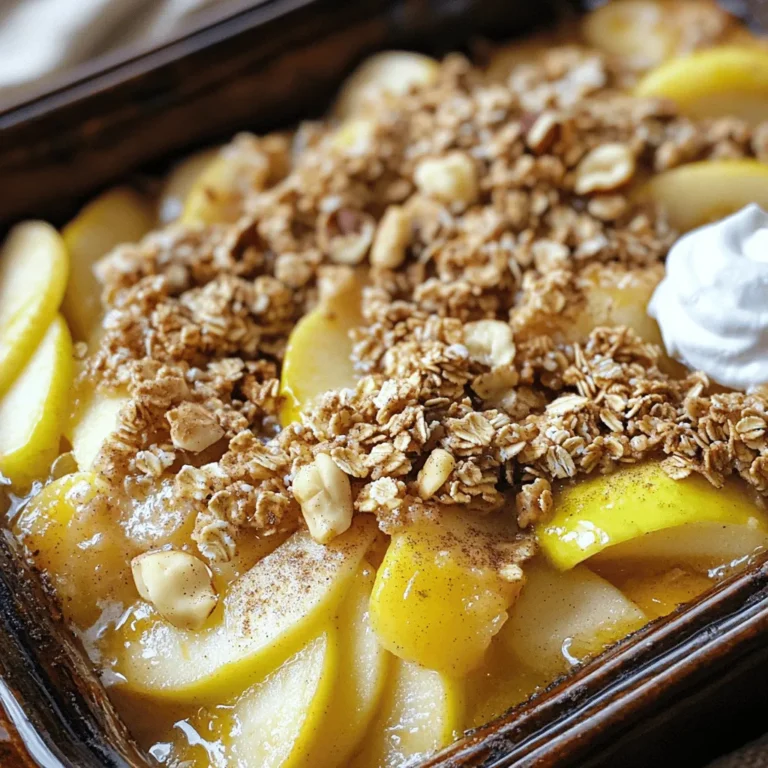 - 4 large apples (Granny Smith or Honeycrisp), peeled, cored, and sliced - 1 cup granola - 1/2 cup brown sugar - 1 teaspoon cinnamon - 1/4 teaspoon nutmeg - 1/2 cup walnuts or pecans, roughly chopped - 1/4 cup unsalted butter, melted - 1/2 cup oats - 1 cup apple juice - Optional: whipped cream or vanilla ice cream for serving For this cozy casserole, I love using Granny Smith or Honeycrisp apples. Granny Smith apples add a nice tartness. Honeycrisp apples offer a sweet crunch. Both types hold their shape well during baking. You can also use Fuji or Gala apples for a sweeter taste. Choose apples you enjoy. The right apple makes a big difference. You can make this dish with different ingredients. If you have no granola, use crushed cookies or cereal. For nuts, try almonds or skip them altogether. If you're avoiding sugar, use a sugar substitute. You can also replace apple juice with water or another juice. Each swap will change the flavor, but it can still taste great. Feel free to get creative! First, set your oven to 350°F (175°C). This temperature helps cook the apples and crisp the topping just right. Take four large apples. I like using Granny Smith or Honeycrisp for their tartness. Peel, core, and slice them. In a large bowl, mix the apples with 1 cup of brown sugar, 1 teaspoon of cinnamon, 1/4 teaspoon of nutmeg, and 1 cup of apple juice. Toss everything well, so the apples get coated. Let this sit for a moment. In another bowl, combine 1 cup of granola, 1/2 cup of oats, and 1/2 cup of chopped walnuts or pecans. Drizzle 1/4 cup of melted unsalted butter over the mix. Stir until all the ingredients are well combined. This will give you a delicious crunchy topping for your casserole. Grease a 9x13-inch baking dish. Spread the apple mixture evenly in the bottom. Make sure to cover the dish well. Next, sprinkle the granola mixture over the apples. This crunchy layer adds a great texture to your dish. Place the baking dish in your preheated oven. Bake for about 35 to 40 minutes. You want the apples to be tender and the topping to turn a nice golden brown. Once done, take it out and let it cool for a few minutes before serving. Enjoy your cozy creation! To get the best slices, first, pick firm apples. I like Granny Smith or Honeycrisp. Wash them well. Peel the apples using a simple peeler. Cut them in half, then remove the core. Slice each half into thin pieces. Aim for about 1/4 inch thick. This size helps them cook evenly. If you slice them too thick, they may not soften well in the oven. A crunchy topping makes the casserole fun! Use a mix of granola, oats, and nuts. Walnut or pecan adds a nice flavor. Make sure to chop the nuts roughly. Drizzle melted butter over the mixture. This helps it brown nicely. Mix well so every piece gets some butter. Spread this mix evenly over the apples. A thick layer gives the best crunch. Let the apple casserole cool for a few minutes after baking. This helps the flavors blend. Serve it warm, topped with whipped cream or vanilla ice cream. The cold scoop melts slightly, making it extra yummy. You can also sprinkle a bit of cinnamon on top for extra flavor. Enjoy it with family or friends for a cozy dessert night! {{image_2}} You can make your cozy apple casserole even better by adding dried fruits or berries. Dried cranberries or raisins bring a sweet and tangy taste. You can use about half a cup. Just mix them in with the apples before baking. Fresh berries, like blueberries or raspberries, also add a nice touch. They can add color and flavor. Just remember to reduce the apple juice a bit to keep it from being too wet. If you want a nut-free dish, you can skip the nuts. If you enjoy different nuts, try almonds or hazelnuts. These options will still give your casserole a nice crunch. You can also use seeds, like sunflower or pumpkin seeds. They add a great texture and are packed with nutrients. Just chop them roughly and mix them in with the granola topping. You can easily make this casserole gluten-free. Just swap out the granola and oats for gluten-free versions. Many stores offer gluten-free granola. Make sure to check the labels for any hidden gluten. You can even use ground almond flour for a unique twist. This way, everyone can enjoy this cozy dessert, no matter their dietary needs. To keep your cozy apple casserole fresh, store it in an airtight container. Let it cool first. Place it in the fridge. It will last about three to four days. If you want to save it longer, freezing is a good option. When you're ready to enjoy leftovers, preheat your oven to 350°F (175°C). Place the casserole in a baking dish. Cover it with foil to keep it moist. Heat for about 20 minutes. If you like, you can add a scoop of whipped cream or ice cream right before serving. Freezing the casserole is easy. First, cool it completely. Then, cut it into portions. Wrap each piece tightly in plastic wrap. Place them in a freezer-safe bag. This way, you can enjoy it later! It will stay good for up to three months. When you're ready to eat, thaw it in the fridge overnight and reheat as mentioned above. Yes, you can! You can swap brown sugar for white sugar or coconut sugar. Each type of sugar gives a different taste. Brown sugar adds a rich flavor that pairs well with apples. White sugar will sweeten without changing the taste much. Coconut sugar is a great option if you want a healthier choice. Just keep in mind that the sweetness level may change slightly. Your apple casserole can last for about 3 to 5 days in the fridge. Make sure to cover it well. Use plastic wrap or a lid to keep it fresh. If the topping loses its crunch, you can pop it back in the oven for a few minutes. This will help revive that crispy top. Absolutely! You can prepare the apple mixture and topping in advance. Just store them separately in the fridge. When you are ready to bake, layer them in the dish and pop it in the oven. It saves you time and makes hosting stress-free. You can also bake it the night before and reheat it the next day! This blog post covered all you need to make a delicious apple casserole. We discussed the key ingredients, recommended apple varieties, and ingredient substitutions. The step-by-step instructions guide you from preparation to baking. Tips for perfect slices and a crunchy topping will help you succeed. You learned about tasty variations, storage, and useful FAQs. In the end, you can create a warm apple dish that everyone will love. Enjoy your cooking and share this delight with friends and family!