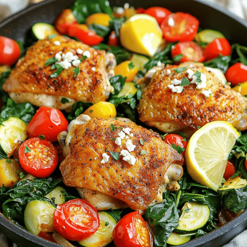 - 4 boneless, skinless chicken thighs - 1 teaspoon smoked paprika - 1 teaspoon dried oregano - Salt and pepper to taste - 2 tablespoons olive oil - 1 red bell pepper, sliced - 1 zucchini, diced - 1 cup cherry tomatoes, halved - 1 small red onion, sliced - 2 cloves garlic, minced - 1 cup spinach leaves - ¼ cup feta cheese, crumbled - Fresh parsley, chopped for garnish - Juice of 1 lemon You can change this dish easily. Add or swap ingredients based on your taste. Here are some ideas: - Use chicken breast instead of thighs for a leaner option. - Add mushrooms for a rich flavor. - Swap spinach for kale for more texture. - Mix in olives for a briny bite. - Use different cheese like goat cheese for a unique twist. Fresh ingredients make a big difference in flavor. They bring out the best in each dish. Choose ripe vegetables and high-quality chicken. Fresh herbs like parsley add a burst of color and taste. The fresher your ingredients, the more vibrant your meal will be. Don't underestimate this simple step. It helps you create a dish that looks and tastes amazing! Start by seasoning the chicken thighs. Use smoked paprika, dried oregano, salt, and pepper. Rub the spices all over the chicken. This step adds a lot of flavor. Set the chicken aside while you get your skillet ready. Heat olive oil in a large skillet over medium-high heat. Once hot, add the seasoned chicken thighs. Cook them for about 5-7 minutes per side. You want them golden brown and fully cooked. Then, take the chicken out and set it aside. In the same skillet, add sliced red onion, minced garlic, and red bell pepper. Sauté these for 3-4 minutes until they soften. Next, toss in diced zucchini and halved cherry tomatoes. Cook for another 3-4 minutes. Stir them occasionally until they are nice and tender. Finally, add the spinach. Let it wilt for 1-2 minutes. Return the cooked chicken to the skillet. Squeeze fresh lemon juice over the top. This brightens the flavors. Cook for another minute to heat everything through. Sprinkle crumbled feta cheese and chopped parsley over the dish. Now, your Mediterranean Chicken Skillet is ready to serve! To cook chicken thighs just right, start with even pieces. This helps them cook evenly. Season both sides well with smoked paprika, oregano, salt, and pepper. Heat olive oil in a skillet until hot. Cook the chicken for 5-7 minutes per side. Look for a nice golden color. Use a meat thermometer to check for doneness. The chicken should reach 165°F. Once done, let it rest before slicing. To boost flavor, think about adding fresh herbs or spices. Fresh basil or thyme can brighten the dish. You can also try a splash of balsamic vinegar for depth. For zest, add lemon juice right before serving. Crumbled feta cheese adds a creamy, salty touch. Don’t forget to garnish with fresh parsley for a pop of color. These small tweaks make a big difference! Using a skillet means you can build flavors in one pan. Start by sautéing onions and garlic to create a base. This adds depth to your dish. Make sure to cook your veggies until they are just tender. This keeps them flavorful and colorful. Stir often to avoid burning. Finish by returning the chicken to the pan for a quick heat through. This method keeps all the flavors together while cooking. {{image_2}} You can swap chicken thighs for other meats. Try chicken breasts for a leaner option. Pork chops work well too. If you want a plant-based twist, use firm tofu or tempeh. Just keep in mind that cooking times may change. Always ensure your meat or substitute is fully cooked before serving. Feel free to get creative with vegetables. Use ripe eggplants in summer or hearty root veggies in winter. Fresh green beans or asparagus add a nice crunch. You can also include mushrooms for a rich flavor. The key is to pick what is fresh and in season. This makes the dish taste even better. Spices can change the whole dish! If you like heat, add red pepper flakes. You can use Italian seasoning for a different flavor. Cumin or coriander gives a warm, earthy taste. For a fresh twist, try dill or basil. Experimenting with spices keeps the recipe exciting and new. To store leftovers, let the Mediterranean Chicken Skillet cool. Place it in an airtight container. Make sure to cover it tightly. Store it in the fridge for up to three days. This keeps the flavors fresh and tasty. When you are ready to eat, reheat the skillet. You can use the microwave or the stove. If using a microwave, heat it in short bursts. Stir in between to heat evenly. On the stove, add a splash of water to keep it moist. Heat over low heat until warm. You can freeze the Mediterranean Chicken Skillet too. First, cool it completely. Then, transfer it to a freezer-safe container. It can last up to three months in the freezer. When ready to eat, thaw it overnight in the fridge. Reheat it as mentioned above. This way, you enjoy a quick and easy meal any time! Yes, you can use bone-in chicken. Just make sure to adjust your cooking time. Bone-in chicken takes longer to cook. You may need about 10-15 extra minutes. Ensure the chicken reaches 165°F for safety. You have many options to serve with this dish. Here are a few ideas: - Rice or quinoa for a hearty base - A fresh green salad for a light side - Crusty bread to soak up the sauce - Roasted vegetables for extra flavor These sides will balance the dish and make it more filling. To make this dish low-carb, skip the rice or bread. You can add more vegetables instead. Try using cauliflower rice as a substitute. Zucchini noodles also work well. These swaps keep the meal tasty and healthy. This blog post covered how to cook a tasty Mediterranean Chicken Skillet. We talked about fresh ingredients and how to prepare chicken and vegetables. You learned tips for perfect cooking and flavoring, plus variations to try. Remember, using fresh ingredients makes a big difference in taste. Don't hesitate to mix things up with different veggies or spices. Enjoy making this dish, and feel free to explore your unique flavor combinations!