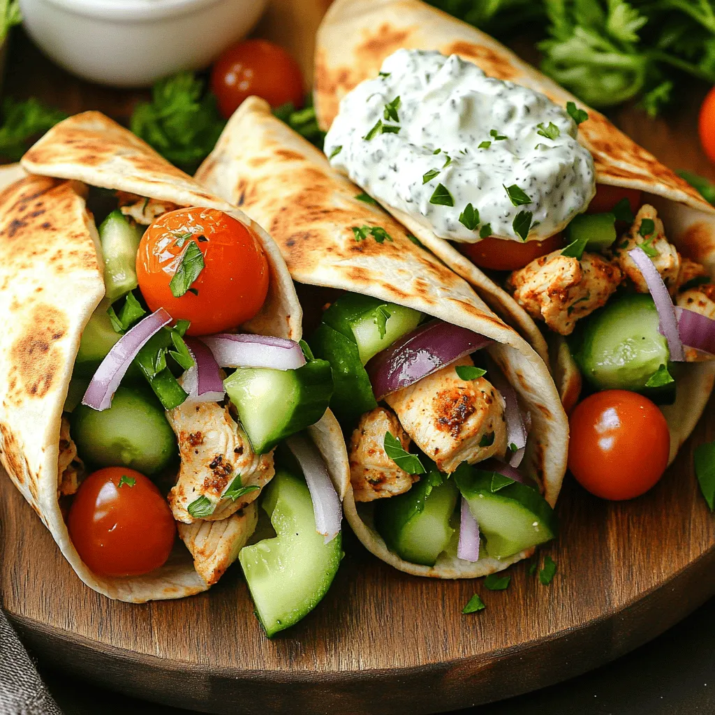 To make these tasty wraps, gather these key ingredients: - 2 cups cooked chicken breast, shredded - 4 whole wheat pita wraps - 1 cup cucumber, diced - 1 cup cherry tomatoes, halved - ½ red onion, thinly sliced These ingredients form the base of your gyro wraps. The chicken provides protein, while the veggies add crunch and flavor. For the best taste, use these seasonings and sauce ingredients: - 1 teaspoon garlic powder - 1 teaspoon dried oregano - 1 teaspoon smoked paprika - Salt and pepper to taste - ½ cup Greek yogurt - 2 tablespoons tahini - 1 tablespoon lemon juice These seasonings boost the chicken's flavor. The sauce, made with yogurt, tahini, and lemon, adds creaminess and tang. To make your wraps pop, consider these garnishes: - Fresh parsley, chopped Chopped parsley adds a fresh touch. You can also add extra veggies or sauces if you like. Start by shredding two cups of cooked chicken breast. In a mixing bowl, combine the chicken with one teaspoon of garlic powder, one teaspoon of dried oregano, and one teaspoon of smoked paprika. Add salt and pepper to taste. Mix until the chicken is well coated with the spices. This step adds rich flavor to your wraps. Next, heat a non-stick skillet over medium heat. Add the seasoned chicken to the skillet. Sauté the chicken for about 3 to 5 minutes. You want it to be heated through and slightly crispy. This enhances the texture and adds a nice crunch. While the chicken cooks, prepare the tzatziki sauce. In a small bowl, mix half a cup of Greek yogurt, two tablespoons of tahini, and one tablespoon of lemon juice. Add salt and pepper to taste. Stir until the sauce is smooth and creamy. This sauce brings a cool, tangy flavor that pairs well with the chicken. Now it’s time to assemble your wraps. First, warm the whole wheat pita wraps in a dry skillet or microwave for about 10 to 15 seconds. This makes them soft and easy to roll. Spread a generous tablespoon of tzatziki sauce on each pita. Top with the sautéed chicken, diced cucumber, halved cherry tomatoes, and thinly sliced red onion. Finally, roll the pita tightly around the filling, tucking in the sides as you go. Garnish with freshly chopped parsley before serving. Enjoy your tasty and quick meal! To get the best flavor, use fresh spices. Garlic powder, oregano, and smoked paprika add great taste. Mix them well with your cooked chicken. Add salt and pepper to your liking. This step makes your chicken flavor pop. Use pre-cooked chicken to save time. Shredded chicken from a store is a great option. Heat it in a skillet for just a few minutes. This way, you can have a meal ready in 15 minutes. Also, prep your veggies while the chicken cooks. Cut your wraps in half for easy eating. Serve them on a bright platter. Add extra tzatziki sauce in a small bowl for dipping. A sprinkle of parsley on top gives a nice finish. This makes your meal look fresh and fun! {{image_2}} If you want to change the protein in your wraps, try tofu or beef. Tofu works well with the same spices. Just cube it and sauté until golden. For beef, use thin slices of steak. Season it like the chicken and cook until done. Both options will add their own tasty twist to your gyro wraps. Feel free to mix in any veggies you like. Bell peppers, spinach, or even shredded carrots can add color and crunch. You can also swap out the cucumber or tomatoes for roasted veggies. Toss in some olives for extra flavor. The more veggies you add, the better your wraps taste! For a gluten-free wrap, use lettuce leaves instead of pita. Romaine or butter lettuce works great. You can also find gluten-free pita at many stores. Just check the labels to ensure they are safe for you. This way, you can still enjoy the same delicious flavors without the gluten! You can store leftover wraps in the fridge. Wrap them tightly in plastic wrap or foil. This keeps them fresh and moist. I suggest using an airtight container too. Keep them in the fridge for up to three days. If you want to keep them longer, freeze the wraps. Just make sure to wrap each one well. They can last in the freezer for up to three months. To reheat your wraps, you have a few good options. You can use the microwave. Place the wrap on a plate and cover it with a damp paper towel. Heat it for about 30 seconds. Check if it’s warm enough; if not, add more time in increments. Another way is to use a skillet. Heat the skillet over medium heat. Place the wrap in the skillet for about 2-3 minutes on each side. This keeps the outside nice and crispy. The cooked chicken breast can last in the fridge for about four days. Make sure it’s stored in an airtight container. The Greek yogurt can last for about one to two weeks, but check the date on the container. Fresh veggies like cucumbers and tomatoes should be eaten within a week for the best taste. Always check for any signs of spoilage before using them. Proper storage helps keep your meals fresh and tasty! Yes, you can use frozen chicken. Just make sure to thaw it first. You can do this overnight in the fridge or use the microwave. Shred the chicken after it is cooked. This will allow the spices to stick better. To add spice, use cayenne pepper or crushed red pepper flakes. You can also add jalapeños to the wraps. If you like heat, try a spicy sauce or hot sauce in the tzatziki. Adjust the amount to fit your taste. If you don’t have tahini, try using peanut butter or almond butter. You can also mix Greek yogurt with a little olive oil. This will keep the sauce creamy and flavorful. You can even skip it and use extra yogurt instead. In this post, I shared how to make Minute Greek Chicken Gyro Wraps. We covered key ingredients, including chicken, sauces, and garnishes. I shared step-by-step cooking tips, seasoning advice, and variations for different diets. Remember, these wraps are quick to make and fun to customize. Enjoy your wraps with fresh flavors anytime. Keep these tips in mind to create a delicious meal. You will love every bite!