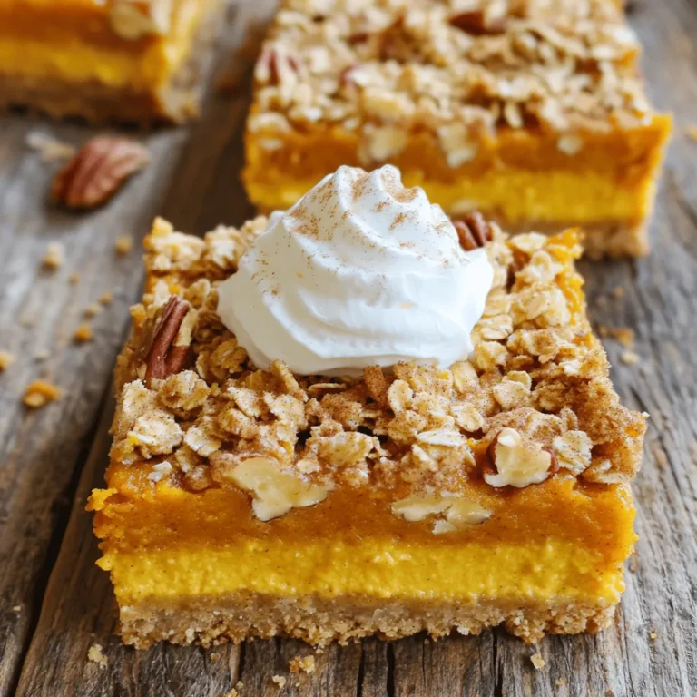 For the Pumpkin Crunch Squares, gather these key items: - 1 cup all-purpose flour - 1 cup rolled oats - 1/2 cup brown sugar - 1/2 cup unsalted butter, melted - 1/2 teaspoon baking powder - 1/2 teaspoon cinnamon - 1/4 teaspoon nutmeg - 1/4 teaspoon salt - 1 can (15 oz) pumpkin puree - 1 cup sweetened condensed milk - 2 large eggs - 1 teaspoon vanilla extract - 1/2 cup chopped pecans (optional) - Whipped cream, for serving You can add a few optional ingredients to enhance the crunch and flavor: - Chopped pecans add a nice texture. - You can also sprinkle some chocolate chips for a sweet twist. If you need to swap out some ingredients, here are some ideas: - Use whole wheat flour instead of all-purpose flour for more fiber. - Maple syrup can work in place of brown sugar for a unique flavor. - Swap the butter for coconut oil to make it dairy-free. - For a nut-free version, simply leave out the pecans. These ingredients create a warm, cozy treat perfect for fall gatherings. Each item plays a role in achieving that unique pumpkin flavor and delightful crunch! Start by gathering your ingredients. This makes cooking easier and more fun. First, preheat your oven to 350°F (180°C). Grease a 9x13 inch baking dish with butter or cooking spray. Next, in a large bowl, mix together 1 cup of all-purpose flour, 1 cup of rolled oats, and 1/2 cup of brown sugar. Pour in 1/2 cup of melted butter. Stir until it looks like coarse crumbs. Now, take half of this crumb mixture and press it into the bottom of the baking dish. This forms the crust. Keep the other half for topping later. In another bowl, whisk together 1 can of pumpkin puree, 1 cup of sweetened condensed milk, 2 large eggs, and 1 teaspoon of vanilla extract. Add 1/2 teaspoon of cinnamon, 1/4 teaspoon of nutmeg, and 1/4 teaspoon of salt. Mix until smooth. Once your pumpkin filling is ready, pour it over the crust in the baking dish. Spread it out evenly. Now, sprinkle the reserved crumb mixture on top. If you like nuts, add 1/2 cup of chopped pecans for extra crunch. Place the dish in the preheated oven and bake for 30-35 minutes. Look for a golden brown top and a set pumpkin layer to know it's done. After baking, let the squares cool in the dish. This helps them firm up and makes cutting easier. Once cool, slice them into squares. Serve them warm or at room temperature. Top each square with a dollop of whipped cream and a sprinkle of cinnamon. This adds a lovely autumn touch that everyone will enjoy! For best results, always preheat your oven to 350°F (180°C). If your oven runs hot, reduce the temperature by 25°F. Start checking for doneness at 25 minutes. The top should be golden, and the center should not jiggle. To make a great crust, mix flour, oats, brown sugar, and melted butter. Press it firmly into the baking dish. This helps create a strong base that holds up well. Don’t skip saving half of the mixture for the topping. This adds a nice crunch. To boost flavor, add extra spices like ginger or allspice. You can also mix in chocolate chips or dried fruit. A splash of maple syrup gives a sweet twist. If you love nuts, try using walnuts instead of pecans for a different taste. {{image_2}} To make gluten-free Pumpkin Crunch Squares, swap the all-purpose flour for a gluten-free blend. Look for blends that contain xanthan gum. This helps give the squares the right texture. Most gluten-free flours work well in this recipe. Just ensure they are also suitable for baking. For vegan Pumpkin Crunch Squares, replace eggs with flax eggs. Mix one tablespoon of ground flaxseed with three tablespoons of water. Let it sit for five minutes to thicken. Use a plant-based butter instead of regular butter. You can also swap sweetened condensed milk for coconut milk. This gives a nice flavor and keeps it creamy. You can add different flavors to your Pumpkin Crunch Squares. If you love chocolate, mix in some chocolate chips. They complement pumpkin well and add richness. For a maple twist, replace some brown sugar with maple syrup. This adds a lovely depth to the dessert. Feel free to experiment with spices, too. You can try adding ginger or allspice for a unique taste. To keep your Pumpkin Crunch Squares fresh, place them in an airtight container. You can store them at room temperature for up to two days. If you want them to last longer, I recommend putting them in the fridge. In the fridge, they stay good for about a week. Just make sure to wrap them well if you use plastic wrap. Freezing is a great option if you have extra squares. First, let them cool completely. Then, cut them into squares. Wrap each square in plastic wrap. After that, place wrapped squares in a freezer-safe bag. They can last up to three months in the freezer. When you’re ready to eat them, just thaw them in the fridge overnight. To enjoy your Pumpkin Crunch Squares warm, preheat your oven to 350°F. Place the squares on a baking sheet. Heat them for about 10 to 15 minutes. You can also use the microwave. Heat them for about 20 to 30 seconds. Just keep an eye on them so they don’t get too hot. Adding a dollop of whipped cream on top makes them even better! To cut your Pumpkin Crunch Squares, let them cool first. This step makes cutting easier. Use a sharp knife for clean edges. Start by cutting into squares. You can cut them into smaller pieces if you like. A ruler can help you get even sizes. You can also use a plastic spatula to lift each square. This keeps the layers intact and looking nice. Yes, you can use fresh pumpkin. First, cook the pumpkin to soften it. Cut it in half, remove the seeds, and bake it until tender. Once it cools, scoop out the flesh and mash it. You need about 1 ¾ cups of fresh pumpkin puree for the recipe. This swap adds a fresh taste to your squares. Just make sure to drain any extra moisture. Pumpkin Crunch Squares last for about 3 to 4 days in the fridge. Store them in an airtight container to keep them fresh. If you want them to last longer, you can freeze them. Wrap each square tightly in plastic wrap and store in a freezer bag. They can last up to 3 months in the freezer. Just thaw them overnight in the fridge before serving. This article covered key parts of making perfect Pumpkin Crunch Squares. We discussed the ingredients, preparation steps, and baking instructions. You learned tips for the best baking time and how to enhance flavors. Plus, I shared ways to make gluten-free and vegan options. Remember to store leftovers correctly and reheat them for a tasty treat. With these tips, you can enjoy delicious Pumpkin Crunch Squares anytime. Happy baking!