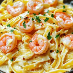To make creamy garlic butter shrimp pasta, you will need: - 8 oz fettuccine pasta - 1 lb large shrimp, peeled and deveined - 4 tablespoons unsalted butter - 4 cloves garlic, minced - 1 cup heavy cream - 1/2 cup grated Parmesan cheese - 1 teaspoon lemon juice - Salt and pepper, to taste These extras can take your dish to the next level: - 1/4 teaspoon red pepper flakes - Fresh parsley, chopped for garnish If you need alternatives, here are some good options: - Use spaghetti or penne instead of fettuccine - Swap large shrimp for smaller shrimp or scallops - Replace heavy cream with half-and-half or coconut milk for a lighter twist First, bring a large pot of salted water to a boil. Add your fettuccine pasta to the pot. Cook the pasta according to the package directions. This usually takes about 8 to 10 minutes. You want the pasta to be al dente, which means it should be firm but cooked through. Once done, save about 1/2 cup of the pasta water. This will help adjust the sauce later. Drain the pasta and set it aside. Next, take a large skillet and heat it over medium heat. Add 2 tablespoons of unsalted butter and let it melt. Now, add 4 cloves of minced garlic. Sauté the garlic for about 1 minute. This step adds great flavor. Then, add 1 pound of large shrimp to the skillet. Season the shrimp with salt, pepper, and red pepper flakes if you like a bit of heat. Cook the shrimp for 2 to 3 minutes on each side. They should turn pink and opaque. Once cooked, remove the shrimp from the skillet and set them aside. In the same skillet, add the remaining 2 tablespoons of butter. Let it melt completely. Pour in 1 cup of heavy cream and bring it to a gentle simmer. This is where you create the creamy base. Stir in 1/2 cup of grated Parmesan cheese. Keep stirring until the cheese melts and the sauce is smooth. Add 1 teaspoon of lemon juice for a fresh kick. Mix everything well to combine the flavors. Now it’s time to bring it all together. Add the drained fettuccine pasta to the skillet with the sauce. Toss the pasta in the creamy sauce to coat it well. If the sauce seems too thick, add a little of the reserved pasta water. This will help achieve your desired consistency. Finally, return the cooked shrimp to the skillet. Gently stir everything together to combine all the flavors. To make the best pasta, cook it just right. Boil salted water and add the fettuccine. Follow the package guide, but check it a minute early. You want it al dente, which means firm yet tender. After cooking, save some pasta water. This step helps adjust the sauce later. The sauce is key to this dish. Start with melted butter and garlic. Cook the garlic until it smells great, but don’t burn it. Add heavy cream and let it simmer gently. Stir in grated Parmesan until it melts. The cheese adds richness. Finally, a splash of lemon juice brightens the flavor. For juicy shrimp, don’t overcook them. Sauté in hot butter until they turn pink. This usually takes about 2-3 minutes per side. Season with salt, pepper, and red pepper flakes for a kick. Remove them promptly from the pan to keep them tender. Mixing them back in at the end keeps their flavor fresh. {{image_2}} You can make this dish even better by adding vegetables. Spinach is a great choice. It wilts nicely and adds some green. You can also use cherry tomatoes. They bring sweetness and color. For a crunch, try bell peppers. Just sauté them with the garlic before you add the shrimp. This adds more flavor and nutrients to your meal. While Parmesan is classic, you can switch it up. Try using feta for a tangy twist. It pairs well with shrimp. You can also opt for mozzarella for a creamy melt. If you like a stronger taste, use aged cheddar. Each cheese will change the dish's flavor profile, giving you new tastes to explore. If you want more heat, add more red pepper flakes. You can also use fresh chili peppers. Slice them thin and toss them in with the garlic. For a smoky flavor, consider adding smoked paprika. This adds depth and warmth to the dish. Adjust the spice level to fit your taste. Enjoy experimenting with these variations! You can store leftover creamy garlic butter shrimp pasta in the fridge. Place it in an airtight container. This keeps the pasta fresh for up to three days. When you want to eat it, just take it out and check for any changes. If it smells off or looks strange, throw it away. To freeze this dish, let it cool completely first. Then, pack it tightly in a freezer-safe container. You can also use freezer bags. This helps save space in your freezer. Frozen pasta can last up to three months. Just remember to label it with the date for easy tracking. When you're ready to eat your pasta, there are a few options to reheat it. You can use the microwave for quick heating. Just add a splash of water or cream to keep it moist. Heat it in short bursts, stirring in between. For a stovetop method, place it in a skillet over low heat. Stir it often and add a little water if needed. This helps keep the creamy texture. Enjoy your meal! Yes, you can use many types of pasta. Fettuccine is great, but penne, spaghetti, or linguine work well too. Just cook the pasta according to its package instructions. Each type gives a unique taste and texture. To lighten this dish, use less butter and cream. You can replace heavy cream with half-and-half or milk. You can also use whole grain pasta for extra fiber. Adding more veggies can help make it lighter and healthier too. You can use several options instead of heavy cream. Full-fat coconut milk is a good choice for a dairy-free version. Greek yogurt can add creaminess while cutting calories. You can also use evaporated milk for a lighter option. Yes, this creamy garlic butter shrimp pasta is great for meal prep. You can store it in the fridge for up to three days. Just keep the pasta and sauce separate if possible. Reheat in a skillet or microwave, adding a splash of water or broth for moisture. This post covered a rich pasta dish packed with flavor. We explored key ingredients, from must-haves to tasty swaps. I shared simple steps for cooking pasta and shrimp, plus making a creamy sauce. You picked up tips for perfect texture and flavor, ensuring success. We also looked at adding veggies and cheese for fun twists. Finally, I discussed how to store and reheat leftovers. With these insights, you can confidently whip up a delicious meal that suits your taste. Enjoy your cooking journey!