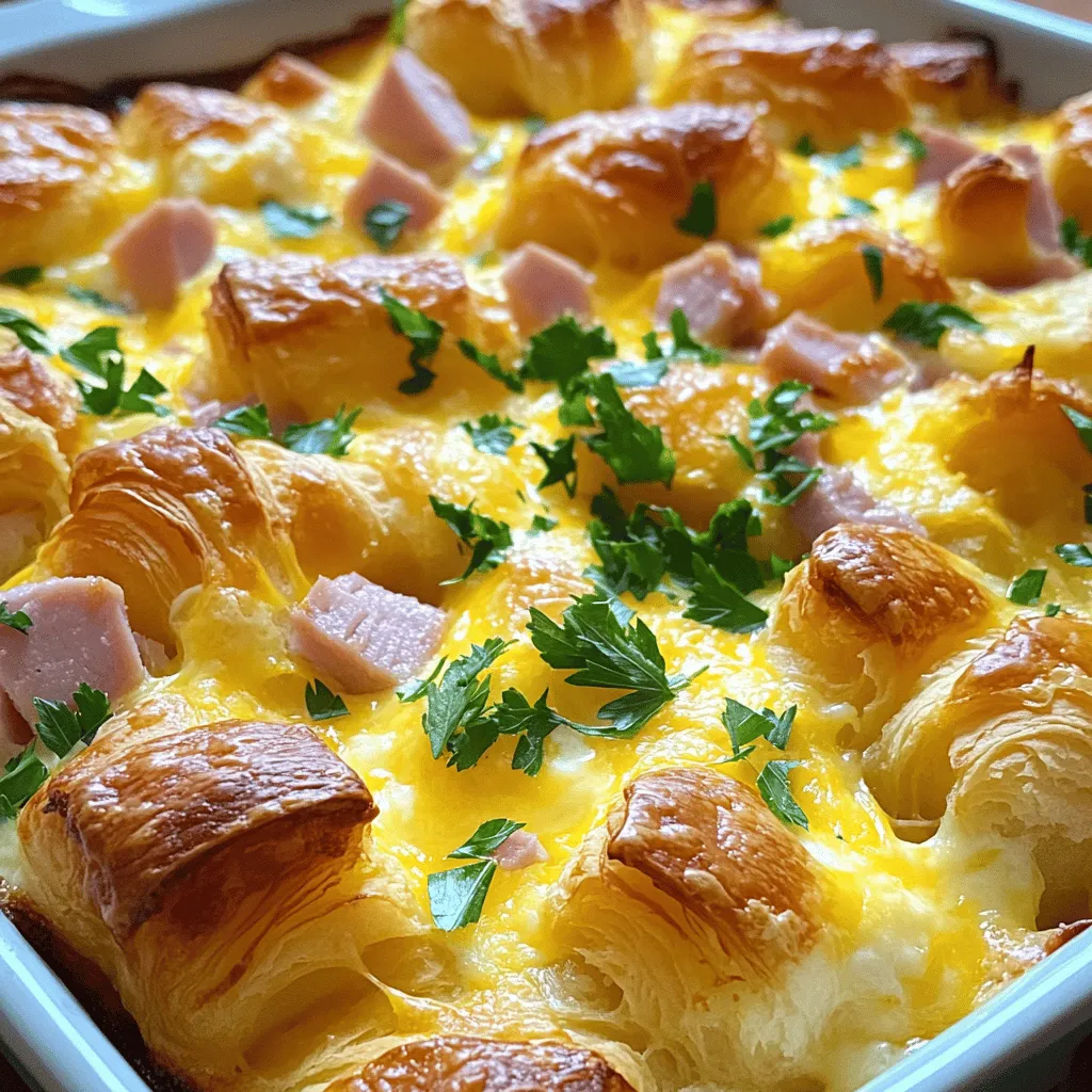 Let’s gather the essential ingredients for this delicious ham and cheese croissant casserole. Each item plays a key role in making this dish flavorful and satisfying. - 8 large butter croissants, torn into chunks - 1 cup cooked ham, diced - 1 cup shredded cheddar cheese - 1 cup shredded mozzarella cheese - 6 large eggs - 2 cups milk - 1 teaspoon Dijon mustard - 1/2 teaspoon garlic powder - 1/2 teaspoon onion powder - Salt and pepper, to taste - Fresh parsley, chopped (for garnish) These ingredients work together to create a tasty breakfast dish. The buttery croissants soak up the egg mixture, while the ham and cheeses add richness. The spices enhance the flavor, making each bite delightful. You can easily find these items at your local grocery store. Enjoy gathering them as you prepare for this fun cooking adventure! First, you need to preheat your oven to 350°F (175°C). This step is important for even cooking. Next, grease a 9x13-inch baking dish. Use butter or cooking spray to ensure the casserole does not stick. In a large bowl, combine the torn croissant pieces, diced ham, and both shredded cheeses. Make sure to mix gently. You want each piece to be coated but not squished. This combination creates layers of flavor in every bite. In another bowl, whisk together the eggs and milk. Add in the Dijon mustard, garlic powder, onion powder, salt, and pepper. Whisk until everything is well blended. This egg mixture binds everything together and adds richness. Pour the egg mixture over the croissant and ham mixture. Make sure to cover everything evenly. Let the mixture sit for about 10-15 minutes. This waiting time allows the croissants to soak up the egg mixture. Transfer the soaked mixture into the greased baking dish. Spread it out evenly to ensure it bakes well. Bake in the preheated oven for 35-40 minutes. Check for doneness by looking for a puffed and golden top. The casserole should feel set but still soft in the center. Serve your ham and cheese croissant casserole warm. It tastes best right out of the oven. Pair it with a fresh salad or mixed greens. This adds a nice crunch and balances the dish. For a pretty presentation, cut the casserole into squares. Place each square on a plate and sprinkle with chopped parsley. This adds color and freshness. Feel free to mix things up! Use different cheeses like Swiss or pepper jack for a twist. You can also swap the ham with turkey or chicken. For extra nutrition, add veggies. Spinach, bell peppers, or mushrooms work great. They add flavor and color to the dish. To check if your casserole is done, look for a puffed and golden top. It should be firm but not dry. A toothpick inserted in the center should come out clean. To avoid a soggy bottom, make sure to let the casserole sit for a bit before baking. This helps absorb the egg mixture well. Also, don’t skip the soaking time; it is key for great texture. {{image_2}} You can easily make a vegetarian version of this dish. Instead of ham, use fresh spinach or sautéed mushrooms. Both options add great flavor and nutrition. Spinach adds a nice green touch, while mushrooms give a hearty feel. Just sauté them lightly before mixing into the casserole. This swap keeps the dish filling and tasty. For a gluten-free option, pick gluten-free croissants or bread. Many brands offer tasty choices that work well in this recipe. Be sure to check the labels for any hidden gluten. This small change ensures everyone can enjoy this delicious dish without worry. Cheese is the star of this dish. While cheddar and mozzarella are classics, you can explore other options. Try Swiss cheese for a nutty flavor or pepper jack for a spicy kick. Mixing cheeses can create a unique twist on the classic recipe. Don't be afraid to experiment with your favorites! To keep your ham and cheese croissant casserole fresh, follow these steps. First, let the casserole cool completely. This helps prevent condensation. Next, place leftovers in an airtight container. Glass or plastic containers with tight lids work best. You can store it in the fridge for up to three days. Make sure to label the container with the date. When it's time to enjoy your leftovers, reheating is simple. For the best results, use the oven. Preheat it to 350°F (175°C). Cut the casserole into squares and place them in a baking dish. Cover with foil to keep moisture in. Heat for about 15-20 minutes. If you prefer the microwave, place a square on a microwave-safe plate. Heat for 1-2 minutes, checking to see if it's warm throughout. If you want to save some for later, freezing works great. Cut the casserole into portions before freezing. Wrap each piece in plastic wrap, then place them in a freezer bag. Remove as much air as possible. Label the bag with the date. You can freeze it for up to three months. To defrost, place it in the fridge overnight. Reheat it as mentioned earlier for a tasty meal. Yes, you can use leftover ham in this casserole. Leftover meats add great flavor. Just dice the ham into small pieces. This makes it easy to mix with the other ingredients. It also helps reduce waste. If you have other meats, feel free to mix them in. The casserole lasts about three to four days in the fridge. Make sure to store it in an airtight container. This keeps it fresh and tasty. Always check for any signs of spoilage before eating. If it smells off or looks strange, toss it out. Yes, you can prepare this casserole ahead of time. Just assemble it and cover it tightly. Store it in the fridge for up to 24 hours. When you're ready to bake, just pop it in the oven. You may need to add a few extra minutes to the baking time. If you don't have Dijon mustard, you can use yellow mustard instead. It has a milder taste but works well. You can also try whole grain mustard for more texture. Another option is to mix a bit of vinegar with regular mustard to add tang. This blog covered a delicious croissant casserole made with simple ingredients like ham and cheese. We explored step-by-step instructions to make it easy for you. I included tips on serving, customizing, and storing leftovers. This dish is great for breakfast or brunch. You can even make it ahead of time! Enjoy trying out different flavors and sharing it with friends and family. Your kitchen will smell amazing, and your taste buds will thank you!