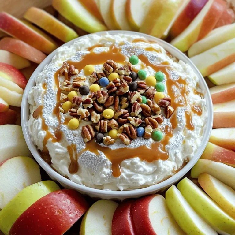 - Apples: I love using Granny Smith or Honeycrisp apples. They are crisp and tart, which pairs perfectly with sweet caramel. You can choose any variety you prefer. Just make sure they are fresh and firm for the best taste. - Cream Cheese: Softening the cream cheese is very important. It mixes better and gives a smooth texture. Leave it out at room temperature for about 30 minutes before you start. This helps it blend well with the other ingredients. - Caramel Sauce: You can use store-bought caramel sauce for convenience. It saves time and tastes great. If you want to be adventurous, try making your own caramel sauce. It adds a personal touch and can be made with simple ingredients. - Nuts: Chopped nuts like pecans or walnuts add a nice crunch. They also bring a rich flavor to the dip. You can choose your favorite nuts or even leave them out if you prefer. - Garnishes: Mini chocolate chips or colorful sprinkles can make your dip look fun and festive. They add sweetness and a nice pop of color. Use them if you want to impress your guests or make it extra special. - Slicing apples: To slice apples, use a sharp knife. Cut each apple in half, then slice each half into even wedges. Aim for pieces that are about the same size. This way, they look nice and are easy to dip. - Softening cream cheese: To soften cream cheese, take it out of the fridge about 30 minutes before you use it. If you need it faster, cut it into small pieces and microwave it for 10 seconds. This makes it easy to mix. - Mixing cream cheese and powdered sugar: In a medium bowl, add the softened cream cheese. Use a hand mixer or whisk to beat it until it's smooth. Gradually add in the powdered sugar. Mix well until it is all blended. - Adding flavor components: Next, stir in 1 teaspoon of vanilla extract and 1/4 teaspoon of ground cinnamon. Keep mixing until everything is smooth and creamy. This adds a nice flavor to the dip. - Layering process: Take a serving dish and spread the cream cheese mix evenly at the bottom. Drizzle 1 cup of caramel sauce on top of the cream cheese layer. Make sure to cover it well. - Presentation tips for serving the dip: Sprinkle 1/2 cup of chopped nuts over the caramel. Press them down gently so they stick. For extra fun, add mini chocolate chips or colorful sprinkles on top. To serve, arrange the apple slices around the dip. You can use toothpicks for easy dipping. Add a sprig of mint on top for a nice touch! To make a smooth cream cheese dip, start with soft cream cheese. If it's too cold, it will be lumpy. Let it sit at room temp for 30 minutes. Then, use a hand mixer or whisk to blend it well. Start mixing slowly to avoid splatter. Gradually add powdered sugar. This keeps lumps from forming. Mix until you see no white bits. Next, stir in vanilla and cinnamon until everything is creamy. If you still see lumps, keep mixing. This step is key for a tasty dip. Fresh apple slices are the best for dipping. Try Granny Smith or Honeycrisp. Their tartness pairs well with sweet caramel. You can also use pears or bananas for a fun twist. For parties, get creative! Serve the dip in a hollowed-out apple or pumpkin. Arrange fruit on a platter around the dip. Add toothpicks for easy grabbing. Garnish with nuts or sprinkles to make it pretty. A sprig of mint on top adds a fresh look. {{image_2}} You can change the cream cheese in this dip. For a dairy-free option, use a plant-based cream cheese. It works great and tastes good too. You can find it in many stores. Nuts add crunch to your dip. Pecans and walnuts are great choices, but feel free to explore! Try almonds or cashews for a fun twist. You can even skip the nuts if you prefer a smoother dip. Adding spices can give your dip a new twist. A pinch of nutmeg can bring warmth. You can also try almond or maple extract for unique flavors. Just a little goes a long way! Seasonal variations can make your dip special. For fall, mix in pumpkin spice. For winter, consider a hint of peppermint. Change the toppings to match the season too! Add festive sprinkles for a holiday touch or crushed candy canes for a winter treat. To keep your caramel apple dip fresh, store it in an airtight container. Make sure to seal it well to avoid any air exposure. This will help keep the flavors intact. The dip stays good in the fridge for about 3 to 5 days. The apples will lose some crispness, but the dip itself will remain tasty. If you notice any changes in smell or color, it’s best to discard it. If you want to enjoy your dip warm, you can gently reheat it. Place the dip in a microwave-safe bowl. Heat it in short bursts, about 15 seconds at a time. Stir in between each burst to keep it creamy. Avoid overheating, as this can cause the cream cheese to separate. You want a smooth texture that is perfect for dipping. Enjoy your dip warm with fresh apple slices! To make caramel apple dip, start with simple steps. First, you mix cream cheese with powdered sugar. Then, add vanilla and cinnamon for flavor. Next, layer the cream cheese in a dish. Drizzle caramel sauce on top, and sprinkle with nuts. Finally, serve with apple slices. This dip is quick and takes only 10 minutes to prepare. Yes, you can substitute ingredients. If you want a lighter dip, use Greek yogurt instead of cream cheese. For a vegan option, try dairy-free cream cheese. You can also swap caramel sauce for a healthier fruit dip made with honey. Each change will affect the taste and texture, but it can still be delicious. To make this dip healthier, consider reducing the amount of sugar. You can cut the powdered sugar in half. Use a natural sweetener like honey or maple syrup. You can also skip the nuts or use less. Another idea is to add more apples for fiber. These tips help keep the taste while lowering calories. This blog post explored how to make a delicious caramel apple dip. You learned about essential ingredients like apples, cream cheese, and caramel sauce. We covered step-by-step instructions for preparation and assembly. I shared tips for serving and storing your dip. Variations and options for healthier alternatives added versatility. With these insights, you can enjoy a fun treat that impresses everyone. Whether for a party or a snack, this dip is a hit!