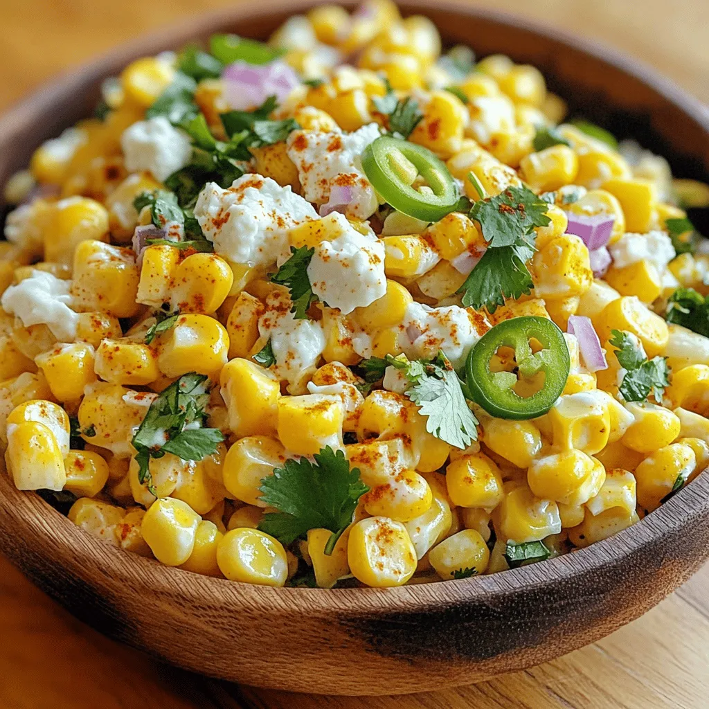 To make Mexican Street Corn Salad, you need these fresh and tasty ingredients: - Fresh corn (4 ears) - Mayonnaise (1/2 cup) - Queso fresco or feta cheese (1/2 cup) - Fresh cilantro (1/4 cup, chopped) - Jalapeño (1, finely diced) - Garlic (2 cloves, minced) - Lime juice (from 2 limes) - Chili powder (1 teaspoon) - Salt and pepper (to taste) - Optional: Red onion (1/4 cup, diced) Each ingredient plays a key role in creating that vibrant and bold flavor. Fresh corn gives the salad sweetness and crunch. Mayonnaise adds creaminess, while queso fresco or feta cheese brings a salty bite. Cilantro adds a fresh touch, and jalapeño gives it a mild kick. Garlic enhances the overall taste. Lime juice brightens the salad, while chili powder adds warmth. You can skip the red onion if you prefer a milder taste, but it adds a nice crunch and flavor. This mix of ingredients makes the salad colorful and fun to eat. - Preheat the grill to medium-high heat. - Place the corn on the grill. Grill for 10-12 minutes until charred and tender. - Turn the corn occasionally for even cooking. Remove from the grill and let it cool. - Once the corn is cool, cut the kernels off the cob into a mixing bowl. - In a separate bowl, mix the mayonnaise, lime juice, minced garlic, chili powder, and a pinch of salt and pepper. - Stir until the dressing is well combined. Pour the dressing over the corn kernels in the mixing bowl. - Add the crumbled queso fresco, chopped cilantro, diced jalapeño, and diced red onion if you like. Gently mix until everything is coated. - Taste the salad and adjust the seasoning if needed. Add more salt, pepper, or lime juice. - For the best flavor, cover and chill the salad for at least 30 minutes. - Give the salad a quick toss before serving. Garnish with extra cilantro and chili powder for a nice touch. Selecting fresh corn is key. Look for bright green husks. The kernels should feel plump and firm. If you can, pick corn on the same day you plan to make the salad. This gives the best taste. For the best texture, grill your corn until it's charred. This adds a smoky flavor. After grilling, let it cool before cutting off the kernels. This makes it easier and safer to handle. Want to boost the flavors? Mix in extra lime juice for brightness. You can also add more spices like chili powder or even cumin. This can make your salad pop with flavor. Pair your Mexican street corn salad with barbecued dishes. It works great with grilled chicken or ribs. The cool salad balances the heat from the grill. Serve your salad cold. This keeps it fresh and tasty. If you want to impress guests, try serving it in tortilla bowls. This adds a fun twist and makes it easy to share. {{image_2}} You can easily change some ingredients to fit your taste. - Alternative cheeses: You can swap queso fresco for feta cheese or even cotija. Each cheese adds a unique flavor. - Vegan mayonnaise options: If you prefer a vegan version, use avocado or a store-bought vegan mayo. Both will add creaminess. - Other fresh herbs: Try adding fresh mint or parsley for a different twist. These herbs bring bright flavors to the salad. Boosting the flavor of your Mexican street corn salad is simple. - Adding different peppers: For more heat, try using poblano or serrano peppers. They will add a spicy kick. - Incorporating fresh avocados: Diced avocado adds creaminess and richness. It pairs well with the corn and other flavors. - Exploring different spices: Try adding cumin or smoked paprika. These spices can deepen the taste and give a smoky flavor. Feel free to mix and match these ideas to create a salad that suits your taste! To keep your Mexican street corn salad fresh, use an airtight container. Glass or plastic containers both work well. Store it in the fridge right after serving. This helps keep flavors bright and tasty. For best quality, eat the salad within three days. You should not reheat this salad. The fresh taste comes from the cold ingredients. If it seems dry after resting, add a splash of lime juice. Stir it well before serving again. This helps to refresh the flavors and texture. Enjoy your salad cold for the best experience! What is the best time to serve this salad? I love serving this salad at summer barbecues or picnics. It pairs well with grilled meats and adds a fresh touch to any meal. You can also serve it as a side dish for taco night. Can I use canned corn instead of fresh? You can use canned corn, but fresh corn gives the best flavor. Canned corn may lack the crispness and sweetness of fresh corn. If you go with canned, drain it well and rinse to reduce salt. How long will the salad keep in the fridge? This salad will last about 3 days in the fridge. Keep it in an airtight container. The flavors may change, but it will still taste great. Is it gluten-free? Yes, Mexican Street Corn Salad is gluten-free. All the ingredients used are safe for those with gluten sensitivities. Can this salad be made dairy-free? You can make this salad dairy-free. Just skip the queso fresco and use a dairy-free mayo. You can add extra lime juice for flavor. Suggestions for low-calorie substitutions To make this salad lower in calories, use Greek yogurt instead of mayonnaise. You can also reduce the cheese or use less mayonnaise. Add more veggies like bell peppers for extra crunch. This blog post covered how to make a tasty Mexican street corn salad. We shared the key ingredients, detailed grilling and mixing steps, plus useful tips to perfect your dish. You learned about variations, storage methods, and answers to common questions. Remember, using fresh ingredients makes a big difference in flavor. Whether serving at a barbecue or enjoying as a snack, this salad shines. Enjoy making your salad and impress your friends and family with this delightful treat.