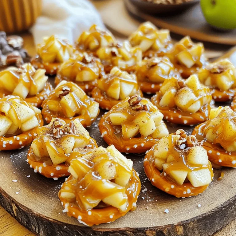 To make caramel apple pretzel bites, you need a few simple items. Here’s what you'll need: - Mini pretzel twists - 1 large apple (preferably Granny Smith) - 1 cup caramel sauce (store-bought or homemade) - 1/2 teaspoon cinnamon - Optional add-ins: - 1/4 cup chopped pecans - 1/4 cup mini chocolate chips - Sea salt for finishing These ingredients create a delightful mix of sweet and salty. The mini pretzels give a nice crunch. The apple adds freshness, and the caramel brings sweetness. You can customize this treat with optional add-ins. Chopped pecans add nutty flavor, while mini chocolate chips bring richness. Using Granny Smith apples is best. They are tart and balance the sweetness of the caramel. You can find all these ingredients at local stores or online. Make sure to have everything ready before you start cooking. It makes the process easier and more fun. 1. Preheat your oven to 350°F (175°C). This step warms your pretzels and helps them get crispy. 2. Take out the mini pretzel twists and spread them on a baking sheet. Make sure they lay flat in a single layer. This helps them bake evenly. 1. Take one large apple, preferably Granny Smith. Finely chop it into small pieces. 2. In a mixing bowl, add 1/2 teaspoon of cinnamon to the chopped apple. Mix well so each piece gets coated. This gives a nice flavor to your bites. 1. Start with a mini pretzel. Place a small dollop of caramel sauce on top. 2. Add a spoonful of your cinnamon apple mixture on the caramel. If you want, sprinkle some chopped pecans or mini chocolate chips on top for extra flavor and crunch. 3. Top it with another pretzel and press gently to make a pretzel sandwich. 1. Place the assembled pretzel bites back on the baking sheet. Bake them for an additional 5 minutes. This step helps melt the caramel and blend the flavors. 2. Once done, take them out and let them cool for about 10 minutes. This waiting time helps the bites set, making them easier to eat. Enjoy! - Store-bought vs. homemade caramel: Store-bought caramel saves time. It’s easy to pour over your treats. Homemade caramel tastes rich and fresh. You can control the sweetness. Choose based on your time and taste. - How to melt caramel effectively: To melt caramel, use a double boiler. Heat gently to avoid burning. Stir often to get a smooth texture. If using microwave, heat in short bursts. Stir in between to prevent hot spots. - Key temperature settings: Always preheat your oven to 350°F (175°C). This helps the pretzels warm evenly. If the oven is too hot, the pretzels can burn. If too cool, they won’t melt the caramel well. - Adjusting ingredient quantities for flavor: You can change the apple amount for more crunch. If you love chocolate, add more mini chocolate chips. For a nutty taste, increase pecans. Experiment to find your favorite balance. - Pairing with drinks or dips: These bites go well with warm cider. A scoop of vanilla ice cream also pairs nicely. For a savory touch, consider a cheese dip. It adds a fun twist to your dessert. - Presentation ideas for parties: Arrange the pretzel bites on a colorful platter. Drizzle extra caramel over the top. Use small cups for dipping sauces. This makes it festive and fun for guests. {{image_2}} You can make caramel apple pretzel bites even more fun by changing the apple type. Try using a sweet Fuji or a tart Honeycrisp. Each apple brings a new taste. You can also use flavored caramel sauce. For example, chocolate or sea salt caramel adds a twist that excites your taste buds. If you need gluten-free options, choose gluten-free pretzels. Many brands offer great choices that taste just as good. For nut-free bites, skip the pecans and use sunflower seeds. This way, everyone can enjoy the treat safely. Seasonal flavors can enhance your bites. In autumn, adding pumpkin spice gives a warm, cozy feel. For summer, mix in fresh fruits like strawberries or blueberries. This adds color and freshness to your treats. To store leftover pretzel bites, place them in an airtight container. This helps keep them fresh. You can store them at room temperature for up to two days. If you want them to last longer, consider refrigerating them. Just remember, the colder air can change the texture slightly. To reheat your pretzel bites, the best method is using an oven. Preheat it to 350°F (175°C). Place the bites on a baking sheet and heat for about 5 minutes. This method keeps the pretzels crunchy. Avoid microwaving them, as that can make them chewy. To freeze caramel apple pretzel bites, first let them cool completely. Then, layer them in a freezer-safe container, separating each layer with parchment paper. They can last for about a month in the freezer. To serve, take them out and thaw in the fridge overnight. You can also warm them in the oven for a few minutes to regain that fresh taste. Caramel apple pretzel bites are sweet snacks that combine salty and sweet flavors. They feature crunchy pretzel twists, creamy caramel, and tart apple pieces. The mix of textures makes every bite fun and tasty. The pretzels provide a salty base, while the caramel adds a rich, sweet layer. The cinnamon gives warmth, and the apple brings freshness. Together, they create a delightful treat perfect for gatherings or a cozy night in. Yes, you can use different pretzel shapes! Pretzel sticks, rods, or even larger pretzels can work well. The key is finding something sturdy enough to hold the toppings. Just ensure the size fits your flavor combinations. If you want a crunchier bite, choose thinner pretzels. For a softer texture, go for larger ones. Feel free to get creative with shapes to suit your taste! Caramel apple pretzel bites are best eaten fresh. They stay tasty for about 2-3 days at room temperature. To keep them fresh, store them in an airtight container. If you notice the pretzels getting soft, they are still safe to eat. For the best flavor, enjoy them within a day or two. You can also place them in the fridge for longer freshness, but expect a change in texture. Yes, you can find pre-made caramel apple pretzel bites at some stores. Look for them in the snack aisle or near the bakery section. Brands may vary, so read the labels for ingredients. If you prefer homemade, try making them yourself for a fresher taste. Homemade bites let you control the flavors and ingredients, making them even more special. To make caramel apple pretzel bites healthier, try these tips: - Use whole grain pretzels for added fiber. - Choose a low-sugar caramel sauce or make your own. - Swap out some caramel for yogurt to cut sugar. - Use less caramel on each pretzel to reduce calories. - Add more apple pieces to increase fruit intake. These changes can help you enjoy your treats while keeping them a bit lighter! You've learned how to make delicious caramel apple pretzel bites. We covered every step, from gathering ingredients to storage tips. I shared variations to make these treats suit your taste. Remember, the perfect apple and caramel will elevate your bites. Enjoy these fun snacks at home or at your next party. With the right tips, you can impress everyone. Dive into your kitchen and create these tasty delights today!