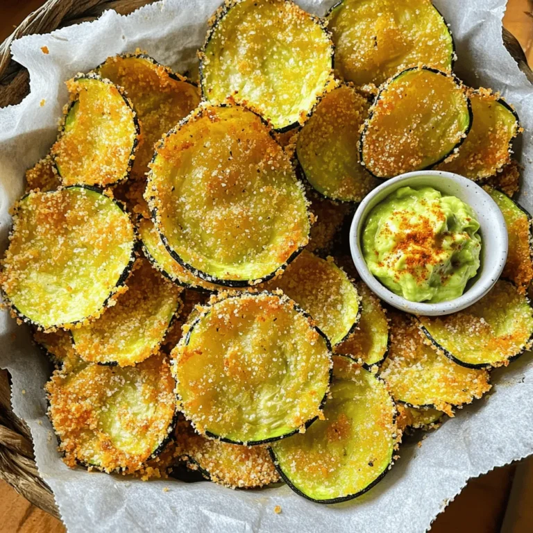 - 2 medium zucchinis - 1 cup breadcrumbs (preferably Panko) - 1/2 cup grated Parmesan cheese - 1 teaspoon garlic powder - 1 teaspoon paprika - 1/2 teaspoon salt - 1/4 teaspoon black pepper - 2 eggs - Olive oil spray When I make crispy zucchini chips, I always start by gathering my ingredients. Fresh zucchinis are key. I prefer medium-sized ones for the best crunch. Using Panko breadcrumbs gives the chips an extra crispy texture. Next, I add Parmesan cheese to the breadcrumbs. It adds a rich flavor to the chips. Garlic powder and paprika give the chips a nice kick. I use salt and black pepper for balance. I beat two eggs in a bowl. The eggs help the breadcrumbs stick to the zucchini. Lastly, I keep olive oil spray handy. It gives the chips that golden color and crunch. - Calories per serving: Approximately 150 - Macronutrients breakdown: - Protein: 8g - Fat: 7g - Carbohydrates: 15g These chips are not just tasty; they’re also healthy. Each serving is about 150 calories, making them a great snack. With 8 grams of protein, they help keep you full. The fat comes mainly from the cheese and olive oil, while the carbs come from the zucchini and breadcrumbs. Enjoy these chips guilt-free! To make crispy zucchini chips, start by slicing the zucchinis. Use two medium zucchinis and cut them thin, about 1/8 inch thick. Thin slices help them cook evenly. If they are too thick, they might not get crispy. To achieve even thickness, I recommend using a sharp knife or a mandoline slicer. A mandoline makes it easy to get consistent slices. Try to slice all the pieces as close to the same size as you can. This way, they will bake at the same rate. Next, get your coatings ready. In a mixing bowl, combine 1 cup of breadcrumbs, 1/2 cup of grated Parmesan cheese, 1 teaspoon of garlic powder, 1 teaspoon of paprika, 1/2 teaspoon of salt, and 1/4 teaspoon of black pepper. Mix them well. This mix will give your chips a great flavor. Using Panko breadcrumbs is important for extra crispiness. They are lighter and provide better crunch than regular breadcrumbs. If you want that perfect crunch, stick with Panko! Now, let’s bake those chips! Preheat your oven to 225°F (110°C). It’s best to bake them low and slow. Line a large baking sheet with parchment paper for easy clean-up. Once your oven is ready, dip each zucchini slice into 2 beaten eggs. Let the extra egg drip off. Then coat the slice in the breadcrumb mix. Press gently so the mix sticks well. Place the slices on the baking sheet in a single layer. After placing them, lightly spray the tops with olive oil. This helps them crisp up nicely. Bake the zucchini chips for about 1.5 hours. Flip them halfway through to ensure they cook evenly. They are done when golden brown and crispy. When finished, take them out and let them cool slightly before serving. Enjoy your crispy zucchini chips! To make your zucchini chips extra crispy, even coating is key. When you dip each slice in the egg, let the extra drip off. This step helps the breadcrumbs stick better. The more even the coating, the crispier your chips will be. Using olive oil spray also helps. Lightly spray the tops of the zucchini chips before baking. This adds flavor and helps them brown nicely. Don’t soak them; a light mist will do the trick. It’s all about balance for that perfect crunch! One big mistake is overcrowding the baking sheet. If you pile the zucchini slices too close, they won’t cook evenly. Give them space! Lay them out in a single layer for better air circulation. Another mistake is skipping parchment paper. This paper keeps the chips from sticking to the pan. It also makes cleaning up easier. Always line your baking sheet with parchment for the best results. {{image_2}} You can make your crispy zucchini chips even better with different spices and seasonings. Try adding some cayenne pepper for heat or a little onion powder for a savory kick. You can also use Italian seasoning for a herby touch. Fresh herbs like rosemary or thyme work great too. Just sprinkle them on before baking. These simple changes can boost the flavor and make your snack more exciting. If you want to switch things up, consider using gluten-free breadcrumbs. They will still give you that crunch you crave. Cornmeal is another fun option. It gives a nice texture and a slightly sweet taste. Just replace the breadcrumbs with equal amounts of cornmeal. Experimenting with these options can lead to tasty new results. To keep your crispy zucchini chips fresh, store them in a cool place. Use an airtight container to keep out air and moisture. You can also add a paper towel inside to absorb any extra moisture. This helps maintain their crunch. If you want, you can place the chips in a resealable bag, but make sure to squeeze out the air before sealing. When it's time to enjoy your leftover zucchini chips, reheating is key. Preheat your oven to 350°F (175°C). Spread the chips on a baking sheet in a single layer. Bake them for about 10 minutes. This brings back that lovely crispiness. Avoid using the microwave, as it can make the chips soggy. Always keep an eye on them to prevent burning. To make zucchini chips in an air fryer, you need to adjust the cooking time and temperature. Set your air fryer to 375°F (190°C). Cook the zucchini chips for about 15 to 20 minutes. Flip them halfway through for even cooking. Check for crispiness; they should be golden brown when done. Yes, you can use other vegetables for chips! Try carrots, sweet potatoes, or eggplant. Slice them thinly for the best results. Each vegetable may require slight changes in cook time. Experiment with different spices to match each veggie's flavor. Look for a golden brown color and a crispy texture. The chips should feel light and crunchy. If they still seem soft, give them a few more minutes in the oven. Remember to flip them halfway through baking for even doneness. In this blog, we covered how to make crunchy zucchini chips. You learned about the key ingredients and the steps to prepare and bake them. I shared tips for achieving crispiness, avoiding common mistakes, and variations for fun flavors. Proper storage and reheating methods help keep your chips tasty. Zucchini chips are a healthy snack choice, easy to make, and fun to customize. Most importantly, enjoy the process and get creative with your flavors!