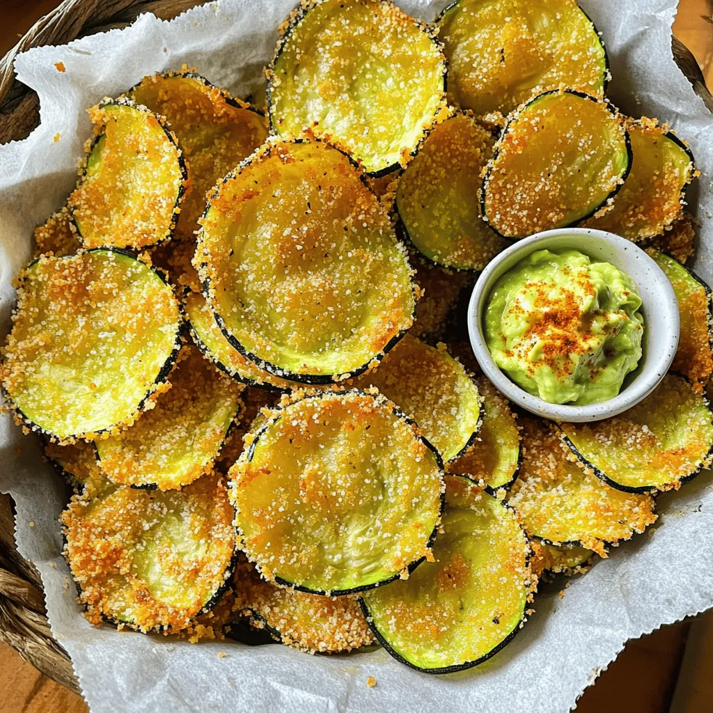- 2 medium zucchinis - 1 cup breadcrumbs (preferably Panko) - 1/2 cup grated Parmesan cheese - 1 teaspoon garlic powder - 1 teaspoon paprika - 1/2 teaspoon salt - 1/4 teaspoon black pepper - 2 eggs - Olive oil spray When I make crispy zucchini chips, I always start by gathering my ingredients. Fresh zucchinis are key. I prefer medium-sized ones for the best crunch. Using Panko breadcrumbs gives the chips an extra crispy texture. Next, I add Parmesan cheese to the breadcrumbs. It adds a rich flavor to the chips. Garlic powder and paprika give the chips a nice kick. I use salt and black pepper for balance. I beat two eggs in a bowl. The eggs help the breadcrumbs stick to the zucchini. Lastly, I keep olive oil spray handy. It gives the chips that golden color and crunch. - Calories per serving: Approximately 150 - Macronutrients breakdown: - Protein: 8g - Fat: 7g - Carbohydrates: 15g These chips are not just tasty; they’re also healthy. Each serving is about 150 calories, making them a great snack. With 8 grams of protein, they help keep you full. The fat comes mainly from the cheese and olive oil, while the carbs come from the zucchini and breadcrumbs. Enjoy these chips guilt-free! To make crispy zucchini chips, start by slicing the zucchinis. Use two medium zucchinis and cut them thin, about 1/8 inch thick. Thin slices help them cook evenly. If they are too thick, they might not get crispy. To achieve even thickness, I recommend using a sharp knife or a mandoline slicer. A mandoline makes it easy to get consistent slices. Try to slice all the pieces as close to the same size as you can. This way, they will bake at the same rate. Next, get your coatings ready. In a mixing bowl, combine 1 cup of breadcrumbs, 1/2 cup of grated Parmesan cheese, 1 teaspoon of garlic powder, 1 teaspoon of paprika, 1/2 teaspoon of salt, and 1/4 teaspoon of black pepper. Mix them well. This mix will give your chips a great flavor. Using Panko breadcrumbs is important for extra crispiness. They are lighter and provide better crunch than regular breadcrumbs. If you want that perfect crunch, stick with Panko! Now, let’s bake those chips! Preheat your oven to 225°F (110°C). It’s best to bake them low and slow. Line a large baking sheet with parchment paper for easy clean-up. Once your oven is ready, dip each zucchini slice into 2 beaten eggs. Let the extra egg drip off. Then coat the slice in the breadcrumb mix. Press gently so the mix sticks well. Place the slices on the baking sheet in a single layer. After placing them, lightly spray the tops with olive oil. This helps them crisp up nicely. Bake the zucchini chips for about 1.5 hours. Flip them halfway through to ensure they cook evenly. They are done when golden brown and crispy. When finished, take them out and let them cool slightly before serving. Enjoy your crispy zucchini chips! To make your zucchini chips extra crispy, even coating is key. When you dip each slice in the egg, let the extra drip off. This step helps the breadcrumbs stick better. The more even the coating, the crispier your chips will be. Using olive oil spray also helps. Lightly spray the tops of the zucchini chips before baking. This adds flavor and helps them brown nicely. Don’t soak them; a light mist will do the trick. It’s all about balance for that perfect crunch! One big mistake is overcrowding the baking sheet. If you pile the zucchini slices too close, they won’t cook evenly. Give them space! Lay them out in a single layer for better air circulation. Another mistake is skipping parchment paper. This paper keeps the chips from sticking to the pan. It also makes cleaning up easier. Always line your baking sheet with parchment for the best results. {{image_2}} You can make your crispy zucchini chips even better with different spices and seasonings. Try adding some cayenne pepper for heat or a little onion powder for a savory kick. You can also use Italian seasoning for a herby touch. Fresh herbs like rosemary or thyme work great too. Just sprinkle them on before baking. These simple changes can boost the flavor and make your snack more exciting. If you want to switch things up, consider using gluten-free breadcrumbs. They will still give you that crunch you crave. Cornmeal is another fun option. It gives a nice texture and a slightly sweet taste. Just replace the breadcrumbs with equal amounts of cornmeal. Experimenting with these options can lead to tasty new results. To keep your crispy zucchini chips fresh, store them in a cool place. Use an airtight container to keep out air and moisture. You can also add a paper towel inside to absorb any extra moisture. This helps maintain their crunch. If you want, you can place the chips in a resealable bag, but make sure to squeeze out the air before sealing. When it's time to enjoy your leftover zucchini chips, reheating is key. Preheat your oven to 350°F (175°C). Spread the chips on a baking sheet in a single layer. Bake them for about 10 minutes. This brings back that lovely crispiness. Avoid using the microwave, as it can make the chips soggy. Always keep an eye on them to prevent burning. To make zucchini chips in an air fryer, you need to adjust the cooking time and temperature. Set your air fryer to 375°F (190°C). Cook the zucchini chips for about 15 to 20 minutes. Flip them halfway through for even cooking. Check for crispiness; they should be golden brown when done. Yes, you can use other vegetables for chips! Try carrots, sweet potatoes, or eggplant. Slice them thinly for the best results. Each vegetable may require slight changes in cook time. Experiment with different spices to match each veggie's flavor. Look for a golden brown color and a crispy texture. The chips should feel light and crunchy. If they still seem soft, give them a few more minutes in the oven. Remember to flip them halfway through baking for even doneness. In this blog, we covered how to make crunchy zucchini chips. You learned about the key ingredients and the steps to prepare and bake them. I shared tips for achieving crispiness, avoiding common mistakes, and variations for fun flavors. Proper storage and reheating methods help keep your chips tasty. Zucchini chips are a healthy snack choice, easy to make, and fun to customize. Most importantly, enjoy the process and get creative with your flavors!