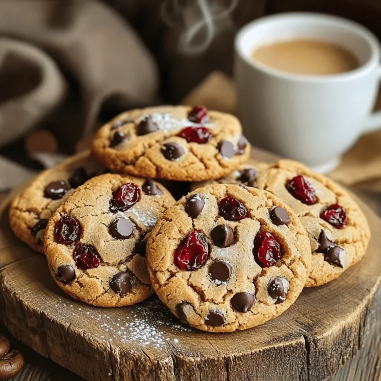 - 1 cup unsalted butter, softened - 1 cup brown sugar, packed - 1/2 cup granulated sugar - 2 large eggs - 2 teaspoons vanilla extract - 3 cups all-purpose flour - 1 teaspoon baking soda - 1/2 teaspoon salt - 1/2 cup cocoa powder - 1 cup dark chocolate chips - 1 cup dried cherries, chopped - 1/4 cup brewed espresso or strong coffee, cooled Butter gives the cookies a rich taste. Use unsalted butter for better control over the salt. Brown sugar adds moisture and a chewy texture. Granulated sugar helps the cookies spread nicely. The eggs bind all the ingredients together, giving structure. Vanilla extract enhances the overall flavor. The cocoa powder gives a deep chocolate taste, while dark chocolate chips add bursts of sweetness. Dried cherries offer a tart kick that pairs well with chocolate and coffee flavors. The brewed espresso boosts the coffee notes and adds depth to the cookies. You can swap unsalted butter with coconut oil for a dairy-free option. If you prefer less sugar, use a sugar substitute like stevia or monk fruit. For a gluten-free version, replace all-purpose flour with a gluten-free blend. You can replace dark chocolate chips with milk chocolate for a sweeter taste. If you don’t have dried cherries, dried cranberries make a good substitute. Lastly, if you want to skip coffee, use milk or water in the same amount. First, set your oven to 350°F (175°C). This temperature will help the cookies bake evenly. Next, take a baking sheet and line it with parchment paper. This step keeps the cookies from sticking. It also makes clean-up easy. In a big mixing bowl, add one cup of softened unsalted butter. Then, add one cup of packed brown sugar and half a cup of granulated sugar. Use a hand mixer to blend these until they are light and fluffy. This process should take about 3 to 4 minutes. It’s key to get air into the mixture. Next, crack two large eggs into the bowl. Mix in each egg one at a time. Make sure the first one is fully mixed before adding the next. After that, include two teaspoons of vanilla extract and a quarter cup of cooled espresso or strong coffee. In a separate bowl, whisk together three cups of all-purpose flour, one teaspoon of baking soda, half a teaspoon of salt, and half a cup of cocoa powder. Slowly add this dry mix into the wet ingredients, stirring until just combined. Now, gently fold in one cup of dark chocolate chips and one cup of chopped dried cherries. Use a cookie scoop or tablespoons to drop mounds of dough onto your prepared baking sheet. Leave some space between each mound to allow for spreading. Bake the cookies for 10 to 12 minutes. The edges should be firm, but the centers need to stay soft. After baking, let the cookies cool on the sheet for 5 minutes. Then, transfer them to a wire rack to cool completely. Enjoy your Cherry Mocha Chip Cookies! To get the best texture in your cookies, start with room temperature butter. This helps to create a light and fluffy dough. When mixing, cream the butter and sugars well. Aim for about three to four minutes. This aeration gives your cookies a nice rise. Be careful not to overmix the dough after adding flour. Mix just until combined to keep them soft. When you shape the dough, use a cookie scoop for even sizes. This ensures they bake evenly. One common mistake is baking the cookies too long. Keep an eye on them! Remove cookies when the edges are firm, but the centers should look soft. They will continue to cook a bit after you take them out. Another mistake is not measuring ingredients correctly. Use the spoon-and-level method for flour. This prevents dry cookies. Also, don’t skip the espresso! It adds depth and enhances the chocolate flavor. To boost flavors, add a pinch of cinnamon or nutmeg. These spices pair well with chocolate. You can also try using different types of chocolate chips, like milk or white chocolate. Adding a sprinkle of sea salt on top before baking can also elevate the taste. For a fruity twist, consider adding some orange zest. It complements the cherries beautifully. Feel free to experiment with flavors to make these cookies your own! {{image_2}} You can change the mix-ins in these cookies to fit your taste. Try adding nuts like walnuts or pecans for a crunch. You could also swap dried cherries for cranberries or raisins. If you love peanut butter, add some peanut butter chips to the dough. For a fun twist, mix in some white chocolate chips for extra sweetness. These changes make the cookies fun and new! You can make these cookies vegan by using plant-based butter and a flax egg. To make a flax egg, mix one tablespoon of flaxseed meal with three tablespoons of water. Let it sit for five minutes to thicken. For gluten-free options, use gluten-free flour instead of all-purpose flour. This keeps the taste great while meeting dietary needs. For holidays, you can spice up these cookies. In fall, add cinnamon or nutmeg for a warm flavor. Around Christmas, mix in crushed candy canes for a minty taste. You can also drizzle melted chocolate on top for a festive look. Each season brings a chance to enjoy these cookies in new ways! To keep your Cherry Mocha Chip Cookies fresh, store them in an airtight container. You can stack them in layers with parchment paper in between to prevent sticking. This method helps maintain their soft texture. Keep the container in a cool, dry place. Cookies will stay fresh for up to a week. Freezing cookie dough is a great way to save time. After you scoop the mounds of dough, place them on a baking sheet. Freeze them for about an hour until firm. Then, transfer the frozen dough balls into a freezer-safe bag. Be sure to label the bag with the date. The dough can stay good for up to three months. Baked Cherry Mocha Chip Cookies last about a week at room temperature. If you want them to last longer, freezing is the best option. When thawed, they will taste almost fresh. Just pop them in the oven for a few minutes to warm them up. Enjoy those rich flavors anytime! Yes, you can use fresh cherries. Just chop them small and remove the pits. Fresh cherries add moisture, which can change the texture of your cookies. You might need to bake them a bit longer. Keep an eye on them to avoid sogginess. To make chewier cookies, use more brown sugar than white sugar. Brown sugar adds moisture. You can also chill the dough for at least an hour before baking. This helps create a denser cookie. Finally, do not overbake them. Remove cookies when they look soft in the middle. Yes, you can make the dough ahead of time. Chill it in the fridge for up to three days. Or, freeze the dough for up to three months. When ready to bake, let the dough thaw in the fridge overnight. Then bake as usual. This way, you'll have fresh cookies anytime! You learned about key ingredients and their substitutions for baking cookies. We explored step-by-step instructions, tips for better texture, and common mistakes to avoid. You also discovered variations, including vegan options, and storage methods for freshness. Remember, small changes can make a big difference in your baking. With practice, you can create the perfect cookie every time. Enjoy your baking journey and have fun experimenting with flavors!