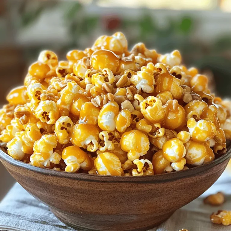 To make Amish Caramel Corn, gather the following ingredients: - 12 cups popped popcorn (about 1 cup unpopped kernels) - 2 cups brown sugar - 1/2 cup unsalted butter - 1/2 cup corn syrup - 1/2 teaspoon baking soda - 1 teaspoon vanilla extract - 1/4 teaspoon salt - Optional: 1 cup chopped nuts (like peanuts or almonds) Each ingredient plays a key role. The popcorn gives a light, airy base. Brown sugar adds rich sweetness, while butter and corn syrup create that gooey texture. Baking soda helps the caramel bubble and expand. Vanilla brings warmth and depth. A pinch of salt balances the sweetness. If you love nuts, they add crunch and flavor. Make sure to measure carefully. The right amounts matter for great results. Using fresh ingredients also helps your snack taste its best. - Preheat the oven to 250°F (120°C) and prepare your baking sheet. - Pop 12 cups of popcorn and place it in a large bowl. Starting with fresh popcorn is key. You can use an air popper or stovetop method. Just make sure you have enough popped corn to fill your bowl. - Combine 2 cups of brown sugar, 1/2 cup of unsalted butter, and 1/2 cup of corn syrup in a saucepan. - Boil the mixture and watch for color changes. For the caramel, use a medium saucepan. Heat it on medium until the mixture boils. Stir it often at first. Once it boils, stop stirring and let it cook for 4 to 5 minutes. You want a deep caramel color. Keep an eye on it, so it does not burn. - Pour the caramel over popcorn and mix. - Bake and periodically stir the caramel corn. Once your caramel is ready, quickly remove it from the heat. Stir in 1/2 teaspoon of baking soda, 1 teaspoon of vanilla extract, and 1/4 teaspoon of salt. This will make it bubble, so be careful. Pour this warm caramel over your popcorn and mix it well to coat every piece. Spread the caramel corn on your baking sheet. Bake it in the preheated oven for 1 hour. Stir every 15 minutes to keep it even. When it is done, let it cool completely before breaking it into pieces. To get the best caramel color and flavor, follow these steps: - Use a heavy saucepan. It helps heat the sugar evenly. - Cook the caramel over medium heat. Stir only until it boils. - Watch the color closely. Aim for a deep amber hue for rich flavor. To prevent burning during the cooking process: - Monitor the heat level. If it seems too hot, lower it right away. - Use a candy thermometer. The right temperature is between 245°F to 250°F. - Remove from heat as soon as it reaches color. This stops the cooking. You can present your caramel corn in various fun ways: - Serve it in colorful bowls. Add a festive touch with fun napkins. - Fill clear cellophane bags. Tie them with ribbons for gifts. For a festive treat, consider these ideas: - Add a sprinkle of sea salt on top. It balances the sweetness. - Mix in chocolate candy or seasonal sprinkles for a fun twist. {{image_2}} You can change the taste of Amish caramel corn by adding different nuts. Here are some great options: - Peanuts - Almonds - Pecans - Cashews These nuts add texture and crunch. You can also sprinkle in spices for a twist. Try: - Cinnamon - Nutmeg - Cocoa powder These spices can make your caramel corn extra special. Just a pinch can change the whole flavor. Making a gluten-free version is easy. Just use popcorn that is labeled gluten-free. You can also swap out the corn syrup. Use maple syrup or agave syrup instead. For a low-sugar option, cut back on the brown sugar. You can use sugar substitutes like stevia or monk fruit. If you want a vegan version, replace the butter with coconut oil or vegan butter. You can use a plant-based syrup too. This way, everyone can enjoy your caramel corn! To keep your Amish caramel corn fresh, use airtight containers. Glass jars or plastic bins work well. Make sure the containers are clean and dry before use. Avoid leaving it in the open air, as it can lose its crunch. Store in a cool, dry place. Heat and humidity can make the caramel sticky and chewy. Amish caramel corn stays fresh for about one week when stored properly. For longer storage, you can freeze it. Just place it in a freezer-safe container. To revive stale caramel corn, spread it out on a baking sheet and heat it in the oven at 250°F (120°C) for about 10 minutes. This helps restore its crunchiness. Enjoy your sweet snack! What is the history of Amish Caramel Corn? Amish Caramel Corn has roots in the Amish community. It is a popular treat made for gatherings and celebrations. The Amish are known for simple, hearty foods, and caramel corn fits right in. This sweet snack combines homemade popcorn and rich caramel, creating joy for all ages. Can I buy authentic Amish Caramel Corn online? Yes, you can find authentic Amish Caramel Corn online. Many Amish markets sell their treats through websites. Look for vendors that source from Amish communities for the best quality. Shipping times vary, so check delivery options for your area. Why did my caramel corn not stick? If your caramel corn does not stick, it may be due to the caramel not being cooked long enough. Ensure the caramel reaches a deep color before mixing it with the popcorn. Also, make sure to coat the popcorn evenly while it’s still warm. What can I do if my caramel burned? If your caramel burned, it might taste bitter. You can try to salvage the batch by adding a bit of cream or milk to the mixture while it’s still warm. This can help mellow the flavor. If it’s too burnt, it’s best to start over for a better taste. How many calories are in Amish Caramel Corn? Amish Caramel Corn has about 180 calories per serving. Each serving is roughly 1 cup. Keep in mind that adding nuts can increase the calorie count. Check the ingredients to adjust for your needs. Are there any health benefits to this snack? While Amish Caramel Corn is tasty, it’s a treat, not a health food. However, popcorn is a whole grain and can be a good source of fiber. Enjoy it in moderation as part of a balanced diet. Now you know how to create delicious Amish Caramel Corn from scratch. We covered the ingredients, making the caramel, and how to bake it. You can also explore fun variations and tips for storing. With this knowledge, you can impress friends and family with a tasty treat. Remember, you can adjust flavors and make it your own. Enjoy sharing your sweet snack, and happy cooking!