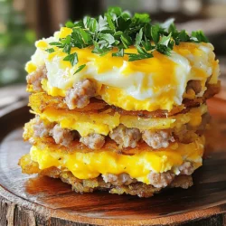 - 4 large russet potatoes, peeled and grated - 1 small onion, finely chopped - 1 cup shredded cheddar cheese - 1 cup cooked and crumbled turkey sausage - 1/4 teaspoon garlic powder - 1/4 teaspoon paprika - Salt and pepper, to taste - 2 large eggs - 2 tablespoons olive oil - Fresh parsley, chopped for garnish The main ingredients create the heart of the dish. Grated russet potatoes give hash browns a lovely texture. The finely chopped onion adds flavor and moisture. Shredded cheddar cheese brings a creamy richness. Cooked turkey sausage adds protein and taste. Spices and seasonings elevate these stacks. Garlic powder and paprika enhance the flavor profile. Salt and pepper balance each ingredient, bringing out their best. Two large eggs are key for the scramble. They add fluffy texture and protein. Olive oil ensures the hash browns cook evenly and don’t stick. Fresh parsley finishes the dish with color and freshness. Use these ingredients to create a hearty, satisfying breakfast. The combination of flavors and textures makes each bite a delight. Start by mixing the grated potatoes and chopped onion in a bowl. Add the garlic powder, paprika, and a pinch of salt and pepper. Stir until the mixture is well combined. This mix gives the hash browns great flavor. Be sure to season well. Taste a small amount to check. You can always adjust the spices to your liking. To cook the hash browns, heat one tablespoon of olive oil in a large non-stick skillet over medium heat. Add half of the potato mix to the skillet and press it down firmly. This pressing helps the hash browns become crispy. Cook for about 5-7 minutes until the bottom turns golden brown. Carefully flip the mix and cook until the other side is golden too. Repeat this for the rest of the mixture. Next, whisk the eggs in a separate bowl. You can use a fork for this. Add a pinch of salt and pepper while whisking. This helps season the eggs. Pour the egg mix into the same skillet, lowering the heat to medium-low. Let the eggs cook undisturbed for a minute. Then gently stir until the eggs are softly scrambled and just set. To make the stacks, start with one hash brown layer on a plate. Spoon some scrambled eggs on top, followed by crumbled turkey sausage. Add a sprinkle of shredded cheddar cheese. Repeat this layering for a second stack, finishing with another hash brown layer. Make sure each layer has even amounts for the best taste. If you want the cheese to melt nicely, place the stacks under the broiler for 1-2 minutes. Keep an eye on them so they don’t burn. The cheese should be bubbly and golden when done. Once done, take the stacks out of the oven. Garnish with fresh chopped parsley for a pop of color. Serve warm for a tasty breakfast treat. Enjoy your delicious creation with a side of fruit or a light salad for balance. To keep your hash browns crispy, avoid excess moisture. After grating the potatoes, squeeze them in a clean towel to remove water. This step is key for a crunchy texture. You can cook hash browns in two ways: in a skillet or oven. Skillet cooking gives a nice crust, while the oven can cook larger batches evenly. For oven cooking, bake at 425°F for 25-30 minutes, turning halfway through. You can swap ingredients based on your needs. For a dairy-free option, try using dairy-free cheese. For a meatless stack, use plant-based sausage or add more veggies like spinach or bell peppers. Spices can change the flavor. Add cayenne for heat or herbs like thyme for a fresh taste. Experimenting with spices can bring new life to your dish. To make your stacks look great, layer them carefully. Start with a hash brown base, then add eggs and sausage. Repeat this for height and visual appeal. Garnishing matters. Fresh parsley adds color and freshness. You can also sprinkle chives or add a dollop of sour cream for extra flair. These small touches can make your dish Instagram-ready! {{image_2}} If you want a vegetarian twist, swap the turkey sausage for plant-based sausage or sautéed mushrooms. These options bring rich flavors and textures to your stacks. You can also add diced bell peppers, spinach, or zucchini. These veggies add color and nutrition. They also enhance the taste of your breakfast. Cheddar is great, but feel free to experiment with other cheeses. Try gouda, pepper jack, or feta for a new flavor. Mixing cheeses can also create a unique taste. For example, combine mozzarella with cheddar for a creamy texture. Each cheese adds its character, making your stacks even more delicious. You can make sweet variations too! Try adding maple syrup, fruits, or yogurt. These options create a delightful contrast with the savory flavors. For savory stacks, consider toppings like avocado, salsa, or hot sauce. These toppings will enhance your meal and add exciting layers of flavor. To keep your Hash Brown Breakfast Stacks fresh, store them in the fridge. Use an airtight container to prevent moisture loss. This way, they stay tasty for up to three days. Make sure to let them cool before packing them away. This helps keep the texture just right. When it comes to reheating, you want to keep the crisp. The best method is to use an oven. Preheat it to 350°F (175°C). Place the stacks on a baking sheet for about 10-15 minutes. This warms them up without making them soggy. You can also use a skillet on medium heat for about 5 minutes per side. This method works well too! You can freeze these stacks for later use. If you want to freeze built stacks, wrap them tightly in plastic wrap. Then, place them in a freezer-safe bag. They can last up to three months. If you prefer freezing components like hash browns or eggs, do that separately. Thaw them in the fridge overnight before reheating. For best results, reheat in the oven or skillet as mentioned. Yes, you can make hash brown breakfast stacks ahead of time. Store them in an airtight container in the fridge for up to three days. To reheat, use the oven for best results. This keeps the hash browns crispy. You can also prepare the individual components ahead. Just cook the potatoes and sausages, and store them separately. Assemble them right before serving for the best flavor and texture. Russet potatoes are the best choice for hash browns. They have high starch content, which gives a crispy texture. Other types, like Yukon gold, can also work but may not be as crispy. They have a creamier texture. If you want a softer bite, try mixing different potatoes. This can add a unique flavor and texture to your dish. Yes, frozen hash browns are a great option. They save time and are easy to use. Make sure to thaw them and squeeze out excess moisture. This helps achieve crispiness when cooking. You can also cook them straight from frozen. Just increase the cooking time to ensure they are heated through. To make crispy hash browns, start by removing excess moisture. Grate the potatoes and rinse them under cold water. Then, dry them with a clean towel. Cook them in a hot skillet with enough oil. Press the mixture down firmly to create a uniform layer. Flip them carefully to achieve even cooking. Cooking them long enough on each side is key to getting that lovely golden brown color. You can serve hash brown breakfast stacks with various sides. Fresh fruit adds a nice contrast. Sliced avocado or a dollop of sour cream can also enhance flavors. For a bit of spice, try salsa or hot sauce. A side salad adds freshness too. Pairing with a warm beverage like coffee or tea completes the meal perfectly. You now have a clear guide to making delicious hash brown breakfast stacks. From selecting the right ingredients to perfecting your cooking techniques, every step matters. Customize your stacks to suit your taste, and don’t forget presentation. Leftovers are easy to store and reheat, making this dish perfect for meal prep. Enjoy experimenting with different flavors and variations, whether you prefer savory or sweet. With these tips, you can create satisfying meals that your whole family will love. Happy cooking!