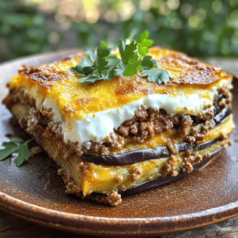 To make Healthy Eggplant Moussaka, you need fresh and simple ingredients. Here is what you'll need: - 2 medium eggplants, sliced into 1/4 inch rounds - 1 large onion, finely chopped - 2 cloves garlic, minced - 1 pound lean ground beef or turkey - 1 can (14 oz) diced tomatoes - 1 teaspoon dried oregano - 1 teaspoon ground cinnamon - Salt and pepper to taste - 1 cup Greek yogurt - 2 large eggs - 1/4 cup grated Parmesan cheese - 1 tablespoon olive oil - Fresh parsley for garnish Each ingredient plays a key role in creating a tasty dish. The eggplant gives a rich texture, while the meat offers protein. The spices add warmth and depth to the flavor. You can make some swaps to make this dish even healthier. For instance: - Use ground turkey instead of beef for lower fat. - Swap Greek yogurt with low-fat sour cream. - Try nutritional yeast instead of Parmesan for a dairy-free option. These changes keep the flavors but lower calories and fat. Healthy Eggplant Moussaka is not just delicious; it's also good for you. Each serving contains: - Approx. 290 calories - 20g protein - 15g fat - 25g carbohydrates This dish packs a nutritious punch with fiber from eggplant and protein from meat and yogurt. Enjoy this hearty meal while keeping your health in mind! First, you need to prepare the eggplant. Slice two medium eggplants into 1/4 inch rounds. Sprinkle salt on the slices. This helps draw out moisture and bitterness. Let them sit for about 30 minutes. After that, rinse the eggplant and pat it dry with paper towels. Next, finely chop one large onion and mince two garlic cloves. These will add great flavor to your dish. In a large skillet, heat one tablespoon of olive oil over medium heat. Once the oil is hot, add the chopped onion and minced garlic. Sauté until the onion is translucent. Then, add one pound of lean ground beef or turkey. Cook until it's browned. Make sure to drain any excess fat. Now stir in one can of diced tomatoes, one teaspoon of dried oregano, one teaspoon of ground cinnamon, salt, and pepper. Let this simmer for 10 to 15 minutes until the sauce thickens. While the meat sauce cooks, grill or bake the eggplant slices for about 10 minutes until they are slightly tender. In a bowl, whisk together one cup of Greek yogurt, two large eggs, and 1/4 cup of grated Parmesan cheese. This will be the topping for your moussaka. In a baking dish, layer half of the eggplant slices at the bottom. Spread half of the meat sauce over the eggplant. Repeat the layers. Finally, pour the yogurt mixture over the top layer of meat. Bake in your preheated oven at 375°F for 30 to 35 minutes. The topping should be set and lightly golden. Let it cool for 10 minutes before slicing. Garnish with fresh parsley for a lovely finish. To get the best taste from eggplant, salt is key. Start by slicing your eggplant into 1/4 inch rounds. Sprinkle salt on both sides of the slices. Let them sit for about 30 minutes. This draws out moisture and bitterness. After 30 minutes, rinse the slices and pat them dry. This step makes your moussaka taste great. There are simple ways to cut calories in this dish. Use lean ground turkey instead of beef. Greek yogurt is a healthy alternative to heavy cream, making it creamy without extra fat. Skip the cheese or use less Parmesan if you want to save even more calories. You can also grill or bake the eggplant slices instead of frying them. These swaps keep the dish light and tasty. Serving your moussaka nicely makes it more appealing. Slice the moussaka into squares and place them on plates. Add chopped fresh parsley on top for color. A small dollop of Greek yogurt beside the slice adds a creamy touch. This not only looks good but also adds flavor. Enjoy sharing this beautiful dish with friends and family! {{image_2}} You can easily make a vegetarian version of eggplant moussaka. Instead of meat, use lentils or mushrooms. These ingredients add protein and flavor. Cook the lentils until tender, then mix them with onions, garlic, and spices. Layer this mix with eggplant and yogurt for a hearty meal. For a vegan eggplant moussaka, swap Greek yogurt and eggs with plant-based alternatives. Use cashew cream or silken tofu blended with nutritional yeast. This will give you a creamy topping without using dairy. Also, ensure you use lentils or a meat substitute to keep it filling and nutritious. Cheese can change the taste of your moussaka. If you prefer, use feta or mozzarella instead of Parmesan. Feta adds a tangy flavor, while mozzarella gives a stretchy texture. You can even try a dairy-free cheese if you want to keep it vegan. Each cheese brings a unique twist to the dish. These variations allow you to enjoy eggplant moussaka in new ways. Feel free to experiment with flavors and ingredients that you love! After you enjoy your Healthy Eggplant Moussaka, let it cool. Place any leftovers in a tight container. You can store it in the fridge for up to 3 days. If you want to enjoy it later, storing it properly is key. Avoid letting it sit out too long to keep it safe. You can freeze moussaka for a longer time. Cut it into portions and wrap each piece in plastic wrap. Then, place the wrapped pieces in a freezer bag. It will stay good for about 2 to 3 months. When you are ready to eat, thaw it in the fridge overnight before reheating. To reheat your moussaka, preheat the oven to 350°F (175°C). Place the moussaka in an oven-safe dish. Cover it with foil to keep it moist. Heat for about 20-25 minutes or until it is warm throughout. You can also use the microwave. Heat it in short bursts, stirring in between, to ensure even warming. Enjoy your tasty leftovers! Yes, you can use ground turkey instead of beef. Turkey is leaner and has fewer calories. It still gives great flavor when cooked right. Just make sure to cook it until browned. The spices in the recipe will boost the taste. You may even find it even better! Your moussaka will stay fresh in the fridge for about 3 to 4 days. Let it cool completely before storing. Use an airtight container for best results. If you want, you can mark the date on the container. This way, you’ll remember when you made it. If you don't have Greek yogurt, try using sour cream as a substitute. It has a similar taste and texture. You can also use cottage cheese, but blend it for smoothness. Another option is dairy-free yogurt if you prefer a vegan choice. Each option will still give a creamy topping! This blog post gave you an easy guide for making healthy eggplant moussaka. We covered key ingredients, health swaps, and nutritional facts. You learned step-by-step how to cook the meat sauce and assemble the dish. Tips on preparing eggplant and lowering calories help make it better. We also shared ways to change the dish for vegetarian and vegan diets. Remember to store leftovers properly for later. With these insights, you can enjoy a delicious moussaka that fits your needs. Now, you’re ready to get cooking!