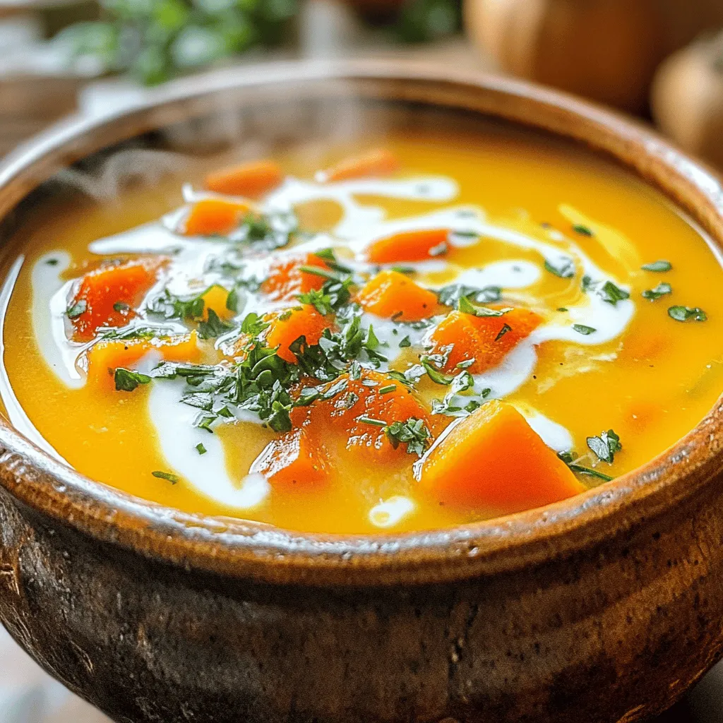 - 2 cups carrots, chopped - 2 cups butternut squash, peeled and cubed - 1 red bell pepper, chopped - 1 medium onion, chopped - 4 cloves garlic, peeled - 3 tablespoons olive oil - 4 cups vegetable broth - 1 teaspoon dried thyme - 1 teaspoon smoked paprika - Salt and pepper, to taste - ½ cup coconut milk (for creaminess) - Fresh herbs (like basil or parsley) for garnish This soup starts with fresh veggies. Carrots add sweetness. Butternut squash brings a creamy texture. Red bell pepper gives a nice color and flavor. Onion and garlic add a savory depth. Next, we add olive oil. It helps the veggies roast well and adds richness. Then, we pour in vegetable broth. This broth is key for a great base. Dried thyme and smoked paprika add layers of flavor. Salt and pepper are needed to enhance all the tastes. Lastly, coconut milk makes the soup creamy. Fresh herbs like basil or parsley will brighten up each bowl. Gather these ingredients, and you’ll be on your way to a warm, healthy dish. Each element works together to create a silky, delicious soup. 1. Preheat the Oven Start by setting your oven to 400°F (200°C). Preheating ensures even cooking. 2. Combine & Coat Vegetables In a large bowl, mix the chopped carrots, butternut squash, red bell pepper, onion, and garlic. Add 3 tablespoons of olive oil. Sprinkle in 1 teaspoon of dried thyme, 1 teaspoon of smoked paprika, salt, and pepper. Toss everything well until the veggies are coated. 3. Spread Vegetables on Baking Sheet Line a baking sheet with parchment paper. Spread the coated vegetables evenly on the sheet. This helps them roast nicely. 1. Roast Vegetables Place the baking sheet in the oven. Roast for 30-35 minutes. Stir halfway through to get an even roast. The veggies should be tender and slightly brown. 2. Transfer to Pot with Broth Once roasted, move the vegetables to a large pot. Pour in 4 cups of vegetable broth. This adds flavor and helps with blending. 3. Simmer Heat the pot over medium heat. Bring the mixture to a simmer. This allows the flavors to meld together perfectly. 1. Use of Immersion Blender For a smooth texture, use an immersion blender. Blend the soup right in the pot until it's silky and smooth. 2. Traditional Blender Method If you don’t have an immersion blender, pour the soup into a regular blender. Blend in batches until smooth, then return it to the pot. 1. Stir in Coconut Milk Add ½ cup of coconut milk to the blended soup. This gives it a creamy, rich flavor. 2. Adjust Seasoning Taste the soup and add more salt and pepper if needed. This step ensures the soup is just right for you. - Use Fresh Herbs: Fresh herbs like basil and parsley add a bright taste to the soup. I love adding them right before serving for a fresh kick. You can also mix in some thyme while cooking for a warm flavor. - Experiment with Spices: Don’t be afraid to try new spices. Add a pinch of cumin or coriander to create a unique twist. A dash of chili powder can bring some heat, too. - Importance of Roasting Time: Roasting the veggies brings out their natural sweetness. Make sure to roast them until they are tender and caramelized. This step is key for a rich and deep flavor. Aim for 30-35 minutes in a hot oven. - Blending Techniques: For a silky smooth soup, use an immersion blender. This tool makes it easy to blend right in the pot. If you use a regular blender, do it in small batches and be careful with the hot soup. - Garnishing Ideas: A drizzle of coconut milk on top adds creaminess and a fun swirl. Fresh herbs not only add taste but also make the soup look vibrant. - Serving Suggestions: Serve the soup in warm bowls. Pair it with crusty bread for dipping. This makes it a cozy meal for any time of the year. {{image_2}} Other Vegetables to Consider You can switch up the veggies in this soup. Try adding: - Sweet potatoes - Zucchini - Cauliflower - Leeks These will change the taste and keep it interesting. Dairy-Free Alternatives If you want a dairy-free option, use: - Almond milk - Cashew cream - Soy milk These keep the soup creamy without dairy. Adding Heat (Chili Peppers) For a spicy kick, add chili peppers. You can use: - Jalapeños - Serrano peppers - Red pepper flakes Start with a small amount and taste as you go. Incorporating Different Herbs Change the herbs to boost flavor. Some good choices are: - Rosemary - Oregano - Cilantro Each herb gives a unique taste to the soup. Fall Favorites In the fall, use seasonal veggies like: - Pumpkin - Parsnips - Apples These add warmth and sweetness to your soup. Spring Vegetable Options In spring, bright vegetables work well. Consider using: - Asparagus - Peas - Spinach These will add color and freshness to your dish. - Refrigeration Tips: Place the soup in an airtight container. This keeps it fresh. It can last up to four days in the fridge. Make sure it cools down before sealing. - Freezing Options: You can freeze this soup for up to three months. Use freezer-safe containers. Leave some space at the top to allow for expansion. Thaw it in the fridge overnight when you're ready to eat. - Best Practices for Reheating: The best way to reheat is on the stove. Pour the soup into a pot and warm over low heat. Stir often to avoid burning. - Maintaining Texture and Flavor: If the soup seems thick, add a splash of vegetable broth or water. This helps keep it silky. Adjust seasoning if needed, to enhance the flavor. - How Long Does it Last?: In the fridge, this soup lasts about four days. In the freezer, it stays good for three months. - Signs of Spoilage: If you see mold or a weird smell, it’s time to toss it. A change in color is also a sign. Always trust your senses when it comes to food safety. What vegetables can I add to this soup? You can add many veggies to this soup. Try sweet potatoes, zucchini, or even cauliflower. Each will add a new twist and flavor. Just chop them up and roast as usual. Can I make this soup in advance? Yes, you can make this soup ahead of time. Store it in the fridge for up to four days. Just reheat it before serving. Is Silky Roasted Vegetable Soup suitable for freeze? Definitely! This soup freezes well. Let it cool, then store it in a freezer-safe container. It will keep for about three months. Can I use a regular blender instead of an immersion blender? You can use a regular blender. Just be careful when blending hot soup. Blend in small batches to avoid spills. How do I know when the vegetables are done roasting? The veggies are done when they are tender and slightly caramelized. You should see some browning on the edges. Stir halfway through roasting for even cooking. How to make it gluten-free? This soup is naturally gluten-free. Just confirm that your vegetable broth is gluten-free. Most brands are safe, but check the label. Can I use chicken broth instead of vegetable broth? Yes, you can use chicken broth. It adds a deeper flavor to the soup. Just make sure to adjust the salt, as chicken broth can be saltier than vegetable broth. This blog post covered how to make Silky Roasted Vegetable Soup. We explored the main and additional ingredients that bring great flavor. You learned step-by-step instructions and tips for perfecting your soup. Variations and storage options help you adapt the recipe to your needs. Now, with this knowledge, you can create a delicious, comforting soup anytime. Enjoy the process and make it your own! Trust me, simple steps can lead to great meals.