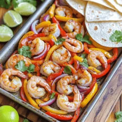 - 1 lb large shrimp, peeled and deveined For this dish, I recommend using large shrimp. They cook fast and stay juicy. Peel and devein them for a clean taste. The shrimp should be fresh for the best flavor. - 2 bell peppers (red and yellow), sliced - 1 small red onion, sliced - 4 cloves garlic, minced The bell peppers bring sweetness and color. Use red and yellow for a nice contrast. Slice them thin for even cooking. The red onion adds a mild taste. Garlic gives a rich, aromatic flavor that pairs well with shrimp. - 2 tablespoons olive oil - 1 tablespoon chili powder - 1 teaspoon cumin - 1 teaspoon smoked paprika - Salt and pepper to taste - Juice of 1 lime - Fresh cilantro, chopped (for garnish) Olive oil helps the shrimp and veggies cook well. Chili powder adds heat and depth. Cumin and smoked paprika give a warm, smoky taste. Don’t forget salt and pepper to enhance all the flavors. Lime juice brightens the dish. Fresh cilantro on top gives a fresh finish. Start by preheating your oven to 400°F (200°C). This step is key for cooking the shrimp and veggies just right. While the oven heats, grab a baking sheet. Line it with parchment paper. This makes cleanup a breeze and helps the fajitas cook evenly. In a large bowl, add 1 pound of peeled and deveined shrimp. Then, slice two bell peppers—one red and one yellow. Next, slice one small red onion. Toss these into the bowl. Now, mince four cloves of garlic and add them to the mix. Drizzle two tablespoons of olive oil over the shrimp and veggies. Sprinkle in one tablespoon of chili powder, one teaspoon of cumin, and one teaspoon of smoked paprika. Season with salt and pepper to taste. Squeeze the juice of half a lime into the bowl. Toss everything together until each piece is nicely coated. This step makes sure every bite is packed with flavor. Spread the shrimp and veggie mixture evenly on the lined baking sheet. Make sure they are in a single layer. This allows them to roast properly. Place the baking sheet in the oven and set a timer for 10 to 12 minutes. The shrimp should turn pink and cook through, while the veggies should become tender. When the timer goes off, carefully remove the baking sheet from the oven. Drizzle with more lime juice and toss gently. Serve the fajitas warm with corn or flour tortillas. Don’t forget to garnish with fresh chopped cilantro for that extra touch! When picking shrimp, look for a few key signs. Fresh shrimp should smell like the sea, not fishy. Their shells should be shiny and slightly moist. If possible, buy shrimp that are already peeled and deveined. This saves time and effort. Always check the date on the package. Fresh shrimp should have a bright color, often pink or gray. If you find them frozen, ensure they do not have ice crystals, which can mean they thawed and refroze. To get the best flavor from your bell peppers and onions, cut them into similar sizes. This helps them cook evenly. Spread them out on the baking sheet. Avoid overcrowding, as this can lead to steaming rather than roasting. Roasting at 400°F brings out their natural sweetness. You want the veggies to be tender but still crisp. Keep an eye on them while baking. They should be bright and vibrant in color when done. Boosting flavor is easy with a few tricks. First, always use fresh ingredients. Fresh garlic gives a strong taste compared to dried. Don’t skimp on the spices; they create depth. Add a pinch more chili powder for extra heat or smoked paprika for a smoky twist. After baking, drizzle extra lime juice over the dish. This adds brightness and balances the flavors. For an extra touch, sprinkle fresh cilantro on top before serving. {{image_2}} You can swap shrimp for chicken or beef. Both options bring their own flavors. If you choose chicken, use thin slices for quick cooking. For beef, flank steak works well. Cook it until just right for the best taste. You can also try plant-based proteins. Tofu or tempeh can be great options for a veggie twist. Feel free to mix up the veggies. Zucchini, mushrooms, or even broccoli can add color and texture. You can also try adding corn for sweetness. Use what you have in your fridge. Just remember to cut them evenly for even cooking. This way, all your vegetables cook just right. You can play with the spices to change the flavor. Add more chili powder for heat or cayenne for a kick. If you love smoky flavors, increase the smoked paprika. You can also try adding fresh herbs like oregano or thyme. Experimenting with spices makes every meal unique. Adjust the seasonings to suit your taste for the best experience. After enjoying your sheet-pan garlic shrimp fajitas, let the leftovers cool. Place them in an airtight container. This helps keep the shrimp and veggies fresh. Store them in the fridge. They stay good for up to three days. Make sure to keep the tortillas separate to avoid sogginess. To reheat your fajitas, use the microwave or stovetop. If using the microwave, place the leftovers on a plate. Heat for 1-2 minutes until warm. For the stovetop, put your fajitas in a pan over medium heat. Stir occasionally for about 5 minutes. This keeps the flavors alive and the shrimp tender. You can freeze the shrimp and vegetable mix if you want to store it longer. First, let it cool completely. Then, place it in a freezer-safe bag. Squeeze out as much air as possible before sealing. This helps prevent freezer burn. You can freeze it for up to three months. When ready to eat, thaw it overnight in the fridge before reheating. Yes, you can use frozen shrimp. Just make sure to thaw them first. Place the shrimp in a bowl of cold water for about 15-20 minutes. Once thawed, pat them dry with a paper towel. This step helps the shrimp cook evenly. Make sure they are peeled and deveined for best results. I prefer corn tortillas for their flavor and texture. They hold the shrimp and veggies well. Flour tortillas are also a good option if you like a softer bite. Warm the tortillas in a pan for a few seconds to enhance their taste. This adds a nice touch to your meal. To add heat, increase the chili powder. You could also add diced jalapeños to the mix before baking. For an extra kick, try adding cayenne pepper or hot sauce. Taste as you go to find the right level of spice that you enjoy. This article covered how to make tasty shrimp fajitas. We explored key ingredients like shrimp, vegetables, and spices. I provided clear steps to prep and bake your dish. You saw tips for fresh shrimp and how to cook veggies well. We discussed variations with different proteins and how to store leftovers. When you try these fajitas, enjoy the flavor and fun of cooking. Happy cooking!