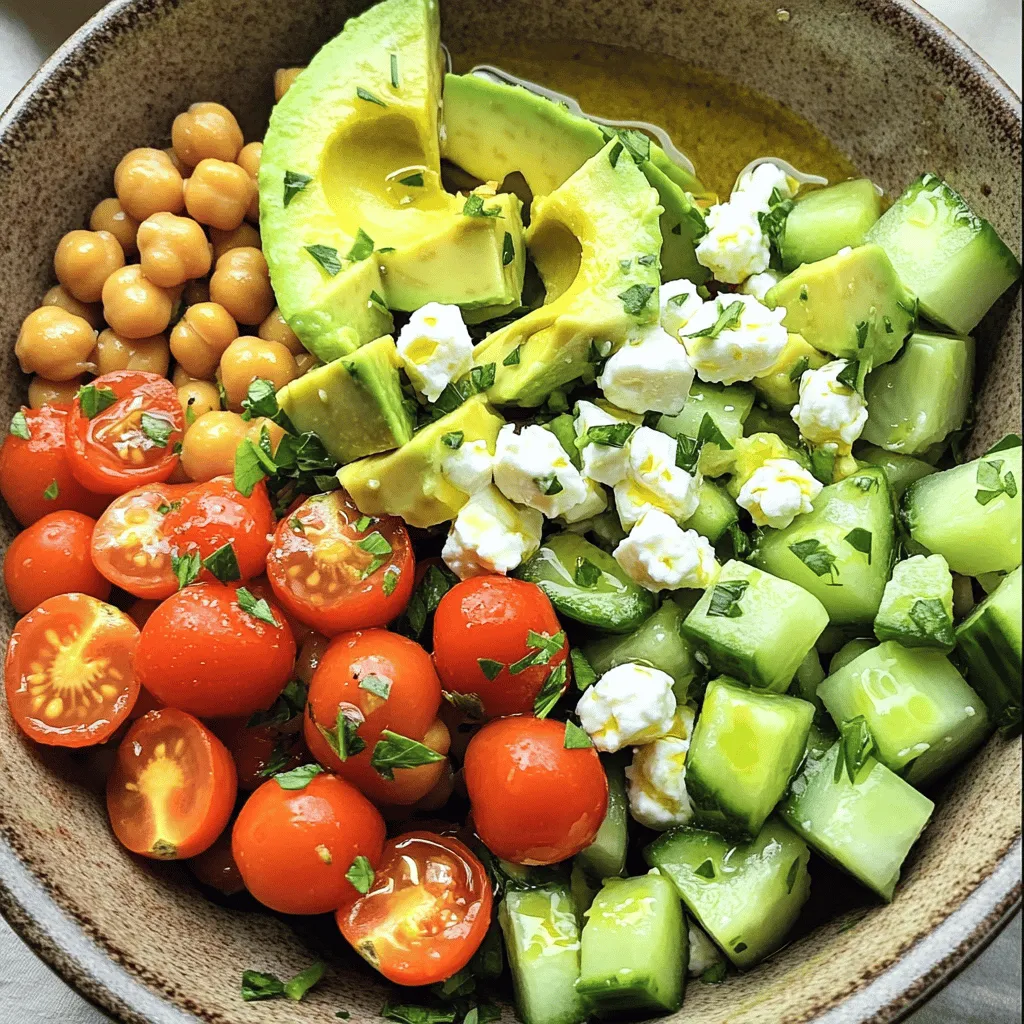 - 1 can (15 oz) chickpeas, rinsed and drained - 1 large ripe avocado, diced - 1 cup cherry tomatoes, halved - 1 cucumber, diced - ½ cup crumbled feta cheese - ¼ red onion, finely chopped - 2 tablespoons fresh parsley, chopped - 2 tablespoons extra virgin olive oil - 1 tablespoon lemon juice - Salt and pepper to taste Each ingredient plays a key role in this salad. The chickpeas add protein and a hearty texture. The creamy avocado brings richness. Cherry tomatoes provide a burst of sweetness. Cucumber adds crunch and freshness. Feta cheese gives that salty, tangy kick. The red onion adds a mild bite. Fresh parsley brightens the dish. Olive oil and lemon juice create a lovely dressing. You can add more depth to your salad. Consider these options: - Bell peppers for crunch and color. - Olives to bring in a briny flavor. - Quinoa for extra protein and fiber. - Nuts like walnuts for crunch. - Spinach or kale for a leafy boost. These add-ins make the salad more filling and fun. Mix and match based on what you have. Freshness makes a big difference in flavor. Here are some tips: - Choose firm avocados that yield slightly when pressed. - Look for bright, plump cherry tomatoes. - Pick cucumbers that are firm and smooth. - Select feta cheese that is creamy, not too dry. - Fresh herbs should be vibrant and fragrant. When you pick fresh ingredients, your salad will taste amazing. Always shop for the best to ensure great flavor and nutrition. To make this salad, gather your ingredients first. You will need one can of chickpeas, a large ripe avocado, cherry tomatoes, cucumber, feta cheese, red onion, parsley, olive oil, lemon juice, salt, and pepper. Start by rinsing the chickpeas under cold water. Drain them well. Next, dice the avocado and cucumber. Cut the cherry tomatoes in half. Finely chop the red onion. In a large mixing bowl, combine the chickpeas, avocado, tomatoes, cucumber, feta, and onion. This mix creates a colorful and fresh base. In a smaller bowl, whisk together olive oil, lemon juice, salt, and pepper. This dressing adds flavor. Drizzle it over your salad mixture. Gently toss everything together. Be careful not to mash the avocado. You want those beautiful chunks to stay intact. Finally, sprinkle the chopped parsley over the top and give it one last gentle toss. You can serve this salad right away. It tastes great fresh. If you have time, let it chill in the fridge for 15 to 30 minutes. This resting time lets the flavors mix well. Serve it as a light lunch, a side dish, or a picnic treat. Enjoy the fresh taste! Handling avocados can be tricky. To avoid bruising, use a gentle touch. Here are some tips: - Choose ripe avocados. They should feel slightly soft when you press them. - Cut the avocado in half lengthwise. Twist the halves to separate them. - Remove the pit with a spoon or carefully with a knife. - Use a spoon to scoop out the flesh gently. This helps keep it intact. - If you have leftover avocado, sprinkle lemon juice on it to prevent browning. To make your salad pop with flavor, try these tips: - Use fresh herbs like parsley for a bright taste. - Add a pinch of salt to enhance the flavors of other ingredients. - Experiment with different oils. A drizzle of infused olive oil adds a nice touch. - Consider adding a dash of vinegar for a bit of tang. - Mix in some spices like cumin or paprika for warmth. A well-presented dish makes eating more fun! Here are some ideas: - Serve the salad in a large bowl for a family-style meal. - Use clear bowls to show off the colors of the ingredients. - Garnish with extra parsley on top for a fresh look. - Add lemon wedges on the side for extra zest. - Arrange the salad on a platter for a vibrant display. With these tips, your Chickpea Feta Avocado Salad will not only taste great but also look amazing! {{image_2}} For a heartier salad, add protein. Grilled chicken or shrimp works well. You can use canned tuna or even boiled eggs for richness. These additions boost the salad's flavor and make it more filling. If you want a vegan option, skip the feta cheese. You can add marinated tofu or a sprinkle of nutritional yeast for a cheesy flavor. These swaps keep the dish tasty and satisfying. Change the ingredients based on the season. In summer, add fresh corn or bell peppers. In fall, try roasted sweet potatoes or butternut squash. These swaps keep your salad fresh and exciting throughout the year. To store your leftover Chickpea Feta Avocado Salad, place it in an airtight container. Make sure to cover it tightly. This keeps air out and helps maintain freshness. If you have extra dressing, store it in a separate container to avoid sogginess. I recommend using glass containers for storage. They are durable and do not stain. They also keep your food fresh. If you prefer plastic, choose BPA-free containers. These are safe and easy to use. Your salad can last 2 to 3 days in the fridge. Keep an eye on the avocado; it can brown quickly. To slow this down, add a little extra lemon juice. This will help keep it fresh and vibrant. Always check the smell and color before eating leftovers. If anything looks off, it’s best to toss it. Chickpeas are a great source of protein and fiber. They help you feel full longer. They also support digestion and heart health. Chickpeas contain vitamins like B6 and folate. These nutrients can help boost your mood and energy. Plus, they are low in fat, which makes them a healthy choice. Yes, you can make this salad ahead of time. Prepare the salad and keep it in the fridge. It tastes even better after chilling for 15-30 minutes. However, if you want to keep the avocado fresh, add it just before serving. This keeps the salad looking bright and tasty. Yes, this salad is gluten-free. All the ingredients, like chickpeas, avocado, and feta, do not contain gluten. It’s a perfect dish for those who avoid gluten in their diet. Enjoy this fresh and flavorful salad without worry! In this blog post, we explored how to make a delicious chickpea feta avocado salad. We discussed key ingredients and optional add-ins to enhance flavor. You learned simple steps for preparation and mixing, along with serving tips. We shared best practices for handling avocados and ways to present your dish. Variations showed how to customize the salad with proteins or seasonal ingredients. Lastly, we covered storage tips to keep leftovers fresh. Enjoy your salad knowing it's tasty, healthy, and perfect for any occasion.
