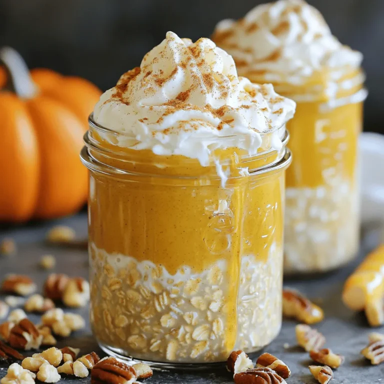 To make these delightful oats, you need: - 1 cup rolled oats - 1 cup almond milk (or any milk of choice) - 1/2 cup canned pumpkin puree These ingredients form the base of your overnight oats. The oats soak up the liquid overnight. They become soft and ready for a tasty breakfast. Adding flavor is key. Use these: - 1 tablespoon maple syrup (adjust to taste) - 1 teaspoon vanilla extract - 1 teaspoon pumpkin pie spice (plus extra for garnish) Maple syrup gives a sweet touch. Vanilla adds depth while pumpkin pie spice brings warmth. Adjust the syrup to fit your taste. For that cozy taste, include: - 1/2 teaspoon cinnamon - A pinch of salt - Optional toppings: whipped cream, chopped nuts, chocolate chips Cinnamon adds warmth, and a pinch of salt enhances all the flavors. Toppings like whipped cream or nuts can make your oats extra special. Try adding chocolate chips for a sweet crunch. First, take a medium bowl. Combine 1 cup of rolled oats and 1 cup of almond milk. Then, add in 1/2 cup of canned pumpkin puree. Next, mix in 1 tablespoon of maple syrup, 1 teaspoon of vanilla extract, and 1 teaspoon of pumpkin pie spice. Don’t forget to add 1/2 teaspoon of cinnamon and a pinch of salt. Stir everything well. Make sure the oats are fully coated with the mixture. Now, divide the oat mixture into two jars or containers. This makes it easy for storage. Seal the containers with lids and place them in the refrigerator. Let them sit overnight. This allows the oats to soak and absorb all the great flavors. In the morning, take out the jars. Give the oats a good stir. If they seem too thick, add a bit more almond milk to get your desired consistency. You can serve them in bowls or keep them in jars for a quick breakfast. For extra flavor, top with whipped cream, a sprinkle of pumpkin pie spice, chopped nuts, or chocolate chips. Enjoy your tasty pumpkin spice latte overnight oats! To get the right texture for your oats, adjust the liquid ingredients as needed. If you want thicker oats, use less almond milk. If they seem too thick, add a little more milk. Stir well for an even texture. This ensures that every bite is creamy and tasty. You can change the flavor of your oats easily. If you don't like almond milk, try oat milk, soy milk, or coconut milk. These alternatives can add a different twist. You can also infuse extra spices or extracts. A dash of nutmeg or a splash of coffee can enhance the pumpkin spice flavor. Make your oats look fun and inviting. Use jars or clear bowls for serving. This lets the beautiful layers show. You can also add toppings for a great look. Whipped cream, a sprinkle of pumpkin pie spice, chopped nuts, or chocolate chips can make your dish pop. A little creativity goes a long way in making your breakfast appealing. {{image_2}} For a dairy-free or vegan version of pumpkin spice latte overnight oats, you can use any plant-based milk. Almond milk is a great choice, but you can also try: - Coconut milk - Soy milk - Oat milk These milks add different flavors and textures. Choose one that you like best. When it comes to sweeteners, maple syrup works well. If you want something else, try: - Agave nectar - Coconut sugar - Stevia Adjust the amount to fit your taste. Want to make your oats more filling? Adding protein is a smart choice. You can: - Mix in a scoop of protein powder. - Use Greek yogurt instead of milk for creaminess. In addition, nuts and seeds can add protein and crunch. Some good options are: - Chopped almonds - Walnuts - Chia seeds Just sprinkle them on top or mix them in. You can change the flavor for different seasons. In winter, try adding: - Fresh nutmeg for a warm taste. - A splash of peppermint extract for a holiday feel. For festive occasions, consider these ideas: - Top with crushed candy canes. - Use festive sprinkles or colored nuts. These small changes make your oats fun and seasonal! To store pumpkin spice latte overnight oats, I recommend using glass jars. They are safe and keep the oats fresh. Make sure to use containers with tight lids. This keeps air out and prevents spoilage. Keep your jars in the fridge. The cool temperature helps the oats stay fresh. You can store pumpkin spice latte overnight oats for up to 4 days. After this time, the oats may lose their taste and texture. Watch for signs of spoilage. If you see any mold or an off smell, it’s best to throw them away. Always check before eating. You can enjoy these oats cold or warm. If you prefer them warm, just heat them in the microwave. Use a microwave-safe bowl and cover it. Heat in short bursts of 30 seconds, stirring in between. This way, they warm evenly. If you like them cold, they are ready to eat straight from the fridge! Yes, you can use steel-cut oats, but they will change the texture. Steel-cut oats take longer to soak and will be chewier. Rolled oats are softer and soak up liquid better. If you want a creamier dish, stick with rolled oats. For a heartier bite, go for steel-cut oats. Just remember, you might need to adjust the soaking time. Overnight oats last about 3 to 5 days in the fridge. Make sure to store them in tight containers. Always check for any off smells or changes in texture before eating. If they smell sour or look strange, it’s best to toss them out. Fresh oats are always best for taste and safety. Absolutely! Making these oats ahead of time is smart. You can prepare them on Sunday for easy breakfasts all week. Just divide the mixture into jars and store them in the fridge. This makes mornings less hectic. Remember to stir them each time you grab one. You can also add extra toppings right before eating. Toppings can make your oats even better. Here are some ideas: - Whipped cream for a sweet touch - Chopped nuts for crunch - Chocolate chips for a treat - Extra pumpkin pie spice for more flavor These toppings add fun textures and tastes. You can mix and match based on your mood! Pumpkin spice latte overnight oats combine simple ingredients for a tasty treat. You choose rolled oats, milk, and pumpkin for a delightful base. Flavor enhancers like maple syrup and spices elevate the dish. Customize your oats with toppings for fun twists. Storing them in the fridge makes breakfast easy. Enjoy these oats for breakfast or as a snack. They are flexible, so explore your favorite flavors and toppings. You'll love the comfort of a warm pumpkin spice drink, made simple and nutritious!