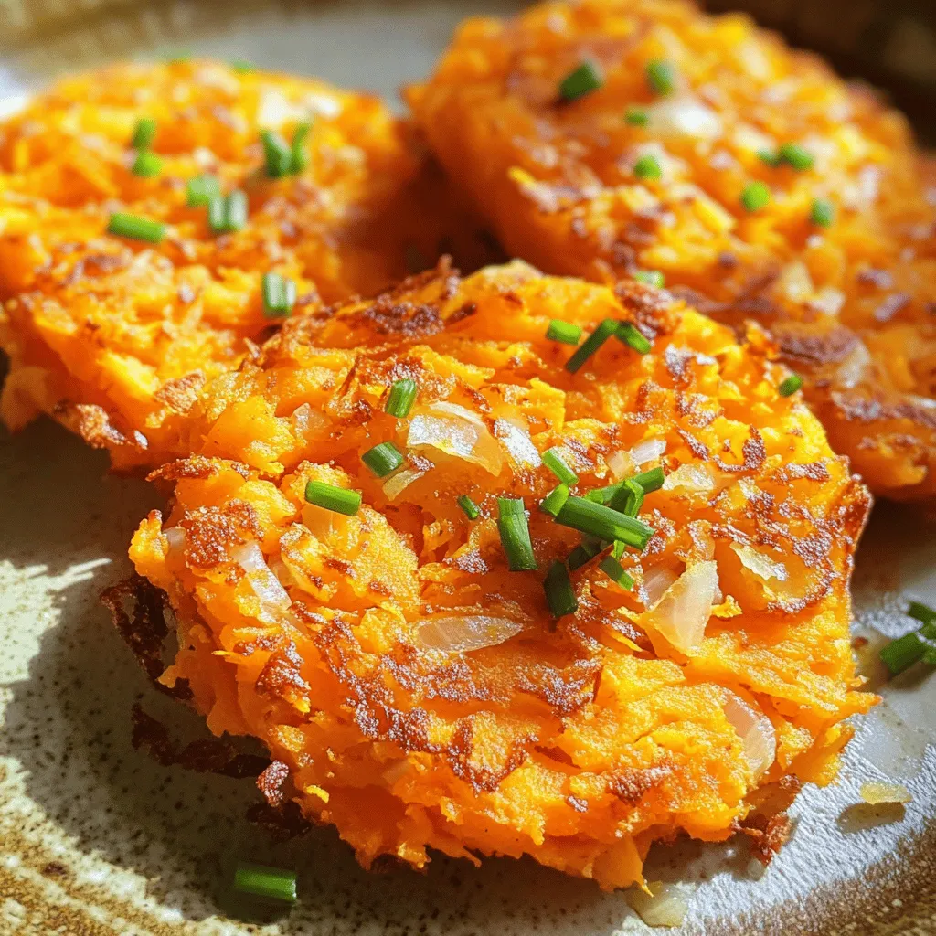 To make crispy sweet potato hash browns, gather these ingredients: - 2 medium sweet potatoes, peeled and grated - 1 small onion, finely chopped - 2 cloves garlic, minced - 1 large egg, beaten - 1/4 cup all-purpose flour (or gluten-free flour) - 1 teaspoon smoked paprika - 1/2 teaspoon salt - 1/4 teaspoon black pepper - 2 tablespoons olive oil (for frying) - Fresh chives or parsley, chopped (for garnish) These ingredients bring together a sweet and savory flavor that makes the hash browns shine. If you need alternatives, here are some options: - Sweet Potatoes: You can use regular potatoes if you prefer. - Flour: Gluten-free flour works well. You can also try cornstarch for a lighter texture. - Egg: A flax egg can replace the egg for a vegan option. Mix 1 tablespoon of ground flaxseed with 2.5 tablespoons of water and let it sit for 5 minutes. - Olive Oil: Use avocado oil or coconut oil for frying if you want a different taste. These swaps keep the dish tasty while fitting your needs. When shopping, look for: - Sweet Potatoes: Choose firm sweet potatoes with smooth skin. Avoid any with soft spots or blemishes. - Onion: Pick onions that feel heavy for their size. They should have dry, papery skin. - Garlic: Select garlic bulbs that are firm and have no sprouts. Fresh garlic has a strong aroma. - Herbs: If using fresh herbs, choose bright green leaves without wilting or brown spots. Fresh ingredients make a big difference in flavor and texture, so choose wisely! Start by peeling the sweet potatoes. Use a box grater or a food processor to grate them. Grating makes them cook faster and helps make them crispy. Once grated, place the sweet potatoes in a clean kitchen towel. Squeeze out the extra moisture. This step is key for crispiness. If they are too wet, your hash browns will be soggy. In a large mixing bowl, combine the grated sweet potatoes with finely chopped onion, minced garlic, and a beaten egg. Add in the flour, smoked paprika, salt, and black pepper. Mix everything well with a spoon. You want a thick mixture that holds together. Once mixed, scoop about 1/4 cup of the mixture and form it into a patty. Make it flat but not too thin. This will help it cook evenly. Heat 1 tablespoon of olive oil in a large skillet over medium heat. Once hot, add the sweet potato patty to the skillet. Cook it for 4-5 minutes until it's golden brown and crispy. Flip it carefully. If you need more oil, add another tablespoon. Cook the other side for another 4-5 minutes. When done, place the hash brown on a paper towel-lined plate to soak up excess oil. Repeat with the rest of the mixture. Serve them hot, garnished with fresh chives or parsley. Enjoy your crispy sweet potato hash browns! To get the best crispiness, start by squeezing out moisture from the grated sweet potatoes. Use a clean kitchen towel for this. The drier the potatoes, the crunchier your hash browns will be. Also, keep the heat at medium. Too high can burn them. Too low can make them soggy. You will need a few key tools for this recipe: - Box grater or food processor - Large skillet - Spatula - Paper towels Using these tools makes the process smooth and fun. A good skillet helps with even cooking and crisping. These hash browns pair well with many dishes. Try serving them with eggs for breakfast. They also go great with avocado and salsa for a fresh twist. You can garnish with fresh chives or parsley for color and taste. Don’t forget to share your creations! {{image_2}} You can make your crispy sweet potato hash browns even better! Add other veggies like bell peppers, spinach, or zucchini. Just chop them small and mix them in. If you want protein, add cooked bacon, sausage, or even black beans. This boosts flavor and makes your meal heartier. For extra flavor, use different herbs and spices. Try fresh herbs like thyme or cilantro. You can also add spices like cumin or chili powder for a kick. A sprinkle of garlic powder or onion powder adds depth. Mix and match to find your favorite taste. Toppings can take your hash browns to the next level. Try dolloping sour cream or Greek yogurt on top. A drizzle of hot sauce adds heat. You can also sprinkle cheese for creaminess. Fresh herbs like chives or parsley give a fresh touch. Let your creativity shine with these topping ideas! To store leftover hash browns, let them cool first. Place them in an airtight container. You can keep them in the fridge for up to 3 days. If you want to keep them longer, freezing is a great option. To reheat your hash browns, use a skillet for the best texture. Heat a little olive oil over medium heat. Add the hash browns and cook until they are hot and crispy again. This method keeps them from getting soggy. You can also use an oven. Preheat it to 375°F (190°C). Spread the hash browns on a baking sheet and heat for about 10-15 minutes. Freezing hash browns is simple. First, let them cool completely. Then, place them in a single layer on a baking sheet and freeze for 1-2 hours. Once frozen, transfer them to a freezer bag. Remove as much air as you can to prevent freezer burn. You can keep them in the freezer for up to 3 months. When ready to eat, cook them directly from frozen in a skillet or oven for best results. To make your hash browns crispy, start with dry sweet potatoes. After grating them, squeeze out all the moisture using a clean towel. Moisture leads to soggy hash browns. Use enough oil in the skillet. Cook them on medium-high heat for the best texture. Avoid overcrowding the pan; this can lower the heat and make them steam instead of fry. Flip them only once to form a nice crust. Yes, you can make sweet potato hash browns in advance. Prepare the mixture and shape it into patties. Store them in the fridge for up to 24 hours. When ready to cook, heat your skillet and fry them straight from the fridge. This saves time and gives you a quick, tasty meal. One common mistake is not removing enough moisture. Always squeeze the grated sweet potatoes well. Another mistake is using too little oil. Oil helps achieve that golden-brown crust. Avoid cooking on low heat; this will result in soft, mushy hash browns. Lastly, don’t flip them too often; let them cook properly on each side before turning. This article covered how to create delicious sweet potato hash browns. You learned about the key ingredients and how to select fresh ones. I shared tips for mixing, forming, and cooking for crispiness. We also explored variations, storage methods, and reheating techniques. Keen to try these tips? Enjoy the tasty and healthy options with your next meal!