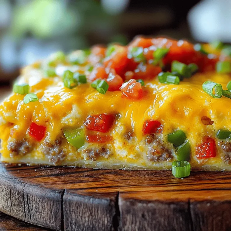 - 1 pound breakfast sausage (mild or spicy) - 6 large eggs - 2 cups milk (whole or 2% recommended) - 4 cups cubed bread (day-old or toasted) - 1 teaspoon salt - ½ teaspoon black pepper - 1 teaspoon garlic powder - 1 teaspoon onion powder - 1 cup diced bell peppers (red and green for color) - 2 cups shredded sharp cheddar cheese - ½ cup chopped green onions - ½ cup salsa (optional, for serving) The key to this cheesy sausage breakfast casserole lies in the ingredients. You start with breakfast sausage, which adds a savory and hearty base. You can choose mild or spicy sausage, depending on your taste. The eggs and milk create a rich, custardy texture that binds everything together. Next, the cubed bread soaks up all the flavors. For best results, use day-old or toasted bread. It holds up better when mixed with wet ingredients. Fresh bread can turn mushy. Seasoning is crucial. Salt and black pepper bring out the flavors. Garlic and onion powder add savory depth. Diced bell peppers not only add color but also a bit of crunch. Finally, we can’t forget the cheese. Sharp cheddar gives a nice tang and melts beautifully. You can also add fresh toppings like green onions or salsa for a burst of flavor. This combination of ingredients makes for a delicious and satisfying breakfast dish that you will want to share with friends and family. Start by heating a large skillet over medium heat. Add your breakfast sausage. Cook until the sausage is browned, about 5 to 7 minutes. Use a wooden spoon to break it into small pieces as it cooks. This step is key. You want even bits for great flavor and texture. Once it’s done, drain any extra fat. Set the sausage aside in a bowl. In a large mixing bowl, crack 6 large eggs. Add 2 cups of milk. Use a whisk to mix well. Make sure there are no egg streaks left. Then, add 1 teaspoon of salt, ½ teaspoon of black pepper, 1 teaspoon of garlic powder, and 1 teaspoon of onion powder. This seasoning blend is important. It gives the casserole a tasty kick. Whisk until everything is blended smoothly. Now, it’s time to put it all together! Add 4 cups of cubed bread to the egg mixture. Then, mix in the cooked sausage and 1 cup of diced bell peppers. Add only half of the 2 cups of shredded sharp cheddar cheese. Gently fold all the ingredients together. Make sure the bread gets coated. This way, every bite is full of flavor. Preheat your oven to 350°F (175°C). Grease a 9x13-inch baking dish with cooking spray or butter. Pour the mixture into the dish, spreading it out evenly. Top with the rest of the cheese and sprinkle ½ cup of chopped green onions on top. Bake for 35 to 40 minutes. You'll know it’s done when the middle is set and the top is golden and bubbly. To make your casserole pop, add spices like paprika or cayenne. These spices bring warmth and depth to the dish. You can also swap cheeses for a twist. Try mozzarella for a milder taste or pepper jack for some heat. Each cheese brings a new flavor. For a fluffy casserole, use stale bread. Day-old bread absorbs the egg mixture better. If you want a denser dish, fresh bread works well. The type of bread matters too. A crusty, hearty bread gives great texture while soft bread may become mushy. When serving, slice the casserole into squares. Place them on a large platter for family gatherings. Drizzle with salsa for a splash of color. Garnish with chopped cilantro or extra green onions. These touches make your dish look as good as it tastes. {{image_2}} You can make this casserole vegetarian. Just swap the sausage for plant-based sausage. These alternatives taste great and add nice flavor. You can also use extra protein sources. Tofu or beans work well to keep it filling. Just crumble the tofu and mix it with the other ingredients. For a gluten-free version, choose the right bread. Look for gluten-free bread at the store. You can also make your own if you want. Be sure all other ingredients are gluten-free. Check labels on cheese, spices, and sauces to avoid gluten. Add exciting flavors to your casserole. Try spicy jalapenos for heat. You can also use Italian herbs like oregano or basil. These make the dish pop. Family favorites can also mix in well. Consider adding spinach or mushrooms for extra taste and texture. You can keep the casserole in the fridge for 3 to 4 days. To maintain freshness, seal it well. Use an airtight container or cover it tightly with plastic wrap. This helps keep moisture in and odors out. For freezing leftovers, let the casserole cool completely. Cut it into single servings for easy use. Wrap each piece in plastic wrap, then place them in a freezer bag. This keeps them fresh for up to 3 months. When you're ready to eat, thaw it in the fridge overnight. Reheat in the oven at 350°F until warm. To reheat without drying out, cover the casserole with foil. Heat in the oven until warm and bubbly. You can also use the microwave; just add a splash of milk to keep it moist. If you want to get creative, add toppings like salsa or avocado. You can also use leftovers in a breakfast burrito or on toast for a fun twist! Yes, you can prepare the casserole the night before. This saves time in the morning. To do this, follow these steps: - Cook the sausage and let it cool. - Mix the eggs, milk, and seasonings as usual. - Combine the bread, sausage, and veggies in a bowl. - Pour the egg mixture over the top and stir gently. - Cover the dish with plastic wrap and store it in the fridge overnight. In the morning, preheat the oven to 350°F (175°C). Bake the casserole for 40-45 minutes. Check if it is set in the middle and golden on top. The best bread for this casserole is day-old or toasted bread. Here are some great options: - White bread - Whole wheat bread - French bread - Sourdough bread These types soak up the egg mixture well. They also give a nice texture to the dish. To adjust the serving size, you can scale the recipe up or down easily. Here’s how: - To serve more people, double the ingredients. Use a larger baking dish if needed. - For fewer servings, cut the ingredients in half. A smaller dish works best. Make sure to keep the baking time similar. Check for doneness by looking for a set middle. Yes, you can use other meats in this casserole. Here are some tasty alternatives: - Bacon: Cooked and crumbled for a smoky flavor. - Ham: Diced ham can add a nice touch. - Turkey sausage: A leaner option for a healthier twist. Feel free to mix and match your favorite meats. This gives you more ways to enjoy the dish! This casserole combines hearty sausage, eggs, and spices in a simple way. You can customize it with different breads, cheeses, and add-ins. Remember, the key to a great dish lies in the balance of flavors and textures. You can also explore vegetarian and gluten-free options, ensuring everyone can enjoy it. Whether for brunch or dinner, serve it with fresh herbs or toppings for a festive touch. Try it out, and make it your own!