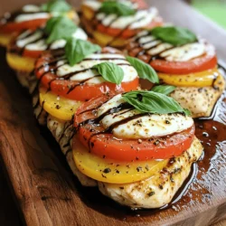 - 4 boneless, skinless chicken breasts - 2 cups fresh mozzarella cheese, sliced - 2 large tomatoes, sliced - 1 cup fresh basil leaves - 3 tablespoons olive oil - Salt and pepper to taste - 1/2 cup balsamic vinegar - 1 tablespoon honey - 1 teaspoon garlic powder - Additional herbs (e.g., oregano, thyme) - Vegetables for added nutrition (e.g., spinach, bell peppers) To create a Caprese Chicken Bake, you need simple yet fresh ingredients. Start with chicken breasts as the base. They cook well and stay juicy. Add fresh mozzarella cheese for creaminess. Use ripe tomatoes for sweetness, and fresh basil for that classic Caprese flavor. Olive oil helps with cooking and adds richness. Don't forget salt and pepper to enhance the taste. For the sweet and tangy balsamic drizzle, balsamic vinegar and honey work perfectly. For an extra kick, consider adding herbs like oregano or thyme. You can also sneak in more veggies, like spinach or bell peppers, for extra nutrition. This dish is not just easy but also packed with flavor. Each ingredient plays a key role in making it a delicious meal. 1. First, preheat the oven to 375°F (190°C). This helps cook the chicken evenly. 2. Drizzle 1 tablespoon of olive oil in a baking dish. Place the chicken breasts in a single layer. 3. Season the chicken with salt, pepper, and garlic powder. This adds great flavor. 1. Next, layer the tomato slices evenly over the chicken. The tomatoes add moisture and taste. 2. Add the fresh basil leaves on top of the tomatoes. Basil gives a fresh, herbal taste. 3. Place slices of mozzarella cheese on top. Make sure to cover the chicken well. The cheese will melt beautifully. 1. Drizzle another tablespoon of olive oil over the dish. This enhances the flavor. 2. Bake in the oven for 25-30 minutes. Check that the chicken is cooked through. The cheese should be bubbly and golden. 3. While the chicken bakes, prepare the balsamic drizzle. Combine balsamic vinegar and honey in a small saucepan. Heat over medium. 4. Simmer for about 5-7 minutes, until it thickens slightly. Remove from heat and cool it a bit. 5. Once the chicken is done, drizzle the balsamic reduction over the top. Now, it’s ready to serve! - To keep chicken juicy, don’t overbake it. Bake for 25-30 minutes. Check the thickest part with a meat thermometer. It should read 165°F (74°C) for safe eating. - Use fresh mozzarella for the best flavor. It melts beautifully and gives a creamy texture. Look for mozzarella packed in water for extra freshness. - For a stunning presentation, serve the Caprese chicken on a large platter. Drizzle balsamic reduction over the top. Garnish with fresh basil leaves for color. - Pair this dish with garlic bread or a fresh green salad. These sides enhance the flavors and complete your meal. - Avoid overbaking the chicken. This can lead to dryness. Keep an eye on cooking time to ensure a juicy outcome. - Don’t skimp on seasoning. Using enough salt and pepper elevates the dish. Taste as you go to find the right balance. {{image_2}} Making it dairy-free To make this dish dairy-free, swap the mozzarella for a dairy-free cheese. You can also use cashew cream for a creamy texture. This keeps the dish rich and tasty without the dairy. Low-carb options For a low-carb meal, skip the cheese and use zucchini slices instead of tomatoes. You can also serve the chicken atop a bed of fresh spinach or arugula, keeping it light and healthy. Adding spices or different cheeses You can spice things up by adding red pepper flakes or Italian seasoning. Try different cheeses like goat cheese or feta for a unique taste. Each cheese brings its flavor and creaminess to the dish. Incorporating other vegetables Feel free to add more veggies! Bell peppers, spinach, or asparagus work well. Layer these with the tomatoes for added color and nutrition. This can make your meal even more satisfying. How to store leftovers Store leftovers in an airtight container. Keep them in the fridge for up to four days. Make sure the chicken is cool before sealing to avoid steam buildup. Freezing tips You can freeze the baked chicken for up to three months. Wrap the dish tightly in plastic wrap or foil. Thaw it in the fridge overnight before reheating for best results. To keep your Caprese Chicken Bake fresh, store it properly. First, let it cool down. Then, place it in an airtight container. This helps keep the moisture inside. You can also wrap it tightly with plastic wrap. Store the leftovers in the fridge. They will stay good for about three to four days. If you want to keep it longer, consider freezing it instead. When you reheat the chicken, you want it to stay juicy. Preheat your oven to 350°F (175°C). Place the chicken in a baking dish. Add a splash of olive oil to keep it moist. Cover the dish with foil to trap steam. Reheat for about 15-20 minutes. Check that the chicken reaches a safe temperature of 165°F (74°C). Understanding how long your leftovers last is key. In the fridge, the Caprese Chicken Bake lasts about three to four days. If you freeze it, it can last up to three months. Just remember to label the container with the date. This way, you won’t forget how long it’s been stored. Always check for any signs of spoilage before eating. Caprese Chicken Bake is a simple and tasty dish. It combines chicken breasts with fresh mozzarella, juicy tomatoes, and basil. This dish has Italian roots. It highlights classic Caprese flavors in a baked form. You layer the chicken with tomatoes and cheese, then bake it until bubbly. The balsamic drizzle adds a sweet touch. It's perfect for a family dinner or a special occasion. Yes, you can use chicken thighs! Thighs are juicier than breasts, making them a great choice. They also cook well with the flavors in this dish. If you use thighs, adjust the cooking time. They may need a few more minutes to cook through. Just ensure the internal temperature reaches 165°F (75°C). This way, you’ll have tender, flavorful meat. Making a balsamic glaze is easy! Here’s how: 1. In a small saucepan, combine 1/2 cup of balsamic vinegar and 1 tablespoon of honey. 2. Heat over medium heat. 3. Let it simmer for 5-7 minutes. Stir occasionally. 4. Remove it from the heat when it thickens slightly. 5. Allow it to cool before using. This glaze adds a wonderful flavor to your Caprese Chicken Bake. It’s sweet, tangy, and perfect for drizzling! In this blog post, we explored the tasty Caprese Chicken Bake. We looked at key ingredients like chicken, mozzarella, and fresh herbs. I shared easy steps to prepare, bake, and serve this dish. You learned about tips to keep chicken juicy and avoid common mistakes. In closing, this dish is simple yet delicious. It’s great for any meal. Feel free to customize with your favorite flavors and ingredients. Enjoy cooking and sharing this classic recipe!