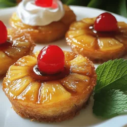 - 1 cup all-purpose flour - 1/2 cup granulated sugar - 1/2 teaspoon baking powder - 1/4 teaspoon baking soda - 1/4 teaspoon salt - 1/2 cup unsalted butter, melted - 1 large egg - 1/4 cup milk - 1/2 teaspoon vanilla extract - 1 can (8 oz) pineapple slices, drained (reserve juice) - 1/4 cup brown sugar - Maraschino cherries for garnish For those who need alternatives, you can swap all-purpose flour with almond or oat flour. Granulated sugar can be replaced with coconut sugar or a sugar substitute like stevia. If you want a dairy-free option, use almond milk or oat milk instead of regular milk. These swaps make the recipe more flexible and still tasty! - Preheat your oven to 350°F (175°C). - Grease a 12-cup muffin tin with non-stick spray or butter. - In a large bowl, whisk together: - 1 cup all-purpose flour - 1/2 cup granulated sugar - 1/2 teaspoon baking powder - 1/4 teaspoon baking soda - 1/4 teaspoon salt - In another bowl, mix: - 1/2 cup melted unsalted butter - 1 large egg - 1/4 cup milk - 1/2 teaspoon vanilla extract - Stir the wet mixture into the dry mix until just combined. - Spoon about 1 teaspoon of brown sugar into each muffin cup. - Place a pineapple slice on top of the brown sugar. - Add a maraschino cherry in the center of each pineapple slice. - Carefully fill each cup with batter, about 3/4 full. - Bake for 20-25 minutes. Check with a toothpick; it should come out clean. - After baking, allow the cakes to cool in the pan for 5 minutes. - Run a knife around the edges to loosen each cake. - Invert the cakes onto a serving plate. - Let them cool for a few more minutes. - For a lovely touch, serve warm with whipped cream and mint. - Common mistakes to avoid: Be careful not to overmix the batter. This will make your cakes tough. Also, fill each cup only three-quarters full. Overfilling can lead to messy cakes. - How to check for doneness: Insert a toothpick into the center of a cake. If it comes out clean, your cakes are done. If not, bake them a bit longer. Keep an eye on them to avoid burning. - Using the reserved pineapple juice: Use the leftover pineapple juice in your batter. This adds moisture and flavor. Mix a few tablespoons into the wet ingredients for a tasty boost. - Adding spices for extra flavor: Try adding a pinch of cinnamon or nutmeg to your batter. These spices enhance the sweetness. They make the cakes taste even better. - Ideal accompaniments like whipped cream: Serve the mini cakes warm with a dollop of whipped cream. The cream balances the sweetness of the cakes. It adds a nice touch. - Creative plating ideas: For a pretty presentation, stack the mini cakes on a plate. Drizzle some reserved pineapple juice around them. Add a mint sprig on top for color. This makes your dessert look fancy and inviting. {{image_2}} You can switch up the fruit in mini pineapple upside-down cakes. Try using peaches or berries for a fresh twist. Each fruit brings its own flavor, making your cakes unique. Mixing different fruits is another fun idea. Imagine a cake with pineapple and strawberries! The bright colors and tastes will impress everyone. Add coconut or rum to your batter for a tropical vibe. This change gives the cakes a fun flair. You can also infuse the cakes with vanilla or almond flavors. Just a few drops can change the taste. These flavors work well with the sweetness of the fruit. You can make these mini cakes healthier. Use lower sugar options to keep them sweet but light. For a gluten-free version, swap all-purpose flour with almond or coconut flour. If you need it dairy-free, try using almond milk instead of regular milk. These changes keep the tasty charm while catering to different diets. To keep your mini cakes fresh, store them in an airtight container. This helps keep moisture in and prevents them from drying out. If you want to keep them longer, refrigeration is a good option. Place the container in the fridge and enjoy them for up to a week. Freezing is another choice if you need to store them longer. Wrap each cake tightly in plastic wrap and then place them in a freezer bag. They can last up to three months in the freezer. To reheat your mini cakes, use the oven for the best results. Preheat the oven to 350°F (175°C). Place the cakes on a baking sheet and heat for about 10 minutes. You can also use the microwave, but be careful. Heat them in short bursts of 10-15 seconds to avoid drying them out. For both methods, check that they are warm all the way through. This helps keep the texture nice and soft. Mini pineapple upside-down cakes can last about a week in the fridge. If you see any mold or if they smell off, it’s best to throw them away. Signs of spoilage may include a dry texture or a change in color. If you freeze them, they can last up to three months. Just remember to check for any freezer burn before eating. Yes, you can make these cakes ahead of time. Bake them, cool, and store in an airtight container. They stay fresh for about two days at room temperature. For longer storage, keep them in the fridge for up to a week. You can reheat them in the oven for a warm treat. Absolutely! Fresh pineapple adds vibrant flavor. Cut the pineapple into rings and slice them thick enough to hold their shape. You can use the juice from fresh pineapple in your batter for extra taste. Just make sure to drain the rings well before using them. To prevent sticking, grease your muffin tin well with non-stick spray or butter. You can also line the cups with parchment paper for extra security. Let the cakes cool for a few minutes before inverting them. This allows the sugar to harden and makes removal easier. These mini cakes shine when served warm. A dollop of whipped cream adds a nice touch. If you prefer them cold, they still taste great, but warm cakes bring out the sweetness of the caramelized sugar and pineapple. Try them both ways! Yes, you can easily double this recipe. Just use a larger muffin tin or two regular ones. Keep an eye on the baking time, as larger batches may need a bit longer to bake. Always check with a toothpick to see if they are done! You now have a complete guide on making mini pineapple upside-down cakes. We covered the necessary ingredients, step-by-step instructions, and tips for success. Don't forget the fun ways to add your twist with fruit and flavors. Remember to store them properly and enjoy at their best. This easy recipe can bring joy to any gathering. I hope you feel ready to bake delicious treats everyone will love!
