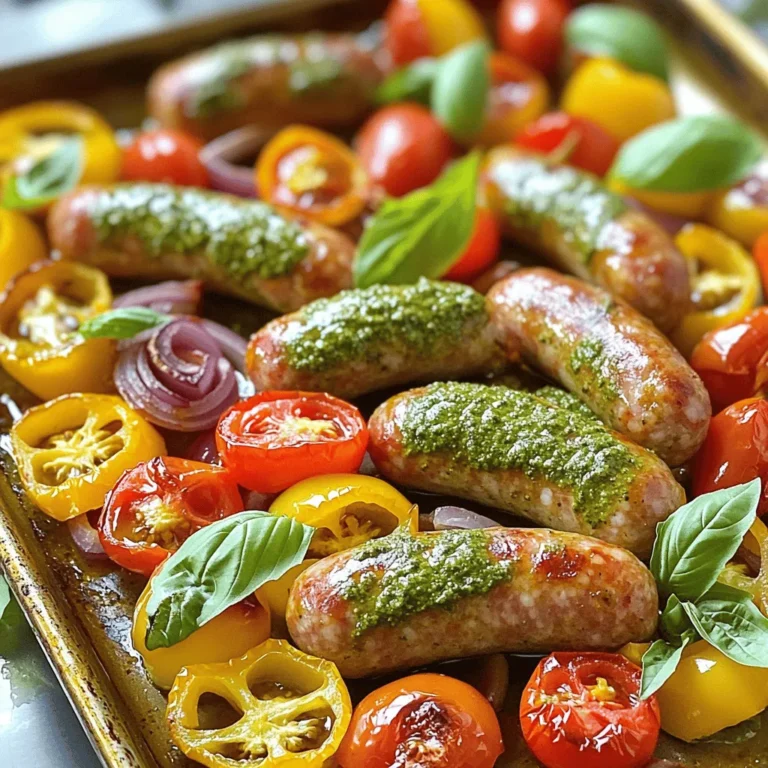 - 1 lb Italian chicken or turkey sausages - 1 red bell pepper, sliced - 1 yellow bell pepper, sliced - 1 small red onion, sliced - 2 cups cherry tomatoes, halved - 2 tablespoons olive oil - 1/2 cup basil pesto (store-bought or homemade) - 1 teaspoon garlic powder - 1 teaspoon paprika - Salt and pepper to taste - Fresh basil leaves for garnish To make Sheet Pan Pesto Sausage & Peppers, gather these fresh ingredients. The sausages add a hearty touch. The bell peppers and onion bring color and crunch. Cherry tomatoes add sweetness and juiciness. Olive oil helps everything roast nicely. Pesto gives it a rich flavor. The spices, garlic powder and paprika, enhance the taste. - If you prefer a different meat, try chicken or turkey sausages. They are lean and tasty. - For a veggie twist, swap sausages with chickpeas or lentils. This gives you protein from plants. - Use zucchini or asparagus instead of bell peppers for different flavors. - Cherry tomatoes can be replaced with diced regular tomatoes for a similar effect. - A large sheet pan is essential for even cooking. - Parchment paper makes clean-up easier and prevents sticking. - Mixing bowls help combine your veggies and spices well. These tools make the cooking process smooth and fun. You’ll have a delicious meal ready in no time! 1. Preheat your oven to 400°F (200°C). This heat will help roast the veggies and cook the sausages well. 2. Line a large baking sheet with parchment paper. This makes cleaning easy and keeps your food from sticking. 1. In a large bowl, mix the sliced bell peppers, red onion, and cherry tomatoes. 2. Drizzle olive oil over the veggies. Add garlic powder, paprika, salt, and pepper. Toss until all veggies are coated. 3. Place the sausages on the baking sheet. Surround them with the seasoned vegetables. Make sure they have space to cook evenly. 1. Spoon basil pesto over the sausages. Cover them well with the sauce. 2. Bake in the oven for 25-30 minutes. Stir halfway through cooking to ensure even heat. Check that the sausages reach 165°F (74°C) to be safe to eat. To make sure everything cooks well, stir halfway through baking. This helps the veggies and sausages cook evenly. You should also check that the sausages are done. Use a meat thermometer. The sausages should reach 165°F (74°C). This keeps the meal safe and tasty. You can use homemade pesto for a fresh taste. Store-bought pesto is quick and easy, too. Both options work well. To add more flavor, try adding spices like oregano or thyme. Fresh herbs can make the dish pop. A sprinkle of red pepper flakes adds heat. Pair this dish with rice or quinoa for a full meal. A simple green salad also works great. For presentation, serve on a large platter. Garnish with fresh basil leaves for color. This makes your meal look even more inviting. {{image_2}} You can swap Italian chicken sausages for turkey sausages. Turkey sausages are leaner but still tasty. For a vegetarian twist, try plant-based sausage. These options work well with the pesto and veggies. You can change the veggies based on the season. In spring, use asparagus and snap peas. In fall, try butternut squash and Brussels sprouts. Just remember to adjust cooking times. Harder veggies may need extra time in the oven. Add Italian herbs for more flavor. Oregano and thyme mix well with pesto. You can also explore different pesto flavors. Try sun-dried tomato or spinach pesto for a fresh taste. Each type can give a new twist to this dish. To keep your sheet pan pesto sausage and peppers fresh, store them in the fridge. Use an airtight container for best results. This helps keep out air and moisture. Make sure to cool the dish to room temperature before sealing it away. The flavors meld even more as it sits. When reheating, use the oven or microwave. For the oven, set it to 350°F (175°C) and heat for about 10-15 minutes. If using a microwave, heat in short bursts, stirring in between. If you want to save some for later, you can freeze leftovers. First, let the dish cool completely. Then, portion it into freezer-safe bags or containers. Be sure to remove as much air as possible to prevent freezer burn. To thaw, place it in the fridge overnight. You can also use the microwave for a quick thaw. Just be careful not to cook it during the thawing process. In the fridge, your dish will last about 3-4 days. Always check for signs of spoilage. If you see any mold or if the smell is off, it’s best to toss it. Freshness is key to enjoying the flavors. It takes about 40 minutes to make this dish. You need 10 minutes to prep. The cooking time in the oven is 25-30 minutes. Preheat your oven to 400°F (200°C) first. This helps the dish cook evenly and quickly. Yes, you can use other types of sausage. Try pork, beef, or even plant-based sausages. Each type gives a different flavor to the dish. Just make sure they are fully cooked before serving. Yes, this dish can be gluten-free. The main ingredients, like sausage and vegetables, are gluten-free. However, check the ingredients in the pesto. Some store-bought pestos may have gluten. If you want, you can make your own pesto to be safe. In this post, we explored how to create a tasty sheet pan pesto sausage and peppers dish. We covered the essential ingredients and their substitutions, recommended tools, and easy step-by-step instructions. I shared tips for even cooking and ways to enhance flavors. We also discussed variations and storage options. This dish is fun to make and easy to adapt to your tastes. Whether you use different proteins or seasonal veggies, your meal will always shine. Enjoy experimenting with this recipe, and happy cooking!