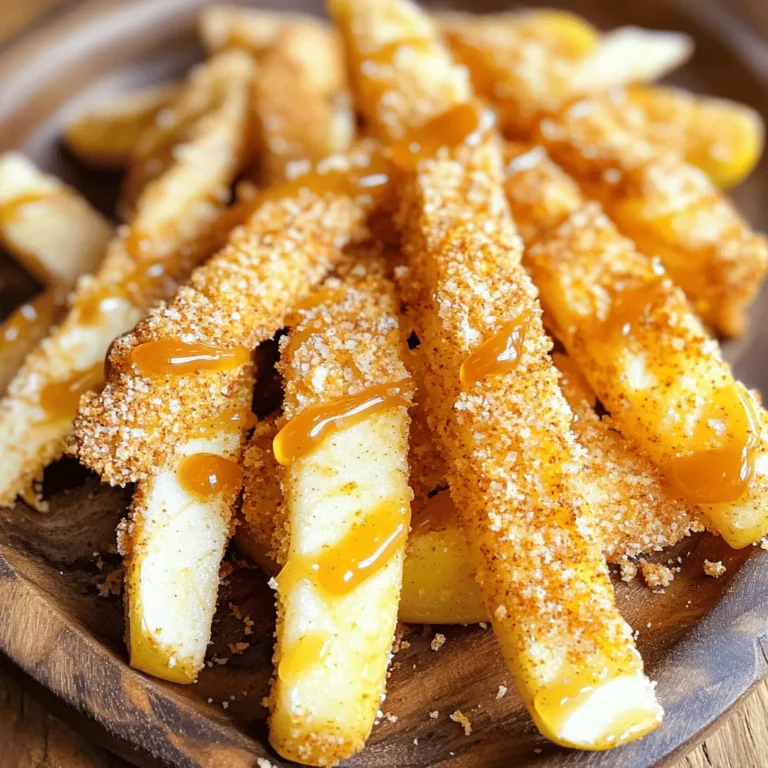- 3 medium apples (Fuji or Honeycrisp) - 1/2 cup all-purpose flour - 1 teaspoon cinnamon - 1/2 teaspoon nutmeg - 1/4 cup granulated sugar - 2 large eggs - 1 cup breadcrumbs (preferably panko) - Cooking spray - Optional: caramel or chocolate sauce for dipping To make these apple fries, you need a few simple ingredients. Start with three medium apples. I love using Fuji or Honeycrisp apples. They are sweet and juicy. You also need half a cup of all-purpose flour. This forms the first coat on the apple slices. Next, grab a teaspoon of cinnamon and half a teaspoon of nutmeg. These spices add warmth and flavor. You will also need a quarter cup of granulated sugar to sweeten the mix. Two large eggs will help the coating stick to the apple slices. For crunch, one cup of panko breadcrumbs works best. Panko gives a light and crispy texture. Don't forget cooking spray! It prevents the fries from sticking in the air fryer. If you want to make it extra special, have some caramel or chocolate sauce for dipping. With these ingredients, you can create a fun and tasty snack. So gather everything, and let’s get cooking! To make apple fries, you need to start with fresh apples. I recommend using Fuji or Honeycrisp apples. These apples are sweet and firm, which gives a great texture. To peel the apples, grab a good peeler. Run it down the apple until the skin is gone. Next, slice the apples into fry shapes. Aim for thin, even slices to ensure they cook well. Each slice should be about a quarter-inch thick to get that perfect crunch. Now, let's set up your dredging station. You will need three shallow bowls. In the first bowl, mix half a cup of flour, one teaspoon of cinnamon, half a teaspoon of nutmeg, and a quarter cup of sugar. Stir them well to combine. In the second bowl, beat two large eggs until they look frothy. The third bowl will hold one cup of breadcrumbs. I suggest using panko for extra crunch. Take each apple slice, dip it in the flour mix, and coat it well. Shake off any extra flour. Next, dip it in the egg mixture, letting the excess drip off. Finally, roll the apple slice in the breadcrumbs. Make sure every side is covered. Repeat this for all the slices. Preheat your air fryer to 375°F (190°C) for about five minutes. This step is key for crispy apple fries. Once preheated, lightly spray the air fryer basket with cooking spray. This helps prevent sticking. Place the coated apple fries in a single layer in the basket. Leave space between each piece to allow air to circulate. Cook the apple fries for 10-12 minutes. Remember to flip them halfway through. This ensures they get golden brown on both sides. Check them for doneness. They should be crispy and lightly browned. When ready, take them out and enjoy while warm. You can dip them in caramel or chocolate sauce for extra delight. Using panko breadcrumbs is key for crispiness. Panko is lighter than regular breadcrumbs. This helps your apple fries become extra crunchy. For the best results, preheat your air fryer to 375°F. Preheating ensures even cooking and a golden finish. You can add more flavor with spices. Consider using a dash of nutmeg or a pinch of cayenne. These spices add warmth and depth. The type of apple also affects sweetness. Fuji or Honeycrisp apples are sweet and perfect for this dish. If you use tart apples, add a bit more sugar to balance the taste. For dipping, caramel sauce is a classic choice. It adds a rich sweetness that pairs perfectly. Chocolate sauce is also a fun option. You can serve apple fries as a snack or dessert. They also work well as a side for a meal, like a salad or grilled chicken. {{image_2}} You can make Air Fryer Apple Fries healthier. Try using whole wheat flour instead of all-purpose flour. Whole wheat flour adds fiber and nutrients to your snack. If you want a nutty flavor, use almond flour. It gives a unique taste and is gluten-free. To cut down on sugar, use a smaller amount. You can also swap granulated sugar for a natural sweetener, like honey or maple syrup. This way, you keep the sweetness but reduce refined sugars. Want to mix things up? Add a splash of vanilla extract to the egg mixture. This gives your apple fries a lovely, sweet aroma. You can also sprinkle in more spices, like ginger or cardamom, for a twist. If you’re feeling adventurous, make a savory version. Try adding cheese to the breadcrumbs. Grated Parmesan or cheddar adds a rich flavor. It makes for a fun snack that balances sweet and savory. Presentation matters! Serve apple fries in a fun way. Use a colorful bowl or a small basket for a cute look. You can even create a fruit platter by adding other fruits next to your apple fries. For garnishing, dust some powdered sugar on top. It looks pretty and adds sweetness. You can also drizzle caramel or chocolate sauce over them. These simple touches make your snack not only tasty but also visually appealing! After you enjoy your apple fries, store the leftovers in an airtight container. This keeps them fresh. Place them in the fridge. They will stay good for about 2 to 3 days. If you want to keep them longer, freeze them. They can last up to a month in the freezer. To reheat the apple fries, use your air fryer or oven. If using the air fryer, set it to 350°F (175°C). Place the apple fries in a single layer. Heat for about 5-7 minutes, until warm and crispy. If using an oven, preheat it to 350°F (175°C). Spread the apple fries on a baking sheet. Heat for 10-12 minutes, flipping them halfway. This helps keep them crispy and tasty. You can make these fries gluten-free by using almond flour or coconut flour instead of all-purpose flour. For breadcrumbs, use gluten-free panko or crushed gluten-free cereal. Both options give a nice crunch and flavor. Yes, you can try pears, peaches, or bananas. Each fruit gives a different taste and texture. Just slice them into fry shapes like apples. Adjust cooking time based on the fruit you choose. Thinner slices cook faster. Popular sauces include caramel sauce, chocolate sauce, or even yogurt dip. You can make a simple yogurt dip by mixing plain yogurt with a dash of honey and cinnamon. It adds a nice creamy touch to the sweet fries. These Air Fryer Apple Fries are a fun, tasty treat you can make easily. We covered the ingredients, step-by-step directions, and tips for the perfect batch. Don't forget to experiment with spices and dipping sauces for a unique twist! If you follow the steps, you’ll enjoy delicious, crispy apple fries every time. Remember, your choice of apples and breadcrumbs affects the final taste. Enjoy your sweet snack or share it with friends!