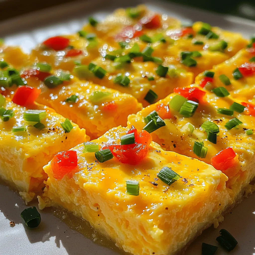 - 6 large eggs - 1 cup milk - 1 cup shredded cheddar cheese - 1 cup diced bell peppers (mix of red, green, and yellow) - 1 cup cooked and crumbled sausage (or substitute with spinach for a vegetarian option) - 1/2 cup chopped green onions - 1 teaspoon garlic powder - 1 teaspoon onion powder - Salt and pepper to taste - 1 tablespoon olive oil This Cheesy Egg Bake needs simple, fresh ingredients. The eggs provide the base. They create a fluffy texture and rich flavor. Milk adds creaminess, making it soft and smooth. Cheese takes it to another level with its melty goodness. I prefer using shredded cheddar for its sharp taste. The bell peppers give a bright color and crunch. You can use any mix you like. If you want protein, add cooked sausage. For a veggie option, spinach works great too. Green onions bring a nice, mild onion flavor. Seasonings are just as important. Garlic and onion powder add depth to the dish. Salt and pepper balance all the flavors. Lastly, olive oil helps your dish not stick to the pan. Keep it simple, and you’ll have a tasty breakfast ready in no time! 1. Preheating the Oven Start by preheating your oven to 350°F (175°C). This step is key. It makes sure your egg bake cooks evenly. 2. Greasing the Baking Dish Next, take a 9x13 inch baking dish. Use 1 tablespoon of olive oil to grease it. This helps prevent sticking and makes for easy serving. 1. Whisking Eggs and Milk In a large bowl, crack 6 large eggs. Add 1 cup of milk. Whisk them together well. Make sure they are mixed smoothly. 2. Adding Cheese and Seasoning Now, stir in 1 cup of shredded cheddar cheese. Add 1 teaspoon of garlic powder and 1 teaspoon of onion powder. Don’t forget salt and pepper to taste. Mix until everything is well combined. 1. Incorporating Vegetables and Sausage Fold in 1 cup of diced bell peppers, 1 cup of cooked crumbled sausage (or spinach for a veggie twist), and 1/2 cup of chopped green onions. Ensure they are mixed evenly in the egg mixture. 2. Pouring into Baking Dish Carefully pour the egg mixture into the greased baking dish. Spread it out evenly for even cooking. 1. Baking Time and Temperature Place the dish in the preheated oven. Bake for 25-30 minutes. 2. Checking Doneness Check if the eggs are set and the top is golden brown. This means your cheesy egg bake is ready. Let it cool for a few minutes before slicing. How to Avoid Overcooking To keep your Cheesy Egg Bake moist, check it at 25 minutes. The eggs should be just set, not dry. If the top looks golden and puffy, it’s usually ready. Always use a toothpick to test the center. If it comes out clean, it's perfect! Ideal Oven Position Place the baking dish in the center of your oven. This helps the heat circulate evenly. If you put it too high or low, the bake may cook unevenly. Centering it ensures a nice rise and even browning. How to Present the Dish When serving, cut the Cheesy Egg Bake into squares. Use a colorful plate to make it pop. You can add a sprinkle of extra green onions or cheese on top. This makes your dish look fresh and inviting. Recommended Sides Pair your Cheesy Egg Bake with a side salad or some fresh fruit. A light salad adds crunch, while fruit brings sweetness. These sides balance the richness of the eggs and cheese, making your meal complete. {{image_2}} You can use many types of cheese in a cheesy egg bake. Cheddar is classic, but don’t stop there. Try mozzarella for a stringy, gooey texture. Swiss cheese adds a nutty flavor. You could even use feta for a tangy kick. Mix and match to find your favorite blend. Adding vegetables can boost flavor and nutrition. Bell peppers are great, but you can add more. Spinach brings a nice color and taste. Mushrooms add a savory depth. Zucchini can add moisture, while tomatoes can brighten the dish. Get creative with what you have! If you're looking for vegetarian options, use spinach instead of sausage. It blends well and keeps the dish light. You can also add beans for extra protein. For meat lovers, try turkey sausage for a leaner choice. It keeps the same great taste with less fat. To keep your Cheesy Egg Bake fresh, place leftovers in an airtight container. Store them in the fridge. It’s best to eat leftovers within three days. Make sure the dish cools before sealing it. This helps prevent moisture buildup, which can make it soggy. To reheat your Cheesy Egg Bake, use the oven for the best flavor and texture. Preheat your oven to 350°F (175°C). Place the slices on a baking sheet. Cover them with foil to keep moisture in. Heat for about 10-15 minutes. Check that the center is warm before serving. Is It Freezable? Yes, you can freeze Cheesy Egg Bake. It holds up well when frozen. How to Freeze Properly Let the dish cool completely before freezing. Cut it into squares for easy serving. Wrap each square in plastic wrap, then place them in a freezer-safe bag. Label the bag with the date. Enjoy within three months for the best taste. Can I make this recipe ahead of time? Yes, you can prepare the Cheesy Egg Bake a day in advance. Just follow the recipe and store it in the fridge before baking. On the day you want to serve it, take it out and let it sit for about 15 minutes. Bake as directed. This helps the flavors blend well. What can I use as a substitute for milk? If you need a milk substitute, choose almond milk, soy milk, or oat milk. Each option adds a unique taste but keeps the dish creamy. You can also use water if you’re in a pinch. It won't be as rich, but it still works. Is Cheesy Egg Bake healthy? This dish can be a healthy choice, depending on what you add. Eggs are a great source of protein. Adding vegetables boosts fiber and vitamins. Using lean sausage or spinach makes it even better. Just watch the cheese and salt if you're counting calories. What is the calorie count per serving? Each serving has about 200-250 calories. This can change based on the sausage or cheese you use. If you swap in veggies, you might lower the count. Always check labels for the best info. How to adjust cooking time for different ovens? Ovens can vary a lot. If your oven runs hot, check the bake after 20 minutes. If it’s cooler, it might need a few extra minutes. Always look for a golden top and firm eggs. A toothpick test can help too; it should come out clean. Can I make this recipe without eggs? Yes, you can! Use a mixture of silken tofu and a bit of baking powder as an egg replacement. Blend until smooth and follow the rest of the recipe. This makes a tasty vegan version. Just be aware that the texture will change. This blog post covered recipes for a cheesy egg bake. We discussed ingredients, from eggs and cheese to vegetables and seasonings. I detailed preparation steps and final assembly, ensuring you know how to bake it right. Remember, you can mix it up with different cheeses and veggies. This dish is flexible and easy to store. Try it for breakfast or brunch. Enjoy creating your cheesy egg bake that suits your taste!