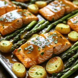 For this tasty dish, you need simple and fresh ingredients. Here’s what to gather: - 4 salmon fillets (about 6 oz each) - 1 pound asparagus, trimmed - 1 pound baby potatoes, halved These main ingredients shine and make this meal special. Salmon gives a rich taste. Asparagus adds a nice crunch, and potatoes are hearty. The magic of this dish lies in the marinade. You will need: - 1/4 cup pure maple syrup - 2 tablespoons Dijon mustard - 2 tablespoons olive oil - 1 teaspoon garlic powder - 1 teaspoon onion powder - Salt and pepper to taste Mix these to create a sweet and tangy flavor. The maple syrup brings sweetness, while Dijon mustard adds zest. Olive oil keeps everything moist and flavorful. To finish this dish, consider using fresh herbs. A sprinkle of fresh parsley adds color and brightness. It also gives a fresh taste. You can use it to make your meal look even more inviting. Enjoy your Maple Dijon Salmon Sheet Pan Dinner! First, set your oven to 400°F (200°C). This heat is perfect for baking. Next, grab a large sheet pan. Line it with parchment paper or foil. This makes cleanup quick and easy. In a small bowl, mix together the following: - 1/4 cup pure maple syrup - 2 tablespoons Dijon mustard - 2 tablespoons olive oil - 1 teaspoon garlic powder - 1 teaspoon onion powder - Salt and pepper to taste Whisk these ingredients until smooth. This marinade adds great flavor to the salmon. Place the 4 salmon fillets on one side of the sheet pan. Pour half of the maple Dijon marinade over the salmon. Make sure each fillet gets coated well. In another bowl, toss 1 pound of halved baby potatoes and 1 pound of trimmed asparagus with the rest of the marinade. Spread them out on the other side of the sheet pan. This helps them cook evenly. Now it’s time to bake! Place the sheet pan in the oven. Bake for 15-20 minutes. The salmon should flake easily with a fork. Check that the potatoes are tender, and the asparagus is bright green. Once done, take the pan out of the oven. Let it rest for a few minutes. Finally, garnish with fresh parsley before serving. Enjoy your delightful meal! To season salmon well, you need a good balance. The maple syrup adds sweetness, while the Dijon mustard gives a nice tang. Mix them with olive oil, garlic powder, onion powder, salt, and pepper. This mix coats the salmon well. Use enough to cover each fillet. Don’t be shy; flavor enhances the dish. Let the salmon sit for a few minutes to absorb the marinade. This step makes a big difference. For the best texture, cut baby potatoes in half. This helps them cook evenly. Toss both the potatoes and asparagus in the same maple Dijon mix. Spread them out on the sheet pan. Make sure they have space around them. This allows hot air to circulate. Bake until the potatoes are soft and the asparagus is bright green. You want them tender but not mushy. That slight crispiness gives great texture. Store leftovers in an airtight container. This keeps the salmon and veggies fresh. You can keep them for up to three days in the fridge. When you reheat, do so gently. Use the microwave for a quick option, but the oven is best. Preheat the oven to 350°F (175°C) and warm for about 10-15 minutes. This brings back the texture and flavor. Avoid overheating, as it can dry out the fish. {{image_2}} You can swap salmon for other fish. Cod and trout work well. They have a mild taste. Both fish cook in the same time as salmon. This keeps meal prep easy. Make sure to adjust the cooking time. Thicker fillets may need more time. Always check for doneness by flaking with a fork. You can change the veggies, too! Try broccoli, bell peppers, or green beans. Carrots add a nice crunch and sweetness. Zucchini and cherry tomatoes also roast well. Just remember to cut them into similar sizes. This helps them cook evenly. Mix up the marinade for fun flavors! Try honey instead of maple syrup for a sweet twist. Add soy sauce for a salty kick. A splash of lemon juice adds brightness. You can also use herbs like dill or thyme. These can give your dish a fresh taste. Experiment with different flavors to find your favorite! After enjoying your Maple Dijon Salmon, store leftovers in an airtight container. Make sure to cool the dish first. You can keep it in the fridge for up to three days. If you want to save it longer, freezing is a great option. To reheat, use your oven or microwave. For the oven, preheat it to 350°F (175°C). Place the salmon and veggies on a baking sheet. Heat for about 10-15 minutes. This helps keep the texture nice. If using a microwave, heat in short bursts, checking often to avoid overcooking. If you freeze the salmon and veggies, wrap them tightly in plastic wrap. Use a freezer-safe bag or container too. You can freeze for up to three months. To enjoy, thaw overnight in the fridge. Reheat as mentioned earlier for tasty results. Yes, you can use frozen salmon. Just thaw it first. Place it in the fridge overnight to defrost. For quick thawing, you can seal it in a bag and submerge it in cold water for about an hour. Once thawed, pat it dry before adding the maple Dijon marinade. You can add many sides to this sheet pan. Here are some tasty options: - Broccoli florets - Bell peppers, sliced - Carrots, cut into sticks - Cherry tomatoes - Zucchini, sliced These vegetables also roast well and bring great flavor. Salmon cooks quickly in the oven. It usually takes about 15-20 minutes at 400°F. The salmon is done when it flakes easily with a fork. Always check the thickest part of the fillet for doneness. Yes, this recipe is great for meal prep. The salmon and veggies store well. You can keep leftovers in an airtight container in the fridge for up to three days. Just reheat in the oven or microwave for a quick meal. This recipe for Maple Dijon Salmon is simple and fun. You learned about key ingredients and how to make a tasty marinade. I shared step-by-step instructions, tips, and even ideas for variations. You can swap out salmon or veggies to fit your taste. Proper storage and reheating tips keep your meals fresh. Cooking this dish will impress your family and friends. Enjoy making great meals while having fun in the kitchen!