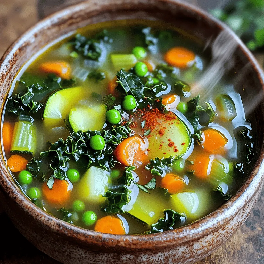 To make this delightful soup, gather these ingredients: - 1 tablespoon olive oil - 1 medium onion, chopped - 3 garlic cloves, minced - 2 medium carrots, diced - 2 stalks celery, diced - 1 medium zucchini, chopped - 1 cup green peas (fresh or frozen) - 1 cup kale, chopped - 4 cups vegetable broth - 2 bay leaves - 1 teaspoon dried thyme - 1 teaspoon smoked paprika - Salt and pepper to taste - 1 tablespoon lemon juice - 1 tablespoon nutritional yeast (optional) - 2 tablespoons fresh parsley, chopped (for garnish) You can enhance the flavor of your soup with these extras: - A dash of hot sauce for heat - A sprinkle of fresh herbs like dill or basil - A touch of coconut milk for creaminess These options let you play with taste and make it your own. If you lack some ingredients, here are simple swaps: - Use any oil instead of olive oil, like avocado oil. - Swap zucchini with yellow squash or bell peppers. - For vegetable broth, use chicken broth or water with seasonings. - Kale can be replaced with spinach or Swiss chard. - If you want a cheesy taste, you can use grated Parmesan instead of nutritional yeast. These ideas help you adapt the recipe to what you have on hand. Enjoy your cooking! 1. Start by heating 1 tablespoon of olive oil in a large pot over medium heat. 2. Add 1 medium chopped onion. Sauté it until it turns translucent, about 5 minutes. 3. Next, add 3 minced garlic cloves. Cook for about 1 minute until you smell it. 4. Stir in 2 diced medium carrots and 2 diced stalks of celery. Cook for 5-7 minutes. 5. Add 1 chopped medium zucchini and 1 cup of green peas. Cook for 3-4 minutes, stirring often. 6. Pour in 4 cups of vegetable broth and add 2 bay leaves, 1 teaspoon dried thyme, and 1 teaspoon smoked paprika. 7. Season with salt and pepper, then bring the soup to a boil. 8. Once it boils, lower the heat. Add 1 cup of chopped kale and let it simmer for 15-20 minutes. 9. Stir in 1 tablespoon of lemon juice and 1 tablespoon of nutritional yeast if you want a cheesy flavor. 10. Taste the soup and adjust the seasoning if needed. 11. Remove the bay leaves before serving. 12. Serve hot, garnished with 2 tablespoons of fresh chopped parsley for a lovely touch. - When the onion turns translucent, that means it’s ready for the next step. - You want the carrots and celery to soften but not mush. - The soup should boil rapidly before you lower the heat. - Look for the kale to become tender during the simmering time. - Ensure you chop your veggies evenly. This helps them cook at the same rate. - If you like a thicker soup, mash some of the peas or carrots with a fork. - Adjust the salt and pepper at the end for the best flavor. - Let the soup sit for a few minutes before serving to deepen the taste. To make your vegetables shine in Mystical Witch Soup, start fresh. Choose firm and colorful veggies. Wash them well to remove dirt. Cut them evenly so they cook at the same rate. For the onion, chop it small for a nice base flavor. Mince garlic finely to release its strong aroma. Dice carrots and celery into small pieces for a sweet crunch. Chop zucchini into bite-sized bits so it cooks fast. Taste as you cook. Start with less salt and add more later. If you like it spicy, add a pinch of cayenne. For a richer flavor, try adding more smoked paprika. Lemon juice brightens the soup; add more if you want it tangy. Nutritional yeast gives a cheesy taste; add it if you like. Remember, flavors deepen as the soup simmers, so be patient. Use a large pot for even heat. A heavy-bottom pot works best to avoid burning. A wooden spoon is great for stirring and won’t scratch your pot. Don’t forget a sharp knife for easy chopping. A cutting board helps keep your workspace tidy. If you have an immersion blender, use it for a creamy texture. Just blend the soup for a few seconds before serving for a smooth finish. {{image_2}} To make Mystical Witch Soup heartier, you can add protein. Cooked beans or lentils work well. You can also include diced potatoes for added texture. For a meaty flavor, try adding shredded chicken or sausage. These ingredients will make your soup filling and satisfying. This soup is easy to make vegan and gluten-free. Use vegetable broth and skip the nutritional yeast for a dairy-free option. Ensure any added ingredients are gluten-free. Quinoa can replace pasta or grains if you want more substance. You can also add other veggies like bell peppers or corn for variety. Change the soup with the seasons. In spring, add fresh asparagus and peas. In summer, use ripe tomatoes and corn for sweetness. Fall is great for squash and sweet potatoes. In winter, add root vegetables like parsnips and turnips. These swaps keep the soup fresh and exciting all year long. To keep your Mystical Witch Soup fresh, store it in an airtight container. Make sure to cool the soup to room temperature before sealing it. This helps prevent moisture build-up and keeps your soup tasty. Leftovers will stay good in the fridge for about 3 to 5 days. Freezing is a great way to save extra soup. First, let the soup cool completely. Then, pour it into freezer-safe bags or containers. Make sure to leave some space at the top, as the soup will expand when frozen. Label the bags with the date and type. The soup can be frozen for up to 3 months. When it’s time to enjoy your soup again, reheating it is simple. If it’s frozen, thaw it in the fridge overnight. To heat, pour the soup into a pot over low heat. Stir often to avoid sticking. You can also microwave it in a bowl, covered with a lid. Heat for 2-3 minutes, stirring halfway through. Make sure it’s hot all the way through before serving. What if I don't have kale? You can use spinach or Swiss chard instead. Both will add great taste. How can I make it spicier? Add a pinch of red pepper flakes while cooking. This will give it a kick. Can I use chicken broth instead of vegetable broth? Yes, chicken broth works well for added flavor. What if my soup is too thick? Add more vegetable broth or water to thin it out. Stir well to mix. Mystical Witch Soup is packed with good nutrients. Each serving has about: - Calories: 150 - Fiber: 5g - Protein: 4g - Iron: 10% of daily needs This soup is low in calories but high in vitamins. The veggies offer fiber, which helps digestion. Kale is great for bones and skin. I love serving this soup with crusty bread. A slice of sourdough adds a nice crunch. You can also pair it with a simple green salad. Mix greens, tomatoes, and a light vinaigrette for freshness. For a fun twist, try adding some roasted chickpeas on top. They add crunch and protein, making the meal heartier. In this article, we explored the ingredients and steps to create Mystical Witch Soup. You learned how to enhance flavors and make substitutions. I shared tips for cooking and adjusting the recipe to your taste. We also discussed ways to make your soup hearty and even vegan-friendly. Remember, proper storage keeps the soup fresh for future meals. With this knowledge, you can enjoy your unique version of Mystical Witch Soup and impress others with your cooking skills. Cook with confidence and enjoy every bite!