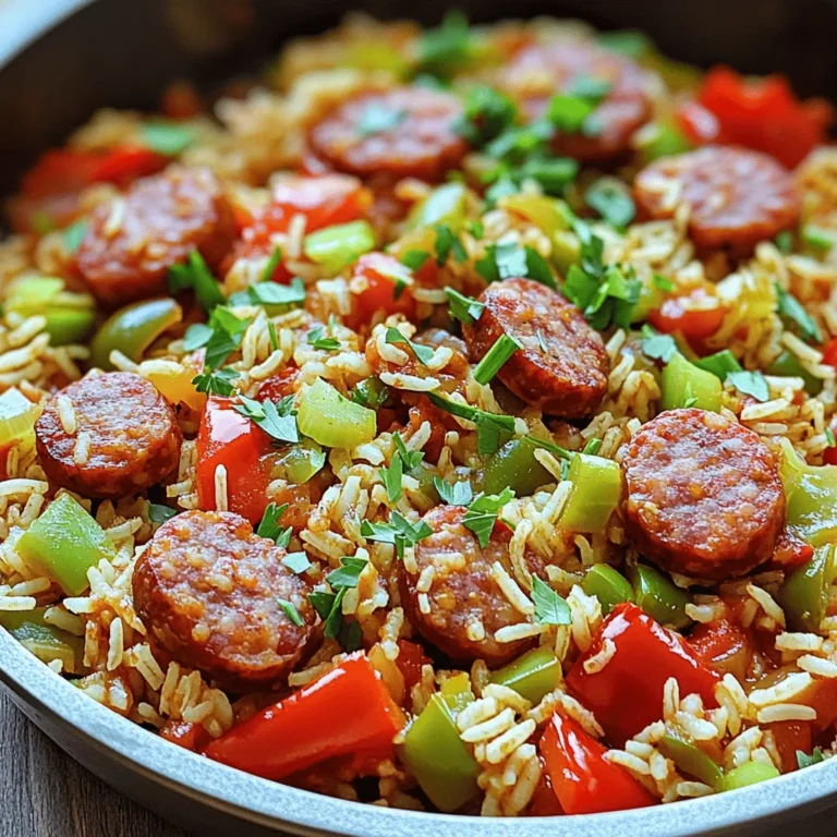 - 1 lb smoked sausage (chicken or turkey), sliced - 1 cup long-grain rice - 1 medium onion, diced - 1 bell pepper (red or green), diced - 2 cloves garlic, minced - 1 can (14 oz) diced tomatoes with green chilies - 2 cups chicken broth - 2 teaspoons Cajun spice blend (store-bought or homemade) - 1 teaspoon dried thyme - 1 teaspoon paprika - 1 bay leaf - Salt and pepper to taste - 2 green onions, chopped (for garnish) - 2 tablespoons olive oil The smoked sausage gives this dish a rich, savory flavor. You can use chicken or turkey sausage for a lighter touch. The long-grain rice cooks well and absorbs all the flavors. Diced tomatoes with green chilies add a nice kick. The Cajun spice blend brings warmth and depth. Using fresh garlic and onion enhances the overall taste. Fresh ingredients shine in this recipe. Use fresh garlic, onion, and bell pepper for the best taste. Canned tomatoes are a great shortcut. They save time and still pack flavor. If you want less sodium, choose low-sodium chicken broth. You can also make your Cajun spice blend at home for a personal touch. Start by gathering all your ingredients. You need: - 1 lb smoked sausage (chicken or turkey), sliced - 1 cup long-grain rice - 1 medium onion, diced - 1 bell pepper (red or green), diced - 2 cloves garlic, minced - 1 can (14 oz) diced tomatoes with green chilies - 2 cups chicken broth - 2 teaspoons Cajun spice blend - 1 teaspoon dried thyme - 1 teaspoon paprika - 1 bay leaf - Salt and pepper to taste - 2 green onions, chopped (for garnish) - 2 tablespoons olive oil Make sure to chop the onion, bell pepper, and garlic. This step makes cooking easier. It also helps release those yummy flavors. In a large skillet, heat the olive oil over medium heat. Once the oil is hot, add the sliced sausage. Cook for about 5-7 minutes until the sausage is brown. This step adds a rich flavor. After browning, remove the sausage and set it aside. In the same skillet, add the diced onion and bell pepper. Sauté for 3-5 minutes until soft. Then, add the minced garlic. Cook it for one more minute. Stir well to keep the garlic from burning. Now it’s time to add the rice. Stir in the long-grain rice and cook for 2-3 minutes. This step helps the rice absorb the flavors. You want it to look a bit translucent. Next, pour in the diced tomatoes with their juices and chicken broth. Add the Cajun spice blend, dried thyme, paprika, and bay leaf. Mix everything well. Bring this mixture to a boil. Then, reduce the heat to low and cover the skillet. Let it simmer for about 20-25 minutes. This time helps the rice cook and soak up the liquid. When the rice is tender, remove the bay leaf. Add the browned sausage back to the skillet. Stir everything together to heat it through. Season with salt and pepper to taste. Let it sit, covered, off the heat for another 5 minutes. Finally, fluff the rice with a fork. Sprinkle the chopped green onions on top before serving. Enjoy your flavorful one-pan meal! To cook rice just right, rinse it well before use. This removes excess starch and helps prevent stickiness. Use long-grain rice for fluffy results. The ratio of rice to liquid is key. For this dish, use 1 cup of rice to 2 cups of broth. Always let the rice simmer covered. This traps steam and helps it cook evenly. After cooking, let it sit off the heat. This extra time allows the flavors to blend. Cajun food can pack a punch. To control the heat, adjust the Cajun spice blend. Start with 1 teaspoon if you prefer mild flavors. You can add more later if needed. For extra heat, include chopped jalapeños or red pepper flakes. Taste as you go to find your ideal spice level. Remember, you can always add more, but removing spice is hard. A large skillet is your best friend for this recipe. Choose one with a lid for even cooking. A wooden spoon helps you stir and combine well. Use a sharp knife for chopping veggies. A measuring cup ensures you get the right amounts. Store leftovers in an airtight container for easy storage. These simple tools make cooking easy and fun. {{image_2}} You can switch up the protein in this dish. Shrimp adds a nice touch. Just add it in during the last few minutes of cooking. Beef works well too. Use ground beef or diced steak for a heartier meal. Adjust the cooking time as needed. Both options bring new flavors to the skillet. For a vegetarian twist, use plant-based sausage. It gives a similar texture and taste. You can also load up on veggies. Try adding zucchini, carrots, or mushrooms. For a vegan option, replace chicken broth with vegetable broth. This keeps the dish rich and tasty without the meat. To boost the flavor, add more spices. Try cayenne pepper for heat or smoked paprika for depth. Fresh herbs like parsley or cilantro brighten the dish. You can also toss in more vegetables. Spinach or kale cook down nicely and add nutrients. These small changes make a big difference in taste and nutrition. After enjoying your Cajun sausage and rice skillet, store leftovers right away. Let the dish cool to room temperature. Then, place it in an airtight container. This keeps the flavors fresh. Use a glass or plastic container that seals well. It’s best to eat your leftovers within three days for the best taste. To reheat, you have a few options. The stovetop works well. Just place the skillet over low heat. Add a splash of chicken broth or water to add moisture. Stir often until heated through. You can also use the microwave. Place a portion in a microwave-safe bowl. Cover it with a damp paper towel. Heat in 30-second bursts until hot. If you want to save some for later, freezing is great. First, let the dish cool completely. Portion it into freezer-safe containers. Leave some space at the top, as the rice will expand. Label the containers with the date. You can freeze it for up to three months. When you’re ready to eat, thaw it in the fridge overnight before reheating. Yes, you can use brown rice. However, brown rice takes longer to cook. You will need about 45-50 minutes of simmering time. Make sure to add more liquid, about 2.5 cups for 1 cup of brown rice. This helps the rice cook well and absorb all the flavors. If you don't have Cajun spice, you can make your own blend. Mix equal parts of paprika, garlic powder, onion powder, and dried oregano. Add a pinch of cayenne for heat. You can also use chili powder or Creole seasoning as alternatives. Each option brings a unique flavor to your dish. To make this dish a complete meal, add more veggies. Consider adding spinach, zucchini, or mushrooms. You can also serve it with a side salad or some crusty bread. This adds freshness and balance to your meal. The protein from the sausage and the fiber from the rice make it hearty too. In this article, we explored the key ingredients and provided tips for perfect rice dishes. We covered how to prep your ingredients, cook sausage and vegetables, and combine everything for the right texture. You learned about variations like protein alternatives and vegan options. Remember, cooking is not just about following steps. It's about finding what works for you and making it your own. Enjoy experimenting with flavors and techniques to create a dish that you love. Happy cooking!